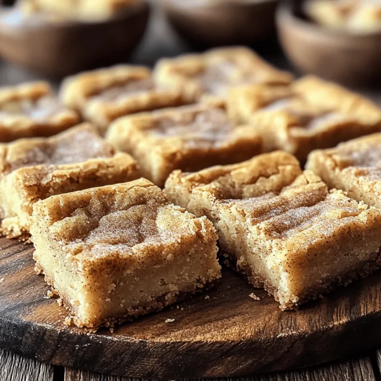 - Unsalted Butter: 1 cup, melted - Sugars: 1 cup packed brown sugar and 1/2 cup granulated sugar - Eggs and Vanilla: 2 large eggs, 2 teaspoons vanilla extract - Dry Ingredients: 2 cups all-purpose flour, 1 teaspoon baking powder, 1/2 teaspoon baking soda, 1 teaspoon cream of tartar, 1/2 teaspoon salt - Cinnamon-Sugar Topping: 1 tablespoon ground cinnamon and 1/4 cup granulated sugar Gathering your ingredients is the first step to making these ultra chewy snickerdoodle blondies. I love using unsalted butter, as it lets me control the salt. Melt it down, and it adds a rich flavor. The sugars—brown and granulated—bring out the sweetness and help with that chewy texture. Next, I crack in two large eggs. They give the blondies structure and moisture. Don't forget the vanilla extract! It adds a warm note that pairs perfectly with the cinnamon. For the dry ingredients, I use all-purpose flour, baking powder, baking soda, cream of tartar, and salt. Each plays a key role in making the blondies rise and stay chewy. The cream of tartar is important; it adds that classic tangy flavor found in snickerdoodles. Finally, let's talk about the topping. A mix of ground cinnamon and granulated sugar makes a delightful finish. It gives the blondies that signature snickerdoodle taste. For the full recipe, check the link above. - Preheat your oven to 350°F (175°C). - Grease or line a 9x13-inch baking pan. - In a large bowl, blend the melted butter with brown sugar and granulated sugar. - Make sure the mixture is smooth with no lumps. - Next, add the eggs one at a time. Stir after each egg. - Then, incorporate 2 teaspoons of vanilla extract into the mix. - In another bowl, whisk together the dry ingredients: - 2 cups all-purpose flour - 1 teaspoon baking powder - 1/2 teaspoon baking soda - 1 teaspoon cream of tartar - 1/2 teaspoon salt - Gradually add the dry mixture to the wet ingredients. - Stir gently until just combined. Do not overmix; this keeps the blondies chewy. - Pour the creamy batter into your prepared baking pan. - Use a spatula to spread the batter evenly. - For the cinnamon-sugar topping, mix 1 tablespoon of ground cinnamon with 1/4 cup of granulated sugar. - Sprinkle this mixture over the top of your batter. - Bake for 25-30 minutes. The edges should set and a toothpick should come out with a few moist crumbs. - Let the blondies cool in the pan for about 10 minutes. - Finally, transfer them to a wire rack to cool completely. - Once cool, cut into squares and enjoy the chewy goodness! For the complete recipe, check out the Full Recipe. - Do not overmix the batter. Mix until just combined. Overmixing makes them tough. - Use room temperature eggs. Cold eggs can make the batter lumpy, ruining texture. - Check for doneness with a toothpick. Insert it in the center; it should have some moist crumbs. - Cool properly for ideal texture. Let them cool in the pan for 10 minutes. Then transfer to a rack. This helps keep them chewy. - Pair with ice cream or drizzle with caramel. Both add a tasty twist to your blondies. You can also enjoy them plain for a simple treat. {{image_4}} You can make your Ultra Chewy Snickerdoodle Blondies even more fun! Adding chocolate chips or nuts can change the flavor and texture. Try semi-sweet chocolate chips for a sweet twist. If you love nuts, chopped pecans or walnuts add a nice crunch. You can also experiment with different spices. Mix in some nutmeg or ginger for a unique flavor. Each variation makes it exciting! If you need a gluten-free version, you can use almond flour. It gives a nice nutty taste and keeps the blondies chewy. Just replace the all-purpose flour with the same amount of almond flour. For a vegan alternative, try flax eggs instead of regular eggs. Mix 1 tablespoon of ground flaxseed with 2.5 tablespoons of water for each egg. Let it sit for five minutes to thicken. This keeps the texture soft and moist. You can enjoy these blondies with your own dietary needs! Check out the Full Recipe for more details on how to make these treats! To keep your Ultra Chewy Snickerdoodle Blondies fresh, store them in an airtight container. This helps maintain their soft texture. You can keep them at room temperature for up to four days. If you want them to last longer, place them in the fridge. Just remember, refrigeration can make them a bit firmer. Freezing blondies is easy and keeps them tasty. Follow these steps: 1. Cool Completely: Allow your blondies to cool fully before freezing. This helps them set and keeps their texture. 2. Cut and Wrap: Cut the blondies into squares. Wrap each piece tightly in plastic wrap. This prevents freezer burn. 3. Place in a Container: Put the wrapped blondies in a freezer-safe container. Label it with the date for easy tracking. 4. Freeze: Store them in the freezer for up to three months. When you’re ready to enjoy them, take them out and let them thaw at room temperature. For the best taste, warm them in the microwave for a few seconds. This brings back their chewy texture. Enjoy! These blondies are chewy because of the ingredient ratios. Using more brown sugar than white sugar gives a moist texture. The melted butter adds richness and helps create a chewy bite. Cream of tartar also plays a key role. It reacts with baking soda, which adds to that chewy effect. Finally, don't overmix the batter. Overmixing can make blondies tough instead of soft. Yes, you can make these blondies ahead of time. They store well and taste great even after a day. You can bake them a day before serving. Just let them cool completely before storing. Keep them in an airtight container at room temperature. If you want a fresher taste, bake them the same day you plan to serve. These blondies last about 5 to 7 days. Keep them in an airtight container to stay fresh. If you want to keep them longer, consider freezing them. Frozen blondies can last up to three months. Just thaw them at room temperature when you’re ready to enjoy. Yes, you can easily double this recipe. Just use a larger baking pan, like a 12x18-inch sheet pan. Keep the same baking time, but check for doneness a few minutes earlier. A toothpick should still come out with a few moist crumbs. Doubling lets you share more of these tasty treats with friends! For the full recipe, check out the section above. You learned how to make delicious, chewy blondies. You saw the key ingredients and steps needed for success. Remember to control your mixing and use room-temperature eggs to get the best texture. You can try fun variations like adding chocolate chips or making a gluten-free version. Store your blondies properly to keep them fresh longer. Enjoy these treats with ice cream or a drizzle of caramel. Now, get baking and share your blondies with friends!