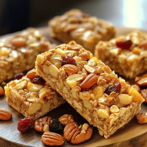 - 2 cups rolled oats - 1 cup mixed nuts (almonds, walnuts, and pecans), roughly chopped - 1/2 cup honey or maple syrup - 1/2 cup creamy peanut butter or almond butter - 1/2 cup dried fruit (cranberries, raisins, or apricots), chopped if large - 1/4 cup sunflower seeds - 1 teaspoon vanilla extract - 1/2 teaspoon ground cinnamon - A pinch of salt The main ingredients set the base for your granola bars. Rolled oats give the bars their chewy texture. Mixed nuts add crunch and healthy fats. Honey or maple syrup acts as a binder and sweetens the bars. In the additional ingredients, creamy peanut butter or almond butter boosts flavor and adds richness. Dried fruits bring natural sweetness and chewiness. Sunflower seeds add more crunch and nutrition. Flavor enhancers, like vanilla extract and ground cinnamon, lift the taste. A pinch of salt balances the sweetness. These ingredients work together to make tasty granola bars. For the full recipe, see the Nutty Delight Granola Bars section. Enjoy making a snack that is easy and fun! - Preheat your oven to 350°F (175°C) and prepare the baking dish. - Combine dry ingredients in a mixing bowl. First, you need to get your oven ready. Set it to 350°F (175°C). While it heats up, grab a baking dish. I recommend using an 8x8-inch dish. Line it with parchment paper. Let the paper hang over the edges for easy removal later. Next, take a large mixing bowl. Add 2 cups of rolled oats, 1 cup of mixed nuts, and 1/2 cup of dried fruit. I love using cranberries or apricots. Stir in 1/4 cup of sunflower seeds, a pinch of salt, and 1/2 teaspoon of ground cinnamon. Mix until everything is well combined. - Warm honey and nut butter in a saucepan. - Mix the warm mixture with dry ingredients. Now, let’s move to the cooking part. In a small saucepan, gently warm 1/2 cup of honey and 1/2 cup of creamy peanut butter. Use low heat. Stir continuously until they melt together. Once smooth, take it off the heat. Add in 1 teaspoon of vanilla extract and mix well. Pour this warm mixture over your dry ingredients. This part is fun! Use a spatula or a wooden spoon to mix everything. You want all the dry ingredients to be coated in the sticky mixture. - Transfer the mixture to the baking dish and bake. - Allow bars to cool and cut into desired sizes. Now, it’s time to bake! Transfer the mixture to your prepared baking dish. Use a spatula to press it down firmly. Make it even. Bake in the oven for 20 to 25 minutes. Keep an eye on it. You want the edges to turn golden brown. Once baked, take the dish out and let it cool for about 10 minutes. Carefully lift the granola out using the parchment paper. Place it on a wire rack to cool completely. After it cools, use a sharp knife to cut it into bars or squares of your choice. For the full recipe, check below! To make great granola bars, mix all the ingredients well. This step ensures that every bite is tasty. If you don’t mix enough, some bars may be dry. While baking, keep a close eye on them. They can go from golden to burnt quickly. Baking times may vary based on your oven, so trust your eyes. To make your granola bars look nice, arrange them on a serving platter. You can add extra chopped nuts or dried fruit on top for flair. If you want to gift them, wrap each bar in parchment paper. Tie them with a string for a personal touch. These little details can impress your friends and family. You can make these bars even healthier. Try using sugar-free syrup or natural sweeteners like agave. If you need nut-free bars, swap nut butter for sunbutter. This change keeps the bars safe for those with allergies. You can enjoy granola bars without worry, while still keeping the flavor! For the full recipe, check the section above. {{image_4}} You can make no-bake granola bars if you want a quicker option. Just mix the dry and wet ingredients, then chill until firm. This method saves time and energy. For vegan granola bars, use maple syrup instead of honey. You can also swap out the nut butter for sunflower seed butter to keep it plant-based. Adding chocolate chips or coconut flakes can elevate your bars. The sweetness of chocolate pairs well with oats. Coconut adds a tropical twist that many love. You can also play with different nuts and dried fruits. Try cashews and mango for a sweet combo. Or use hazelnuts and cherries for a unique flavor. To make crunchy bars, add puffed rice or quinoa. These ingredients will give your bars a satisfying crunch. If you prefer chewy bars, adjust the nut butter and syrup ratio. Increase the nut butter for more chewiness. This small change can make a big difference in texture. Store your granola bars in an airtight container. This keeps them fresh and tasty. You can keep them at room temperature or in the fridge. Both options work well, but the fridge can help them last longer. You should eat the bars within one week if they sit at room temperature. If you store them in the fridge, they will stay fresh for a bit longer. This way, you can enjoy your snack without worry. For even longer storage, freeze the granola bars. Wrap each bar tightly in plastic wrap, then place them in a freezer bag. To eat, just thaw them before serving. This way, you can enjoy a homemade snack anytime! How long do homemade granola bars last? Homemade granola bars last about one week at room temperature. Store them in an airtight container to keep them fresh. If you want them to last longer, place them in the fridge. They can stay good for up to two weeks there. Can I make these bars gluten-free? Yes, you can make these bars gluten-free. Use certified gluten-free oats instead of regular oats. This keeps the bars safe for those with gluten sensitivities or celiac disease. Always check labels to ensure other ingredients are gluten-free too. Can I substitute honey with agave syrup? Yes, you can use agave syrup instead of honey. Both sweeteners work well in this recipe. Agave syrup is a good choice for vegan bars since it comes from a plant. Keep in mind that agave is sweeter, so you might need less. What can I use instead of nuts for allergies? If you have nut allergies, try using seeds instead. Sunflower seeds or pumpkin seeds make great options. You can also use puffed rice or oats to add crunch without nuts. Be sure to check that any dried fruit used is nut-free as well. How can I make these bars chewy instead of crunchy? To make chewy bars, increase the amount of nut butter and sweetener. This will add moisture and keep them soft. Avoid baking them too long, as this can make them crunchy. Aim for a light golden color when they come out of the oven. What's the best way to cut granola bars without them crumbling? To cut granola bars without crumbling, let them cool completely first. Use a sharp knife for clean cuts. You can also lightly grease the knife or use a serrated knife for better results. Press down firmly but gently as you cut. You can make delicious granola bars with simple ingredients and steps. We covered the key components, from oats and nuts to sweeteners and flavor boosters. You also learned cooking tips and variations like no-bake and vegan options. Store your bars properly to keep them fresh and enjoy them longer. Get creative with flavors and textures! With these tips, you can easily impress family and friends or enjoy a healthy snack yourself. Cooking doesn't have to be hard; it's fun and rewarding!