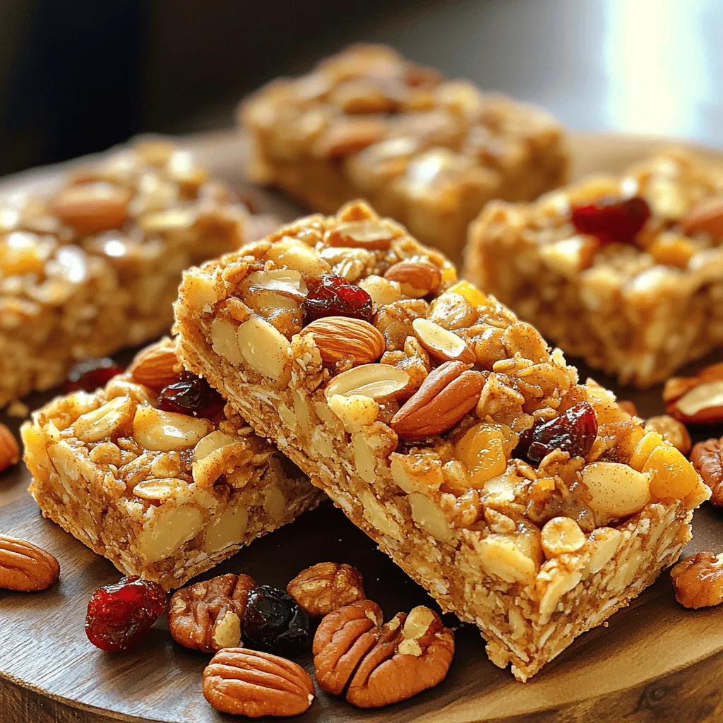 - 2 cups rolled oats - 1 cup mixed nuts (almonds, walnuts, and pecans), roughly chopped - 1/2 cup honey or maple syrup - 1/2 cup creamy peanut butter or almond butter - 1/2 cup dried fruit (cranberries, raisins, or apricots), chopped if large - 1/4 cup sunflower seeds - 1 teaspoon vanilla extract - 1/2 teaspoon ground cinnamon - A pinch of salt The main ingredients set the base for your granola bars. Rolled oats give the bars their chewy texture. Mixed nuts add crunch and healthy fats. Honey or maple syrup acts as a binder and sweetens the bars. In the additional ingredients, creamy peanut butter or almond butter boosts flavor and adds richness. Dried fruits bring natural sweetness and chewiness. Sunflower seeds add more crunch and nutrition. Flavor enhancers, like vanilla extract and ground cinnamon, lift the taste. A pinch of salt balances the sweetness. These ingredients work together to make tasty granola bars. For the full recipe, see the Nutty Delight Granola Bars section. Enjoy making a snack that is easy and fun! - Preheat your oven to 350°F (175°C) and prepare the baking dish. - Combine dry ingredients in a mixing bowl. First, you need to get your oven ready. Set it to 350°F (175°C). While it heats up, grab a baking dish. I recommend using an 8x8-inch dish. Line it with parchment paper. Let the paper hang over the edges for easy removal later. Next, take a large mixing bowl. Add 2 cups of rolled oats, 1 cup of mixed nuts, and 1/2 cup of dried fruit. I love using cranberries or apricots. Stir in 1/4 cup of sunflower seeds, a pinch of salt, and 1/2 teaspoon of ground cinnamon. Mix until everything is well combined. - Warm honey and nut butter in a saucepan. - Mix the warm mixture with dry ingredients. Now, let’s move to the cooking part. In a small saucepan, gently warm 1/2 cup of honey and 1/2 cup of creamy peanut butter. Use low heat. Stir continuously until they melt together. Once smooth, take it off the heat. Add in 1 teaspoon of vanilla extract and mix well. Pour this warm mixture over your dry ingredients. This part is fun! Use a spatula or a wooden spoon to mix everything. You want all the dry ingredients to be coated in the sticky mixture. - Transfer the mixture to the baking dish and bake. - Allow bars to cool and cut into desired sizes. Now, it’s time to bake! Transfer the mixture to your prepared baking dish. Use a spatula to press it down firmly. Make it even. Bake in the oven for 20 to 25 minutes. Keep an eye on it. You want the edges to turn golden brown. Once baked, take the dish out and let it cool for about 10 minutes. Carefully lift the granola out using the parchment paper. Place it on a wire rack to cool completely. After it cools, use a sharp knife to cut it into bars or squares of your choice. For the full recipe, check below! To make great granola bars, mix all the ingredients well. This step ensures that every bite is tasty. If you don’t mix enough, some bars may be dry. While baking, keep a close eye on them. They can go from golden to burnt quickly. Baking times may vary based on your oven, so trust your eyes. To make your granola bars look nice, arrange them on a serving platter. You can add extra chopped nuts or dried fruit on top for flair. If you want to gift them, wrap each bar in parchment paper. Tie them with a string for a personal touch. These little details can impress your friends and family. You can make these bars even healthier. Try using sugar-free syrup or natural sweeteners like agave. If you need nut-free bars, swap nut butter for sunbutter. This change keeps the bars safe for those with allergies. You can enjoy granola bars without worry, while still keeping the flavor! For the full recipe, check the section above. {{image_4}} You can make no-bake granola bars if you want a quicker option. Just mix the dry and wet ingredients, then chill until firm. This method saves time and energy. For vegan granola bars, use maple syrup instead of honey. You can also swap out the nut butter for sunflower seed butter to keep it plant-based. Adding chocolate chips or coconut flakes can elevate your bars. The sweetness of chocolate pairs well with oats. Coconut adds a tropical twist that many love. You can also play with different nuts and dried fruits. Try cashews and mango for a sweet combo. Or use hazelnuts and cherries for a unique flavor. To make crunchy bars, add puffed rice or quinoa. These ingredients will give your bars a satisfying crunch. If you prefer chewy bars, adjust the nut butter and syrup ratio. Increase the nut butter for more chewiness. This small change can make a big difference in texture. Store your granola bars in an airtight container. This keeps them fresh and tasty. You can keep them at room temperature or in the fridge. Both options work well, but the fridge can help them last longer. You should eat the bars within one week if they sit at room temperature. If you store them in the fridge, they will stay fresh for a bit longer. This way, you can enjoy your snack without worry. For even longer storage, freeze the granola bars. Wrap each bar tightly in plastic wrap, then place them in a freezer bag. To eat, just thaw them before serving. This way, you can enjoy a homemade snack anytime! How long do homemade granola bars last? Homemade granola bars last about one week at room temperature. Store them in an airtight container to keep them fresh. If you want them to last longer, place them in the fridge. They can stay good for up to two weeks there. Can I make these bars gluten-free? Yes, you can make these bars gluten-free. Use certified gluten-free oats instead of regular oats. This keeps the bars safe for those with gluten sensitivities or celiac disease. Always check labels to ensure other ingredients are gluten-free too. Can I substitute honey with agave syrup? Yes, you can use agave syrup instead of honey. Both sweeteners work well in this recipe. Agave syrup is a good choice for vegan bars since it comes from a plant. Keep in mind that agave is sweeter, so you might need less. What can I use instead of nuts for allergies? If you have nut allergies, try using seeds instead. Sunflower seeds or pumpkin seeds make great options. You can also use puffed rice or oats to add crunch without nuts. Be sure to check that any dried fruit used is nut-free as well. How can I make these bars chewy instead of crunchy? To make chewy bars, increase the amount of nut butter and sweetener. This will add moisture and keep them soft. Avoid baking them too long, as this can make them crunchy. Aim for a light golden color when they come out of the oven. What's the best way to cut granola bars without them crumbling? To cut granola bars without crumbling, let them cool completely first. Use a sharp knife for clean cuts. You can also lightly grease the knife or use a serrated knife for better results. Press down firmly but gently as you cut. You can make delicious granola bars with simple ingredients and steps. We covered the key components, from oats and nuts to sweeteners and flavor boosters. You also learned cooking tips and variations like no-bake and vegan options. Store your bars properly to keep them fresh and enjoy them longer. Get creative with flavors and textures! With these tips, you can easily impress family and friends or enjoy a healthy snack yourself. Cooking doesn't have to be hard; it's fun and rewarding!