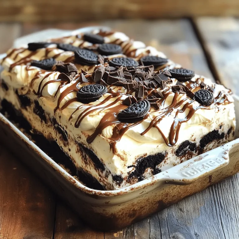 The Mocha Oreo Icebox Cake is simple and fun to make. You only need a few key ingredients to create this delightful treat. Here’s what you will need: - 2 cups heavy cream - 1 cup powdered sugar - 1 teaspoon pure vanilla extract - 2 tablespoons instant coffee granules - 1 cup milk - 24 Oreo cookies - 1/2 cup chocolate syrup - Optional: Chocolate shavings and crushed Oreos for garnish Each ingredient plays a vital role. The heavy cream gives the cake a light and fluffy texture. The powdered sugar adds sweetness, while the vanilla extract brings a warm flavor. Instant coffee granules add a rich mocha taste that pairs well with the chocolate. The milk helps soften the Oreo cookies, making them easier to layer. Meanwhile, the Oreo cookies serve as the base and main flavor of the cake. The chocolate syrup adds a nice drizzle and extra chocolatey goodness. If you want, you can add chocolate shavings or crushed Oreos on top for a fun finish. For the full recipe, check out the detailed instructions to create this no-bake masterpiece. To start, you need to whip the heavy cream. In a large bowl, use an electric mixer. Beat the cream until soft peaks form. This takes about 2 to 3 minutes. Next, add the powdered sugar, vanilla extract, and instant coffee granules. Keep whipping until you see stiff peaks. This means your cream is ready and will hold its shape. Now it's time to soak the Oreo cookies. In a separate bowl, mix milk with a few crushed Oreos. This adds a nice flavor to the milk. Then, take each Oreo cookie and dip it in the milk. Hold it there for about 2 to 3 seconds. Be careful not to soak them too long. You want them to be moist but not mushy. Let’s assemble your cake! Start with a 9x9-inch baking dish. Place a layer of soaked Oreos at the bottom. Make sure they are arranged neatly. Next, spread a layer of the coffee whipped cream over the Oreos. Drizzle some chocolate syrup on top of the cream. Repeat this layering process. Alternate soaked Oreos with whipped cream and chocolate syrup. Finish with a final layer of whipped cream. Cover the dish tightly with plastic wrap. Refrigerate for at least 4 hours. For the best taste, chill it overnight. This helps the flavors mix well. Just before you serve, add some chocolate shavings and crushed Oreos on top. This makes your cake look amazing! You can find the full recipe for more details on each step. Chilling time is key for a great Mocha Oreo Icebox Cake. It allows flavors to blend well. I recommend letting it chill overnight for the best taste. The balance of coffee and chocolate creates a rich flavor. Use good quality chocolate syrup and instant coffee for the best result. One common mistake is over-soaking the Oreos. Dip them in milk for only 2-3 seconds. If you soak too long, they become mushy instead of soft. Another mistake is not whipping the cream to the right consistency. You want stiff peaks, so the cake holds its shape. When serving, cut the cake into squares for easy bites. Use a sharp knife to get clean edges. For presentation, add chocolate shavings and crushed Oreos on top. This makes it look fancy and inviting. You can also serve it with a drizzle of chocolate syrup for extra flair. For the full recipe, visit the link above. {{image_4}} You can change the flavor of your Mocha Oreo Icebox Cake. Try using other cookies instead of Oreos. Some great options include: - Chocolate chip cookies - Peanut butter cookies - Vanilla wafers These swaps can create a new taste. You can also add different flavors to the whipped cream. For instance, mix in some peppermint extract for a minty twist. Or, a bit of almond extract can add warmth. Many people have special diets. You can make this cake gluten-free. Use gluten-free Oreo cookies or any gluten-free cookies you like. This way, everyone can enjoy a slice. If you want a vegan option, substitute heavy cream with coconut cream. Use coconut milk instead of dairy milk. Make sure to choose vegan cookies too. This ensures the cake fits a vegan diet. You can customize the cake for different holidays. For Christmas, add crushed candy canes on top. In the summer, try adding fresh berries between the layers. For birthdays, decorate with colorful sprinkles or edible glitter. This helps make the cake fit the occasion. You can modify the flavors and toppings to match each season. For more details, check the Full Recipe. After you enjoy this Mocha Oreo Icebox Cake, storing leftovers is easy. First, keep the cake covered with plastic wrap or aluminum foil. This helps prevent it from drying out. A tight seal keeps the flavors fresh. If you have a cake keeper, that works great too. Place the cake in the fridge for best results. Enjoy it within 3 to 5 days for the best taste. Yes, you can freeze Mocha Oreo Icebox Cake! To freeze, wrap it tightly in plastic wrap, then aluminum foil. This double layer keeps air out. You can freeze it for up to 2 months. When ready to eat, move the cake to the fridge. Let it thaw overnight. This way, it retains its creamy texture. In the fridge, your Mocha Oreo Icebox Cake lasts about 3 to 5 days. Check for signs it may be past its prime. Look for changes in texture or smell. If it smells off or has a watery layer, it’s best to toss it. Freshness is key for flavor! If stored well, you can still enjoy a slice for a few days. Yes, you can! Some great alternatives include: - Chocolate wafer cookies - Graham crackers - Vanilla sandwich cookies These options will change the flavor a bit, but they can still be delicious. Just make sure they are sturdy enough to hold layers. The cake needs at least 4 hours to chill. However, for the best taste, I recommend chilling it overnight. This longer time lets the flavors mix well and makes the cake creamier. Absolutely! Making the cake a day ahead helps the flavors deepen. Just cover it tightly in the fridge. It saves you time and ensures a tasty treat for your guests. Yes, this recipe is very kid-friendly! It uses simple ingredients like cookies and cream. Just keep an eye on the caffeine from the instant coffee. You can reduce it or skip it if needed. The Mocha Oreo Icebox Cake combines simple ingredients for a delightful treat. We explored how to prepare whipped cream, soak Oreos, and layer the cake correctly. I shared tips to enhance flavors and avoid common mistakes. You can even adapt the recipe for different diets or occasions. In the end, this cake is fun to make and enjoy. Whether you share it or keep it for yourself, it’s sure to impress!