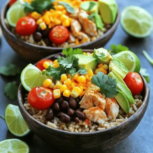- 2 cups cooked brown rice - 1 lb boneless, skinless chicken breast, diced - 1 can (15 oz) black beans, rinsed and drained - 1 cup corn (fresh, frozen, or canned) - 1 ripe avocado, diced - 1/2 cup shredded cheddar cheese - 1 tablespoon taco seasoning - Salt and black pepper to taste - Optional toppings: sour cream, salsa, sliced jalapeños For these Loaded Chicken Burrito Bowls, I focus on simple, fresh ingredients. The brown rice serves as a wholesome base. It adds fiber and nutrients. I choose boneless, skinless chicken breast for lean protein. It cooks up juicy and tender. Black beans bring extra protein and a creamy texture. Rinsing them helps remove excess sodium, making them healthier. Corn adds sweetness and a pop of color. You can use fresh, frozen, or canned, based on your preference. Avocado is a delightful addition. It brings creaminess and healthy fats. The shredded cheddar cheese adds richness and flavor. For seasoning, I use taco seasoning. It gives a bold taste without extra effort. I also add salt and black pepper to enhance the flavors. Toppings are where you can get creative. I suggest sour cream for creaminess. Salsa adds zest, and sliced jalapeños bring heat. Feel free to mix and match as you like. You can find the Full Recipe for all these delicious ingredients and how to prepare them. - Heat olive oil in a skillet over medium heat. - Add diced chicken and season with taco seasoning. First, I heat a tablespoon of olive oil in a skillet over medium heat. I want the oil to shimmer before adding the chicken. Once it’s hot, I toss in the diced chicken breast. I sprinkle it with taco seasoning, along with a pinch of salt and black pepper. I cook this for about 6 to 8 minutes. I stir often to ensure even cooking. The chicken should turn a lovely golden brown and reach an internal temperature of 165°F. - Prepare brown rice according to package instructions. - Fluff rice once cooked. While the chicken cooks, I prepare brown rice. I follow the package instructions closely. This step is key for fluffy rice. Once it’s cooked, I use a fork to fluff the rice. Fluffy rice makes a great base for my burrito bowls. - Mix black beans, corn, and tomatoes in a bowl. - Combine with cooked chicken and layer on rice. Next, I grab a large mixing bowl. I combine the rinsed black beans, corn, and halved cherry tomatoes. I gently toss them together until they mix well. Once the chicken is done, I add it to the bowl. I stir everything together to let the flavors blend. Now it's time to build the burrito bowls! I divide the fluffy brown rice into four serving bowls. I spoon the chicken mixture on top of the rice in each bowl. Next, I add diced avocado, shredded cheese, and fresh cilantro. For a zesty finish, I serve lime wedges on the side. You can also add sour cream or salsa if you want. For the full recipe, check the complete instructions and ingredient list. Enjoy making your loaded chicken burrito bowls! How to ensure chicken is cooked thoroughly To cook chicken safely, use a meat thermometer. The internal temperature should reach 165°F. Cook chicken pieces until they are golden brown and no longer pink inside. This ensures it is juicy and safe to eat. Best practices for fluffy rice For fluffy rice, rinse it well before cooking. This removes extra starch that makes it sticky. Cook it with the right water ratio, usually 2 cups of water for every cup of rice. After cooking, fluff it gently with a fork. This keeps the grains separate and light. Colorful arrangement ideas for the toppings To make your burrito bowls pop, layer the toppings by color. Place bright tomatoes, vibrant corn, and green avocado on top. This adds visual interest. You can also create small sections on the bowl for each topping. This way, each bite looks and tastes amazing. Using garnishes to enhance visual appeal Fresh herbs like cilantro can elevate your dish. Sprinkle them on top for a burst of color. Lime wedges can add a zesty touch. Place them artfully around the bowl for that extra flair. Suggestions for extra spices or ingredients to add To boost the flavor, try adding cumin or smoked paprika. These spices add warmth and depth. You can also mix in jalapeños for heat or lime juice for brightness. Freshly chopped garlic can also add a punch of flavor. Alternative cooking methods for chicken If you want to switch it up, grill or bake the chicken instead of pan-frying. Grilling adds a nice smoky flavor. Baking can keep it tender and juicy. You can marinate the chicken beforehand to infuse even more flavor. For the Full Recipe, check the earlier section for all the details! {{image_4}} You can easily make Loaded Chicken Burrito Bowls vegetarian or vegan. To do this, simply replace the chicken with a plant-based protein. Options include lentils, tempeh, or tofu. For a vegan cheese option, try cashew cheese or nutritional yeast. For gluten-free options, make sure to check your taco seasoning. Some brands add gluten. You can also swap brown rice for quinoa or cauliflower rice. If you like heat, add jalapeños or hot sauce to your bowl. This gives a spicy kick that enhances the flavors. You can also try different beans like pinto or kidney beans. Each type adds a unique taste and texture to your dish. Feel free to adjust your ingredients based on what is in season or what you like best. You can swap corn for bell peppers or zucchini for a fresh twist. For cheese, consider using feta or goat cheese for a different flavor. If you want a creamy topping, try Greek yogurt instead of sour cream. These swaps keep your bowls exciting! For the full recipe, check out the complete details in the recipe section. To keep your loaded chicken burrito bowls fresh, store them in airtight containers. This helps preserve flavor and texture. Place all components in separate containers if possible. This way, the rice, chicken, and toppings stay fresh longer. Generally, leftovers last about 3 to 4 days in the fridge. Make sure to check for any signs of spoilage before eating. If the chicken looks or smells off, it's best to toss it. When reheating, use the microwave for quick warmth. Place the food in a microwave-safe bowl, cover it with a damp paper towel, and heat it in 30-second intervals until warm. This method keeps the rice moist and prevents it from drying out. For the best texture, consider reheating in a skillet. Add a splash of water, cover, and cook on low heat until everything is warmed through. This method helps maintain flavor and texture. To freeze components, let them cool completely first. Portion the rice, chicken, and toppings into freezer-safe containers. Label them with the date. This makes it easy to track freshness. You can freeze cooked chicken and rice for up to 3 months. When ready to eat, thaw them overnight in the fridge. Reheat them as mentioned above to enjoy your delicious meal again. You can add many tasty toppings to your burrito bowls. Here are some great ideas: - Sour cream: Adds creaminess and a tangy flavor. - Salsa: Choose your favorite type, from mild to spicy. - Sliced jalapeños: For some heat and crunch. - Chopped green onions: Adds freshness and color. - Lettuce: A nice crunch and extra nutrients. - Black olives: For a salty, savory touch. - Cheese: Try a different cheese like queso fresco or pepper jack. Mix and match these options to find your favorite combination. Each topping can change the flavor and texture of the dish. Yes, you can prepare Loaded Chicken Burrito Bowls ahead of time. Here are some tips for meal prep: - Cook the chicken and rice: You can cook and store these in separate containers in the fridge. - Prep toppings: Chop your vegetables and store them in airtight containers. - Assemble before serving: When ready to eat, layer the rice, chicken, and toppings in a bowl. This keeps everything fresh. When stored properly, the ingredients can last for about 3 to 4 days in the fridge. You can easily customize your burrito bowls to fit your needs. Here are some tips: - Dietary needs: If you're vegetarian, use beans instead of chicken. For vegan, skip cheese and sour cream. - Flavor preferences: Add different spices or sauces to change the flavor. - Vegetable swaps: Use seasonal vegetables, like bell peppers or zucchini. - Grain choices: Try quinoa, cauliflower rice, or even lettuce wraps instead of brown rice. Get creative and make the dish your own! For the complete ingredients and instructions for Loaded Chicken Burrito Bowls, check out the [Full Recipe]. This post shared how to make tasty Loaded Chicken Burrito Bowls. You learned about main and optional ingredients. I explained step-by-step instructions, helpful tips, and fun variations. You can customize the bowls to your liking and store leftovers easily. Making these burrito bowls is fun and flexible. Enjoy your meal and get creative with flavors. The possibilities are endless, so dive in and make it your own!