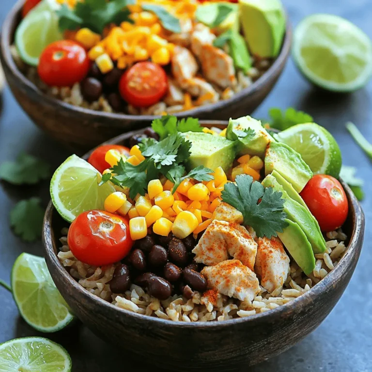 - 2 cups cooked brown rice - 1 lb boneless, skinless chicken breast, diced - 1 can (15 oz) black beans, rinsed and drained - 1 cup corn (fresh, frozen, or canned) - 1 ripe avocado, diced - 1/2 cup shredded cheddar cheese - 1 tablespoon taco seasoning - Salt and black pepper to taste - Optional toppings: sour cream, salsa, sliced jalapeños For these Loaded Chicken Burrito Bowls, I focus on simple, fresh ingredients. The brown rice serves as a wholesome base. It adds fiber and nutrients. I choose boneless, skinless chicken breast for lean protein. It cooks up juicy and tender. Black beans bring extra protein and a creamy texture. Rinsing them helps remove excess sodium, making them healthier. Corn adds sweetness and a pop of color. You can use fresh, frozen, or canned, based on your preference. Avocado is a delightful addition. It brings creaminess and healthy fats. The shredded cheddar cheese adds richness and flavor. For seasoning, I use taco seasoning. It gives a bold taste without extra effort. I also add salt and black pepper to enhance the flavors. Toppings are where you can get creative. I suggest sour cream for creaminess. Salsa adds zest, and sliced jalapeños bring heat. Feel free to mix and match as you like. You can find the Full Recipe for all these delicious ingredients and how to prepare them. - Heat olive oil in a skillet over medium heat. - Add diced chicken and season with taco seasoning. First, I heat a tablespoon of olive oil in a skillet over medium heat. I want the oil to shimmer before adding the chicken. Once it’s hot, I toss in the diced chicken breast. I sprinkle it with taco seasoning, along with a pinch of salt and black pepper. I cook this for about 6 to 8 minutes. I stir often to ensure even cooking. The chicken should turn a lovely golden brown and reach an internal temperature of 165°F. - Prepare brown rice according to package instructions. - Fluff rice once cooked. While the chicken cooks, I prepare brown rice. I follow the package instructions closely. This step is key for fluffy rice. Once it’s cooked, I use a fork to fluff the rice. Fluffy rice makes a great base for my burrito bowls. - Mix black beans, corn, and tomatoes in a bowl. - Combine with cooked chicken and layer on rice. Next, I grab a large mixing bowl. I combine the rinsed black beans, corn, and halved cherry tomatoes. I gently toss them together until they mix well. Once the chicken is done, I add it to the bowl. I stir everything together to let the flavors blend. Now it's time to build the burrito bowls! I divide the fluffy brown rice into four serving bowls. I spoon the chicken mixture on top of the rice in each bowl. Next, I add diced avocado, shredded cheese, and fresh cilantro. For a zesty finish, I serve lime wedges on the side. You can also add sour cream or salsa if you want. For the full recipe, check the complete instructions and ingredient list. Enjoy making your loaded chicken burrito bowls! How to ensure chicken is cooked thoroughly To cook chicken safely, use a meat thermometer. The internal temperature should reach 165°F. Cook chicken pieces until they are golden brown and no longer pink inside. This ensures it is juicy and safe to eat. Best practices for fluffy rice For fluffy rice, rinse it well before cooking. This removes extra starch that makes it sticky. Cook it with the right water ratio, usually 2 cups of water for every cup of rice. After cooking, fluff it gently with a fork. This keeps the grains separate and light. Colorful arrangement ideas for the toppings To make your burrito bowls pop, layer the toppings by color. Place bright tomatoes, vibrant corn, and green avocado on top. This adds visual interest. You can also create small sections on the bowl for each topping. This way, each bite looks and tastes amazing. Using garnishes to enhance visual appeal Fresh herbs like cilantro can elevate your dish. Sprinkle them on top for a burst of color. Lime wedges can add a zesty touch. Place them artfully around the bowl for that extra flair. Suggestions for extra spices or ingredients to add To boost the flavor, try adding cumin or smoked paprika. These spices add warmth and depth. You can also mix in jalapeños for heat or lime juice for brightness. Freshly chopped garlic can also add a punch of flavor. Alternative cooking methods for chicken If you want to switch it up, grill or bake the chicken instead of pan-frying. Grilling adds a nice smoky flavor. Baking can keep it tender and juicy. You can marinate the chicken beforehand to infuse even more flavor. For the Full Recipe, check the earlier section for all the details! {{image_4}} You can easily make Loaded Chicken Burrito Bowls vegetarian or vegan. To do this, simply replace the chicken with a plant-based protein. Options include lentils, tempeh, or tofu. For a vegan cheese option, try cashew cheese or nutritional yeast. For gluten-free options, make sure to check your taco seasoning. Some brands add gluten. You can also swap brown rice for quinoa or cauliflower rice. If you like heat, add jalapeños or hot sauce to your bowl. This gives a spicy kick that enhances the flavors. You can also try different beans like pinto or kidney beans. Each type adds a unique taste and texture to your dish. Feel free to adjust your ingredients based on what is in season or what you like best. You can swap corn for bell peppers or zucchini for a fresh twist. For cheese, consider using feta or goat cheese for a different flavor. If you want a creamy topping, try Greek yogurt instead of sour cream. These swaps keep your bowls exciting! For the full recipe, check out the complete details in the recipe section. To keep your loaded chicken burrito bowls fresh, store them in airtight containers. This helps preserve flavor and texture. Place all components in separate containers if possible. This way, the rice, chicken, and toppings stay fresh longer. Generally, leftovers last about 3 to 4 days in the fridge. Make sure to check for any signs of spoilage before eating. If the chicken looks or smells off, it's best to toss it. When reheating, use the microwave for quick warmth. Place the food in a microwave-safe bowl, cover it with a damp paper towel, and heat it in 30-second intervals until warm. This method keeps the rice moist and prevents it from drying out. For the best texture, consider reheating in a skillet. Add a splash of water, cover, and cook on low heat until everything is warmed through. This method helps maintain flavor and texture. To freeze components, let them cool completely first. Portion the rice, chicken, and toppings into freezer-safe containers. Label them with the date. This makes it easy to track freshness. You can freeze cooked chicken and rice for up to 3 months. When ready to eat, thaw them overnight in the fridge. Reheat them as mentioned above to enjoy your delicious meal again. You can add many tasty toppings to your burrito bowls. Here are some great ideas: - Sour cream: Adds creaminess and a tangy flavor. - Salsa: Choose your favorite type, from mild to spicy. - Sliced jalapeños: For some heat and crunch. - Chopped green onions: Adds freshness and color. - Lettuce: A nice crunch and extra nutrients. - Black olives: For a salty, savory touch. - Cheese: Try a different cheese like queso fresco or pepper jack. Mix and match these options to find your favorite combination. Each topping can change the flavor and texture of the dish. Yes, you can prepare Loaded Chicken Burrito Bowls ahead of time. Here are some tips for meal prep: - Cook the chicken and rice: You can cook and store these in separate containers in the fridge. - Prep toppings: Chop your vegetables and store them in airtight containers. - Assemble before serving: When ready to eat, layer the rice, chicken, and toppings in a bowl. This keeps everything fresh. When stored properly, the ingredients can last for about 3 to 4 days in the fridge. You can easily customize your burrito bowls to fit your needs. Here are some tips: - Dietary needs: If you're vegetarian, use beans instead of chicken. For vegan, skip cheese and sour cream. - Flavor preferences: Add different spices or sauces to change the flavor. - Vegetable swaps: Use seasonal vegetables, like bell peppers or zucchini. - Grain choices: Try quinoa, cauliflower rice, or even lettuce wraps instead of brown rice. Get creative and make the dish your own! For the complete ingredients and instructions for Loaded Chicken Burrito Bowls, check out the [Full Recipe]. This post shared how to make tasty Loaded Chicken Burrito Bowls. You learned about main and optional ingredients. I explained step-by-step instructions, helpful tips, and fun variations. You can customize the bowls to your liking and store leftovers easily. Making these burrito bowls is fun and flexible. Enjoy your meal and get creative with flavors. The possibilities are endless, so dive in and make it your own!