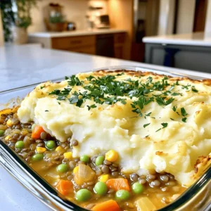 - 1 cup green or brown lentils, thoroughly rinsed - 3 cups vegetable broth - 1 medium onion, finely diced - 2 cloves garlic, minced - 2 medium carrots, finely diced - 1 cup frozen peas - 1 cup corn - 2 tablespoons tomato paste - 2 teaspoons soy sauce or tamari - 1 teaspoon dried thyme - 1 teaspoon dried rosemary - Salt and black pepper, to taste - 4 large potatoes, peeled and cut into cubes - 1/4 cup almond milk - 2 tablespoons nutritional yeast (optional) - 2 tablespoons olive oil When making the Vegan Lentil Shepherd’s Pie, the ingredients play a vital role. The lentils provide a hearty base, while the vegetables add color and flavor. You can easily swap in your favorite veggies too. Frozen peas and corn work great, but fresh options are fun if you have them. The flavorings bring everything together. Tomato paste and soy sauce add depth, while thyme and rosemary offer a touch of earthiness. Adjust the salt and pepper based on your taste. The potato topping is creamy and comforting. You can mix in nutritional yeast for a cheesy flavor, but it’s not needed. The almond milk makes the potatoes nice and smooth. This dish is all about layers of flavor and texture. You can find the Full Recipe with all the steps to create this comforting meal. Trust me, it’s worth it! To start, heat 2 tablespoons of olive oil in a large saucepan over medium heat. Add 1 medium onion, finely diced, and 2 cloves of minced garlic. Sauté these until they smell great and the onion turns soft, about 3 to 4 minutes. Then, toss in 2 medium carrots, finely diced. Cook for another 3 to 4 minutes until the carrots soften. Next, add in 1 cup of rinsed green or brown lentils. Pour in 3 cups of vegetable broth, 2 tablespoons of tomato paste, and 2 teaspoons of soy sauce. Sprinkle in 1 teaspoon each of dried thyme and rosemary. Don’t forget to season with salt and black pepper. Stir well and bring the mix to a boil. Once it boils, lower the heat and cover the pan. Let it simmer for 25 to 30 minutes until the lentils are tender. While the lentils cook, grab a large pot and add 4 large potatoes, peeled and cut into cubes. Cover them with water and bring it to a boil. Cook the potatoes until soft, about 15 to 20 minutes. After that, drain the potatoes and put them back in the pot. Add 1/4 cup of almond milk and, if you like, 2 tablespoons of nutritional yeast for a cheesy taste. Mash everything together until smooth and creamy. Once the lentil mixture is ready, stir in 1 cup of frozen peas and 1 cup of corn. Let this simmer for another 5 minutes, then remove it from the heat. Now, preheat your oven to 400°F (200°C). Take a baking dish and layer the lentil mixture evenly across the bottom. Spread the creamy mashed potatoes on top, smoothing them out. Place the baking dish in your preheated oven and bake for 20 to 25 minutes until the top is golden. Let it cool for a few minutes before you serve. Enjoy this hearty meal that warms the soul! For the full recipe, check out the details above. To get the right consistency for your lentil mix, cook the lentils until they are tender. This usually takes about 25 to 30 minutes. If the mixture looks too thick, add a splash of vegetable broth. If it's too watery, let it simmer a bit longer. For seasoning, I like to balance the flavors. Use salt and pepper to taste. Dried thyme and rosemary add depth. You can also try adding a dash of smoked paprika for a unique twist. If you want to change up the almond milk, you can use other plant-based milks like oat or soy. Each gives a different flavor and creaminess. To add flavor to your mashed potatoes, mix in roasted garlic or fresh herbs. You can also try a bit of nutritional yeast for a cheesy taste without dairy. For serving, I recommend garnishing with fresh parsley. It adds a nice pop of color and freshness. Pair your shepherd's pie with a vibrant green salad. A simple mix of greens, tomatoes, and a light vinaigrette makes a great side. You can also serve it with crusty bread for a heartier meal. Try these tips and you’ll make a vegan lentil shepherd's pie that looks as good as it tastes! For the full recipe, check out the details above. {{image_4}} You can swap out some vegetables in your lentil shepherd’s pie. Try using mushrooms for a meaty texture. Sweet potatoes add a nice sweetness, too. Peppers and zucchini can give extra color and flavor. For those needing a gluten-free option, use tamari instead of soy sauce. Most vegetable broths are gluten-free, but double-check the label. You can also use gluten-free flour if you want to thicken your mixture. Adding spices or herbs can make your dish shine. Try smoked paprika for a rich flavor. A pinch of cumin can also add warmth. Fresh herbs like parsley or cilantro can brighten the dish. You can mix them in just before you bake it. Incorporating other plant-based proteins can boost nutrition. Try adding cooked quinoa or chickpeas. They blend well with lentils and add different textures. If you want to make mini shepherd’s pies, use ramekins. They cook faster and make a fun presentation. Just layer your lentil mix with mashed potatoes in the ramekins. You can also create a vegan shepherd’s pie with a cauliflower topping. Simply boil and mash cauliflower instead of potatoes. This makes the dish lighter but still creamy. For the full recipe, check out the main section of this article. To store leftovers, let the shepherd’s pie cool completely. Then, transfer it to an airtight container. You can also use a baking dish with a lid. This helps keep the dish fresh for later. It’s best to store it in the fridge if you plan to eat it within a few days. You can reheat your shepherd’s pie in the oven or microwave. For the oven, preheat it to 350°F (175°C). Cover the dish with foil to keep it moist. Bake for about 20 minutes, or until hot. For the microwave, place a portion on a microwave-safe plate. Heat for 2-3 minutes, stirring halfway through. This way, it warms evenly. To keep the texture nice, avoid overheating. To freeze the shepherd’s pie, first, let it cool. Then, cut it into portions. Wrap each piece tightly in plastic wrap. Place the wrapped pieces in a freezer-safe bag or container. This keeps them fresh for up to three months. When you want to eat it, take it out and thaw in the fridge overnight. Reheat as you would with the leftovers. Be sure to enjoy this comforting meal even later! You can find the full recipe in the article for more details. Yes, you can use dried lentils! Dried lentils need to cook longer. They usually take about 25 to 30 minutes in boiling water. First, rinse them well before cooking. Use 1 cup of dried lentils for this recipe. Just remember to adjust your liquid. You will need about 3 cups of broth for the lentils to cook well. Yes, this recipe can be gluten-free. Use tamari instead of soy sauce to keep it gluten-free. Check the broth label too. Some broths may contain gluten. Most vegetables and lentils are naturally gluten-free. Always read labels to make sure your ingredients fit your needs. Absolutely! You can prepare the lentil filling and mashed potatoes a day before. Store them in the fridge in separate containers. When you’re ready to bake, layer them and pop them in the oven. You can also freeze the entire dish. Wrap it well in foil for best results. To reheat, just bake it at 350°F (175°C) for 30-40 minutes until hot. To make this dish oil-free, swap olive oil with vegetable broth. Use broth for sautéing the onion and garlic. You can also bake the potatoes without oil. Just mash them with almond milk and seasonings. This keeps the dish creamy without added fat. This blog post covers a delicious plant-based shepherd’s pie. We explored the key ingredients, from lentils and veggies to a creamy potato topping. I shared step-by-step instructions to guide you through the process. I also included tips for perfecting your dish and suggested fun variations to try. In the end, this recipe is versatile and easy to make. With a few swaps, you can make it your own. Enjoy this hearty meal, and let it comfort you today.