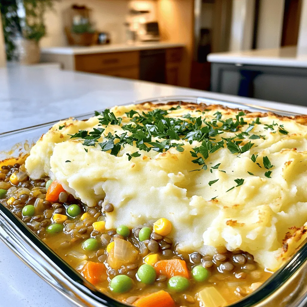 - 1 cup green or brown lentils, thoroughly rinsed - 3 cups vegetable broth - 1 medium onion, finely diced - 2 cloves garlic, minced - 2 medium carrots, finely diced - 1 cup frozen peas - 1 cup corn - 2 tablespoons tomato paste - 2 teaspoons soy sauce or tamari - 1 teaspoon dried thyme - 1 teaspoon dried rosemary - Salt and black pepper, to taste - 4 large potatoes, peeled and cut into cubes - 1/4 cup almond milk - 2 tablespoons nutritional yeast (optional) - 2 tablespoons olive oil When making the Vegan Lentil Shepherd’s Pie, the ingredients play a vital role. The lentils provide a hearty base, while the vegetables add color and flavor. You can easily swap in your favorite veggies too. Frozen peas and corn work great, but fresh options are fun if you have them. The flavorings bring everything together. Tomato paste and soy sauce add depth, while thyme and rosemary offer a touch of earthiness. Adjust the salt and pepper based on your taste. The potato topping is creamy and comforting. You can mix in nutritional yeast for a cheesy flavor, but it’s not needed. The almond milk makes the potatoes nice and smooth. This dish is all about layers of flavor and texture. You can find the Full Recipe with all the steps to create this comforting meal. Trust me, it’s worth it! To start, heat 2 tablespoons of olive oil in a large saucepan over medium heat. Add 1 medium onion, finely diced, and 2 cloves of minced garlic. Sauté these until they smell great and the onion turns soft, about 3 to 4 minutes. Then, toss in 2 medium carrots, finely diced. Cook for another 3 to 4 minutes until the carrots soften. Next, add in 1 cup of rinsed green or brown lentils. Pour in 3 cups of vegetable broth, 2 tablespoons of tomato paste, and 2 teaspoons of soy sauce. Sprinkle in 1 teaspoon each of dried thyme and rosemary. Don’t forget to season with salt and black pepper. Stir well and bring the mix to a boil. Once it boils, lower the heat and cover the pan. Let it simmer for 25 to 30 minutes until the lentils are tender. While the lentils cook, grab a large pot and add 4 large potatoes, peeled and cut into cubes. Cover them with water and bring it to a boil. Cook the potatoes until soft, about 15 to 20 minutes. After that, drain the potatoes and put them back in the pot. Add 1/4 cup of almond milk and, if you like, 2 tablespoons of nutritional yeast for a cheesy taste. Mash everything together until smooth and creamy. Once the lentil mixture is ready, stir in 1 cup of frozen peas and 1 cup of corn. Let this simmer for another 5 minutes, then remove it from the heat. Now, preheat your oven to 400°F (200°C). Take a baking dish and layer the lentil mixture evenly across the bottom. Spread the creamy mashed potatoes on top, smoothing them out. Place the baking dish in your preheated oven and bake for 20 to 25 minutes until the top is golden. Let it cool for a few minutes before you serve. Enjoy this hearty meal that warms the soul! For the full recipe, check out the details above. To get the right consistency for your lentil mix, cook the lentils until they are tender. This usually takes about 25 to 30 minutes. If the mixture looks too thick, add a splash of vegetable broth. If it's too watery, let it simmer a bit longer. For seasoning, I like to balance the flavors. Use salt and pepper to taste. Dried thyme and rosemary add depth. You can also try adding a dash of smoked paprika for a unique twist. If you want to change up the almond milk, you can use other plant-based milks like oat or soy. Each gives a different flavor and creaminess. To add flavor to your mashed potatoes, mix in roasted garlic or fresh herbs. You can also try a bit of nutritional yeast for a cheesy taste without dairy. For serving, I recommend garnishing with fresh parsley. It adds a nice pop of color and freshness. Pair your shepherd's pie with a vibrant green salad. A simple mix of greens, tomatoes, and a light vinaigrette makes a great side. You can also serve it with crusty bread for a heartier meal. Try these tips and you’ll make a vegan lentil shepherd's pie that looks as good as it tastes! For the full recipe, check out the details above. {{image_4}} You can swap out some vegetables in your lentil shepherd’s pie. Try using mushrooms for a meaty texture. Sweet potatoes add a nice sweetness, too. Peppers and zucchini can give extra color and flavor. For those needing a gluten-free option, use tamari instead of soy sauce. Most vegetable broths are gluten-free, but double-check the label. You can also use gluten-free flour if you want to thicken your mixture. Adding spices or herbs can make your dish shine. Try smoked paprika for a rich flavor. A pinch of cumin can also add warmth. Fresh herbs like parsley or cilantro can brighten the dish. You can mix them in just before you bake it. Incorporating other plant-based proteins can boost nutrition. Try adding cooked quinoa or chickpeas. They blend well with lentils and add different textures. If you want to make mini shepherd’s pies, use ramekins. They cook faster and make a fun presentation. Just layer your lentil mix with mashed potatoes in the ramekins. You can also create a vegan shepherd’s pie with a cauliflower topping. Simply boil and mash cauliflower instead of potatoes. This makes the dish lighter but still creamy. For the full recipe, check out the main section of this article. To store leftovers, let the shepherd’s pie cool completely. Then, transfer it to an airtight container. You can also use a baking dish with a lid. This helps keep the dish fresh for later. It’s best to store it in the fridge if you plan to eat it within a few days. You can reheat your shepherd’s pie in the oven or microwave. For the oven, preheat it to 350°F (175°C). Cover the dish with foil to keep it moist. Bake for about 20 minutes, or until hot. For the microwave, place a portion on a microwave-safe plate. Heat for 2-3 minutes, stirring halfway through. This way, it warms evenly. To keep the texture nice, avoid overheating. To freeze the shepherd’s pie, first, let it cool. Then, cut it into portions. Wrap each piece tightly in plastic wrap. Place the wrapped pieces in a freezer-safe bag or container. This keeps them fresh for up to three months. When you want to eat it, take it out and thaw in the fridge overnight. Reheat as you would with the leftovers. Be sure to enjoy this comforting meal even later! You can find the full recipe in the article for more details. Yes, you can use dried lentils! Dried lentils need to cook longer. They usually take about 25 to 30 minutes in boiling water. First, rinse them well before cooking. Use 1 cup of dried lentils for this recipe. Just remember to adjust your liquid. You will need about 3 cups of broth for the lentils to cook well. Yes, this recipe can be gluten-free. Use tamari instead of soy sauce to keep it gluten-free. Check the broth label too. Some broths may contain gluten. Most vegetables and lentils are naturally gluten-free. Always read labels to make sure your ingredients fit your needs. Absolutely! You can prepare the lentil filling and mashed potatoes a day before. Store them in the fridge in separate containers. When you’re ready to bake, layer them and pop them in the oven. You can also freeze the entire dish. Wrap it well in foil for best results. To reheat, just bake it at 350°F (175°C) for 30-40 minutes until hot. To make this dish oil-free, swap olive oil with vegetable broth. Use broth for sautéing the onion and garlic. You can also bake the potatoes without oil. Just mash them with almond milk and seasonings. This keeps the dish creamy without added fat. This blog post covers a delicious plant-based shepherd’s pie. We explored the key ingredients, from lentils and veggies to a creamy potato topping. I shared step-by-step instructions to guide you through the process. I also included tips for perfecting your dish and suggested fun variations to try. In the end, this recipe is versatile and easy to make. With a few swaps, you can make it your own. Enjoy this hearty meal, and let it comfort you today.