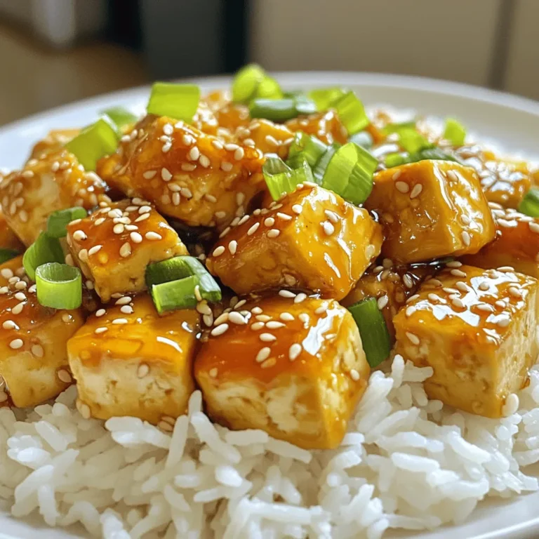 - 1 block (14 oz) firm tofu, pressed and drained - 1/2 cup cornstarch - 3 tablespoons vegetable oil - 1/4 cup honey - 2 tablespoons soy sauce - 4 cloves garlic, minced - 1 teaspoon fresh ginger, grated - 1 tablespoon sesame seeds, toasted - 2 green onions, sliced - Salt and pepper to taste To make crispy honey garlic tofu, you need simple ingredients that pack big flavor. Start with firm tofu. It holds its shape well and crisps up nicely. Press and drain it to get rid of excess water. This step is key for crispy tofu. Next, grab some cornstarch. It’s your secret weapon for that crunchy coating. It sticks to the tofu and gets crispy in the hot oil. Vegetable oil helps fry the tofu evenly. Use a good amount, but don’t drown the tofu. For the sauce, honey adds sweetness. Soy sauce brings saltiness, and garlic and ginger give it a warm kick. These flavors blend perfectly. You can adjust the honey and soy sauce to fit your taste. Finally, sesame seeds and sliced green onions are for garnishing. They add a nice crunch and color to your dish. This crispy honey garlic tofu is not just tasty; it's visually appealing too. For the full recipe, check out the detailed steps. - Cut the tofu into 1-inch cubes. - Toss tofu cubes in cornstarch with salt and pepper. Start by cutting your block of firm tofu into 1-inch cubes. Make sure the pieces are even for cooking. Next, take a shallow dish and add cornstarch. Sprinkle in some salt and pepper. Toss those tofu cubes in the cornstarch mixture, coating each piece well. Shake off any extra cornstarch to keep them light and crispy. - Heat vegetable oil in a skillet over medium-high. - Sauté tofu until golden brown and crispy. Now, heat 3 tablespoons of vegetable oil in a skillet over medium-high heat. Wait until the oil is hot. Carefully place the tofu cubes in the skillet in a single layer. Sauté them for about 5 to 7 minutes. Turn the pieces so they cook evenly. You want them to turn golden brown and get nice and crispy. Once done, transfer the tofu to a paper towel-lined plate to absorb excess oil. - Sauté garlic and ginger in the skillet. - Combine honey and soy sauce, allowing to thicken. In the same skillet, lower the heat to medium. Add 4 minced garlic cloves and 1 teaspoon of grated ginger. Sauté these for about 1 minute. You'll know they're ready when they smell great and turn golden. Now, pour in 1/4 cup of honey and 2 tablespoons of soy sauce. Stir well and let it cook for 2 to 3 minutes until it thickens a bit. - Coat crispy tofu in the honey garlic sauce. - Serve with garnishes. Gently place the crispy tofu back into the skillet. Toss it in the honey garlic sauce until every piece is coated. Remove from heat and sprinkle 1 tablespoon of toasted sesame seeds and 2 sliced green onions over the dish. This adds flavor and makes it look nice. For the full recipe, check the details above! - Use firm tofu for best results: Firm tofu holds its shape and crisps up nicely. - Ensure the tofu is properly pressed and drained: Pressing removes excess water. This helps the tofu absorb flavors and get crispy. - Adjust honey and soy sauce ratios to taste: You can make it sweeter or saltier by changing these amounts. - Experiment with adding red pepper flakes for heat: A little spice can really elevate the dish. Add to your liking. - Consider using an air fryer for an even crispier finish: Air frying gives a great crunch without extra oil. - Double-fry method for ultimate crunch: Fry the tofu once, let it rest, and fry again. This makes it super crispy. For more details, check the Full Recipe. {{image_4}} You can switch tofu for other proteins. Tempeh is a great choice. It has a nutty flavor and a firmer texture. Just cut it into cubes like tofu. Cook it the same way for a tasty dish. Seitan is another option. It mimics meat well and offers a chewy texture. It absorbs flavors easily. Use seitan if you're looking for a heartier bite. Want a kick? Add sriracha to the sauce. This gives a spicy twist to the sweet honey. You can also try orange juice or maple syrup. These swaps change the flavor profile. Orange adds a fresh zest, while maple syrup gives a rich taste. Both can make your dish stand out. Crispy honey garlic tofu shines when paired with sides. Steamed vegetables bring color and nutrition. A fresh salad can add crunch. You can also use this tofu in wraps or tacos. Just fill them with your favorite veggies and tofu. It makes for a fun and easy meal. For the full recipe, follow the steps and enjoy your cooking journey! You can keep crispy honey garlic tofu in the fridge. Place it in an airtight container. It will stay fresh for up to 3 days. This way, you can enjoy it later without losing flavor. To reheat your tofu, use the oven or a skillet. This keeps it crispy and tasty. Avoid using the microwave. It makes the tofu soggy, which we want to prevent. You can also freeze cooked tofu. It will last for up to 2 months in the freezer. When you want to eat it, simply thaw it out. After thawing, re-crisp it in a skillet or oven before serving. This method helps regain its crunchy texture. Typically, crispy honey garlic tofu lasts up to 3 days when stored properly. To keep it fresh, place it in an airtight container. Ensure the tofu is cool before sealing. This helps maintain its flavor and texture. Yes, you can make this recipe vegan. Simply replace honey with agave or maple syrup. Both options add sweetness without using animal products. This change keeps the dish plant-based and equally delicious! Crispy honey garlic tofu pairs well with rice, noodles, or a fresh vegetable stir-fry. You can serve it over steamed jasmine rice for a classic combo. Noodles coated in a light sauce also work great. Adding a side of colorful stir-fried veggies brings extra nutrition and flavor. Firm or extra-firm tofu works best for a crispy texture. These types hold their shape and don’t crumble. For the best results, make sure you press and drain the tofu well before cooking. This removes excess moisture, allowing for a delightful crunch. For the full recipe, check out the [Full Recipe]. In this post, we covered how to make crispy honey garlic tofu. You learned about the key ingredients, from firm tofu to the sweet and savory sauce. I shared step-by-step cooking tips and tricks for the perfect texture and flavor. Remember, you can customize the recipe with different proteins or sauces. Store leftovers correctly to enjoy this dish later. Overall, this recipe is fun, flexible, and delicious. Give it a try, and you’ll impress your friends or family!