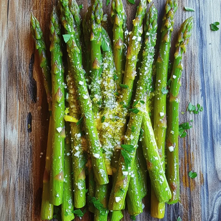 - Preheat the oven to 400°F (200°C). - Rinse and trim the asparagus. First, I set my oven to 400°F (200°C). This temperature roasts the asparagus just right. Next, I rinse the asparagus under cold water. I clean each stalk well. To trim, I gently bend the end until it snaps. This removes the tough part. If you prefer, use a knife for a clean cut. - Mix garlic, olive oil, lemon zest, lemon juice, and seasonings. Now, let’s make the marinade! In a small bowl, I combine minced garlic, olive oil, lemon zest, and lemon juice. I add sea salt, black pepper, and red pepper flakes for a little heat. Whisk all these together until well mixed. This marinade brings a burst of flavor to our asparagus. - Toss asparagus in marinade. - Roast asparagus for 12-15 minutes in preheated oven. Next, I lay the asparagus on a baking sheet. I drizzle the marinade over them, making sure each spear gets coated. I use my hands or a spoon to toss gently. Then, I spread them out in a single layer. I place the tray in the hot oven. I roast the asparagus for 12-15 minutes. Halfway through, I give them a stir. This helps them cook evenly. When done, they should be tender with a bit of crispness. If you want, sprinkle grated Parmesan cheese over the asparagus in the last two minutes of roasting. It melts nicely and adds richness. Once finished, I take them out and garnish with fresh parsley. This adds color and makes the dish pop! For the complete recipe, check out the [Full Recipe]. How do you tell when asparagus is done cooking? Look for a bright green color. The stalks should be tender but still firm. You can also poke them with a fork to check for tenderness. If they bend easily but don’t break, they’re perfect! Want to boost the flavor? Try adding fresh herbs like thyme or basil. You can also use spices like garlic powder or onion powder. If you like a kick, sprinkle red pepper flakes on top. Just a pinch adds great heat without overpowering the dish. How can you serve Garlic Lemon Asparagus? First, arrange the asparagus on a nice platter. Keep them in a single layer for a neat look. You can sprinkle some extra lemon zest on top for brightness. Finally, add fresh parsley for a splash of color. This makes your dish pop and look tasty! For the full recipe, check out the complete guide. {{image_4}} You can cook Garlic Lemon Asparagus in different ways. Each method gives a unique taste. - Grilling: This adds a smoky flavor. You will get nice grill marks. But you should watch it closely. It cooks fast and may burn. - Roasting: This method brings out the natural sweetness. You will get a tender inside with a slight crisp. It takes a short time at high heat, which is perfect for busy cooks. - Sautéing on the stovetop: This is quick and easy. Heat oil in a pan, add the asparagus, and cook for a few minutes. You get a fresh taste and a bright green color. You can switch ingredients to suit your taste or diet. - Cheese Options: If you want a vegan dish, skip the Parmesan. You can use nutritional yeast for a cheesy taste without dairy. Feta cheese is also a great option if you want a different flavor. - Citrus Variations: Instead of lemon, try lime or orange. Each fruit brings its own twist. Lime gives a tangy kick, while orange adds sweetness. Many people have different diets. You can easily adapt this dish. - Gluten-Free: This recipe is already gluten-free. Just make sure any added ingredients are too. - Dairy-Free: Skip the cheese or use a dairy-free alternative. This keeps the dish light and fresh. - Low-Carb: Asparagus is low in carbs, making it perfect for health-conscious eaters. You can enjoy it without worries about carbs. Try these variations to make Garlic Lemon Asparagus your own! For the complete recipe, check the [Full Recipe]. To keep your Garlic Lemon Asparagus fresh, follow these tips: - Refrigeration: Place leftovers in an airtight container. This helps keep moisture in and prevents odors from other foods. Store them in the fridge for best results. - Freezing: If you want to save them longer, consider freezing. First, blanch the asparagus in boiling water for two minutes. Then cool them in ice water. Drain and place in freezer bags. Remove air to avoid freezer burn. When it's time to enjoy them again, you should reheat properly. - Reheating: For the best taste, heat in a skillet over medium heat. Add a splash of olive oil to keep them moist. Stir occasionally for even heating. You can also reheat them in the oven at 350°F (175°C) for about 10 minutes. Garlic Lemon Asparagus lasts about 3 to 5 days in the fridge. - Check for freshness: Look for any signs of spoilage, like discoloration or a sour smell. If they seem off, it's best to toss them. To maintain texture after storage, try these tips: - Avoid overcrowding in the container. This helps air circulate and keeps them crisp. - When reheating, don't overcook them. This keeps their vibrant color and crunch. Following these steps will help you enjoy your Garlic Lemon Asparagus longer, keeping the flavors fresh and delicious! For the complete preparation guide, check the Full Recipe. What are the health benefits of asparagus? Asparagus is low in calories and high in nutrients. It is rich in vitamins A, C, E, and K. This vegetable also has folate, which helps with cell growth. Asparagus is a good source of fiber, aiding digestion. Plus, it has antioxidants that fight free radicals in the body. Can I prepare Garlic Lemon Asparagus in advance? Yes, you can prepare Garlic Lemon Asparagus in advance. You can wash and trim the asparagus a day before. Mix the marinade and store it in the fridge. When you are ready to eat, toss the asparagus in the marinade and roast them. This helps the flavors meld well. Can I use frozen asparagus for this recipe? Yes, you can use frozen asparagus for this recipe. However, fresh asparagus will taste better. If using frozen, thaw them first. Drain excess water to avoid sogginess. Then proceed with the marinade and roasting steps. How can I make this recipe spicier? To make this recipe spicier, add more red pepper flakes. You can also add sliced fresh jalapeños or a dash of hot sauce. Mix these into the marinade for an extra kick. Start with a small amount and adjust to your taste. What dishes pair well with Garlic Lemon Asparagus? Garlic Lemon Asparagus pairs well with many dishes. It complements grilled chicken, fish, or steak. You can also serve it with pasta or rice. A light salad also works nicely with this dish. How can I incorporate this recipe into a meal prep plan? Incorporate Garlic Lemon Asparagus into your meal prep by adding it to your favorite meals. Roast a big batch and store it in the fridge. Use it as a side dish throughout the week. It can add color and flavor to your meals. In this blog post, we covered a simple yet delicious Garlic Lemon Asparagus recipe. We explored fresh ingredients, step-by-step cooking instructions, and useful tips for perfecting your dish. You learned about different cooking methods and diet modifications, plus how to store leftovers. Garlic Lemon Asparagus is a versatile side that enhances any meal. Try it out and enjoy creating your own flavors!