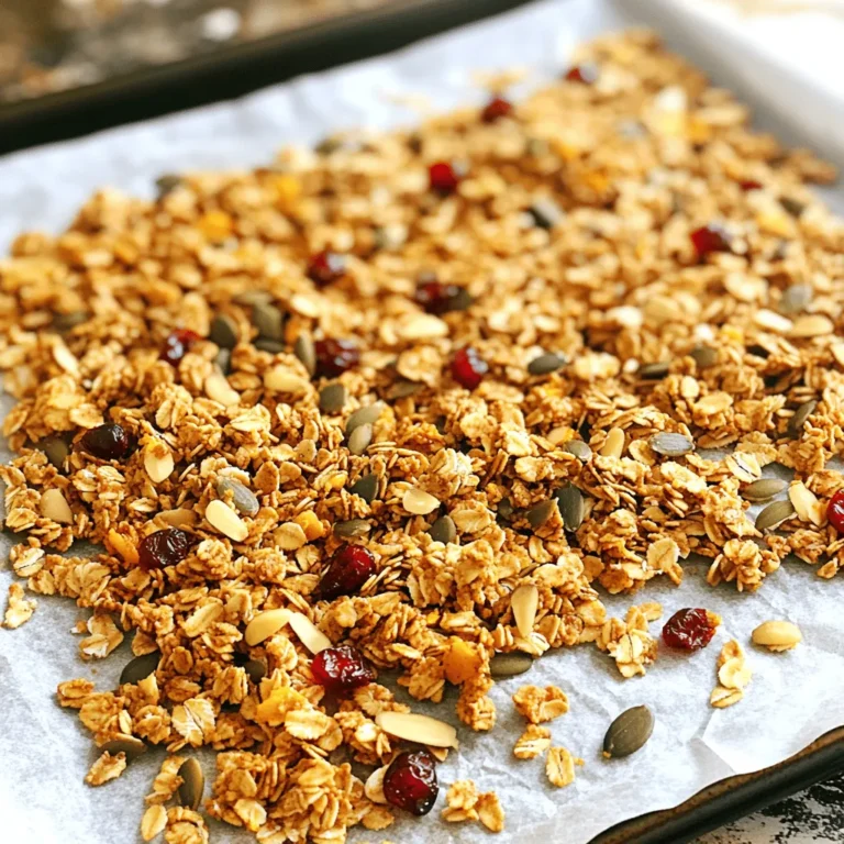 For a tasty batch of pumpkin spice granola, you need these simple ingredients: - 3 cups rolled oats - 1 cup pumpkin seeds - 1 cup almond slivers - 1/2 cup pure maple syrup - 1/4 cup coconut oil, melted - 1 cup dried cranberries - 1 tablespoon pumpkin pie spice - 1/2 teaspoon pure vanilla extract - 1/4 teaspoon sea salt - Rolled oats: They provide fiber. This helps keep you full longer. - Pumpkin seeds: These are rich in zinc and magnesium. They support heart health. - Almond slivers: They add protein and healthy fats. They also boost your energy. - Pure maple syrup: This natural sweetener has antioxidants. It gives a touch of sweetness. - Coconut oil: It offers healthy fats. This adds flavor and helps with cooking. - Dried cranberries: They are a good source of vitamins. They add a sweet-tart flavor. - Pumpkin pie spice: This mix includes cinnamon and nutmeg. It brings warmth and flavor. - Pure vanilla extract: It enhances the taste. It adds a lovely aroma. - Sea salt: Just a pinch enhances all the flavors. It balances the sweetness. If you want to change things up, try these swaps: - Use honey instead of maple syrup for a different sweetness. - Swap sunflower seeds for pumpkin seeds if you have allergies. - Replace almond slivers with walnut pieces for a different nutty flavor. - Use agave syrup instead of maple syrup for a vegan option. - Try raisins or dried cherries instead of cranberries for a new taste. These choices allow you to customize your granola to fit your taste and dietary needs. Check out the Full Recipe for more details! To make pumpkin spice granola, start by gathering all your ingredients. You need oats, pumpkin seeds, almond slivers, and more. Preheat your oven to 325°F (165°C). This heat helps the granola crisp up nicely. Line a large baking sheet with parchment paper. This makes cleanup easy. In a big bowl, mix the rolled oats, pumpkin seeds, almond slivers, and sea salt. Stir them well so they blend. In another small bowl, whisk together melted coconut oil, pure maple syrup, pumpkin pie spice, and vanilla extract. This mixture adds flavor to your granola. Pour the wet mix over the dry ingredients. Stir well to coat everything. Transfer this mixture to the baking sheet. Spread it out evenly. Bake for 25 to 30 minutes. Stir every 10 minutes to avoid burning. The granola is done when it is golden brown. After baking, let it cool completely on the sheet. This step is key for making it crunchy. Once cool, add in the dried cranberries and mix them in. Store your granola in an airtight container for up to two weeks. To get the best texture, make sure not to skip the stirring. Stirring helps the granola bake evenly. If you want clusters, don’t stir too much. Let it sit in the oven without stirring for the last 10 minutes. Use high-quality maple syrup for better flavor. You can also switch the coconut oil for another oil if you prefer. Just keep the same amount. Adding nuts or seeds can give a nice crunch. Try using sunflower seeds or walnuts too. When making granola, pay attention to the color. A golden brown color means it is ready. If it looks too light, it might need more time. Consistency is also important. You want every piece to be evenly coated. Feel free to take a peek through the oven door, but avoid opening it too much. This helps keep the heat inside. For a fun touch, sprinkle some extra pumpkin pie spice on top before baking. It gives a nice aroma and flavor. Granola can be tricky. Here are some common mistakes to avoid: - Not stirring enough: Stir your mix every 10 minutes while baking. This helps prevent burning. - Using too much wet ingredients: Too much oil or syrup makes granola chewy instead of crunchy. - Not cooling properly: Allow the granola to cool on the baking sheet. This creates those tasty clusters. Want more flavor in your granola? Try these ideas: - Add cinnamon: Sprinkle in extra cinnamon for warmth. - Try nutmeg: A dash of nutmeg adds a cozy kick. - Use ginger: Ground ginger gives a nice zing to your mix. - Experiment with cardamom: This spice brings a unique taste that pairs well with pumpkin. Clusters make granola fun. Here’s how to make them: - Press down the mixture: After spreading the granola on the sheet, press it down firmly. - Bake without stirring: Bake for the first 20 minutes without stirring for bigger clusters. - Cool completely: Let it cool before breaking it apart. This helps form solid chunks. For a full recipe, check out the [Full Recipe]. {{image_4}} You can change your pumpkin spice granola by adding fun mix-ins. Try adding nuts like walnuts or pecans for crunch. You can also mix in seeds like sunflower or chia for extra nutrition. Dried fruits, such as raisins or apricots, add sweetness and chewiness. Want some chocolate? Toss in dark chocolate chips or cocoa nibs. You can create a granola that fits your taste. As fall turns to winter, you can spice up your granola even more. Add cinnamon or nutmeg for a cozy taste. Try incorporating peppermint extract for a fresh twist during the holidays. You can even mix in crushed ginger snaps for a festive crunch. Each season brings new flavors to explore, so feel free to experiment. If you need a gluten-free version, simply swap rolled oats for certified gluten-free oats. Most nuts and seeds are gluten-free, so you’re all set. For a vegan option, ensure your maple syrup is pure. You can also use agave syrup if you prefer. By making these simple swaps, anyone can enjoy your delicious granola. For the full recipe, check out the details above. To keep your pumpkin spice granola fresh, use an airtight container. Glass jars or plastic bins work well. Store it in a cool, dry place. Avoid direct sunlight, as it can make the granola stale. To extend the life of your granola, consider these tips: - Keep it sealed. Always close the lid tightly after each use. - Use small portions. Store in smaller containers for easy access. - Refrigerate if needed. If your kitchen is warm, the fridge can help. Check your granola for these signs to know if it has spoiled: - Odor. If it smells off or rancid, it's best to toss it. - Texture. It should be crunchy, not soggy or chewy. - Taste. If it tastes stale or strange, do not eat it. For the best flavor and crunch, enjoy your pumpkin spice granola within two weeks. You can find the full recipe above to get started on this tasty treat! Homemade pumpkin spice granola lasts for about two weeks. Store it in an airtight container. Keep it at room temperature to maintain its crunch. If you notice it becoming soft, it may not be fresh. Enjoy it while it's at its best! Yes, you can freeze pumpkin spice granola. Place it in a freezer-safe bag or container. It can last for up to three months in the freezer. Just remember to let it thaw before eating. This way, you can enjoy it even longer! You can find pumpkin spice granola at most grocery stores. Look in the snack aisle or the health food section. Many brands offer it, so you have options. You can also check online retailers for more choices. Making pumpkin spice granola at home is easy and rewarding. We covered the ingredients, their benefits, and tips for perfect preparation. I shared common mistakes to avoid and ways to enhance flavor. You also learned about fun variations and storage tips to keep your granola fresh. With these insights, you can create a delicious snack that fits your taste and needs. Enjoy the process and create your own unique recipes!
