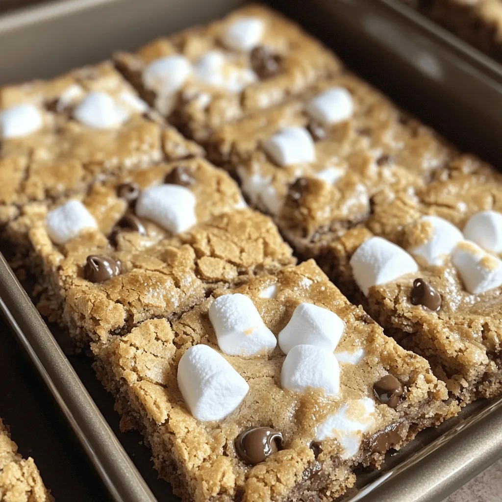 - 1 cup unsalted butter, softened to room temperature - 1 cup packed brown sugar - 1/2 cup granulated sugar - 2 large eggs, at room temperature - 2 teaspoons pure vanilla extract - 2 1/4 cups all-purpose flour - 1 teaspoon baking soda - 1/2 teaspoon salt - 1 cup finely crushed graham cracker crumbs - 1 cup semi-sweet chocolate chips - 1 cup mini marshmallows - Extra chocolate chips and graham cracker pieces for topping Gathering the right ingredients sets the stage for your S'mores Cookie Bars. Start with softened butter for a rich, creamy base. You need both brown and granulated sugar for the perfect sweetness. Eggs add moisture and help bind the dough. Vanilla extract gives a lovely flavor. All-purpose flour is essential for structure, while baking soda gives your bars a soft rise. Don't skip the salt; it enhances the sweet flavors. Graham cracker crumbs bring that classic s'mores taste, while semi-sweet chocolate chips and mini marshmallows create the gooey goodness we love. Finish with extra chocolate and graham pieces for that beautiful topping. For the full recipe, just follow the simple steps to make these delightful treats. Your kitchen will smell amazing! 1. Preheat your oven to 350°F (175°C). Line a 9x13 inch baking pan with parchment paper. Leave some paper hanging over the edges. This helps lift the bars out later. 2. In a large bowl, mix wet ingredients. Beat 1 cup of softened butter with 1 cup of brown sugar and 1/2 cup of granulated sugar. Use an electric mixer for about 2-3 minutes. The mix should become light and fluffy. 3. Add in the eggs and vanilla. Mix in 2 large eggs one at a time. After each egg, ensure it’s well blended. Finally, add 2 teaspoons of pure vanilla extract and mix until combined. 4. Combine the dry ingredients. In another bowl, sift together 2 1/4 cups of flour, 1 teaspoon of baking soda, 1/2 teaspoon of salt, and 1 cup of finely crushed graham cracker crumbs. Gradually add this mix to the wet ingredients. Stir gently until no flour streaks remain. 1. Layer the cookie dough. Take half of the dough and press it evenly into the bottom of your lined pan. This will be your base. 2. Add the chocolate and marshmallow filling. Sprinkle a layer of 1 cup of semi-sweet chocolate chips and 1 cup of mini marshmallows over the base. This middle layer adds that gooey s'mores magic! 3. Top with remaining dough. Scoop small spoonfuls of the remaining dough and flatten them. Place these over the filling. It's okay if some of the filling shows through. It makes the bars look rustic and fun! 4. Add finishing touches. Scatter some extra graham cracker pieces and chocolate chips on top for a beautiful finish. 1. Cool the bars in the pan. Once baked for 25-30 minutes, take them out of the oven. Let them cool in the pan for about 10-15 minutes. 2. Cut the bars into servings. Use the parchment overhang to lift the bars out onto a cutting board. Cut them into your desired size. 3. Suggestions for enjoying. For the best experience, serve these bars warm or at room temperature. Enjoy with a glass of cold milk for a perfect treat! For the full recipe, check the details above. Softened butter is key for great cookie bars. It helps the dough mix evenly and creates a nice, chewy texture. If you forget to soften it, you can microwave it for just a few seconds. Avoiding overmixing the dough is also important. Mix just until everything comes together. Overmixing can make the bars tough and dry. Using different types of chocolate can elevate your bars. Try dark chocolate or milk chocolate for a change. You can even mix in white chocolate for a fun twist. Adding nuts can give your bars extra crunch. Pecans or walnuts pair well with the soft marshmallows. Just chop them up and fold them into the dough. Check for doneness after about 25 minutes. The edges should look golden brown, while the center stays soft. A toothpick test is great, but a few gooey marshmallows on it are okay! To keep a gooey center, underbake just a little. The bars will continue to cook as they cool. They should be warm and soft when you cut into them. For the full recipe, see the section above. {{image_4}} You can make s'mores cookie bars gluten-free. Start by substituting gluten-free flour for all-purpose flour. Look for a good blend that has a similar texture. You may need to adjust the liquid a little. Sometimes, gluten-free flour absorbs more liquid. Want a twist? Try using peanut butter chocolate chips instead of regular ones. This adds a rich, nutty flavor. You can also add flavored marshmallows. Think about caramel or strawberry. These options give your bars a unique taste and fun color. Pair your s'mores cookie bars with ice cream. A scoop of vanilla or chocolate is perfect. You can also serve them with sauces or toppings. Try hot fudge or caramel drizzle. These extras elevate the dessert to a whole new level. For more ideas, check the Full Recipe. To keep your s'mores cookie bars fresh, store them in an airtight container. This helps lock in moisture and keeps them chewy. You can stack the bars with parchment paper between layers to prevent sticking. For the best results, place them in a cool, dry area. Avoid places with heat or sunlight, as these can dry out the bars. If you have leftovers, you can also store them in the fridge for extra freshness. If you want to save some bars for later, freezing is a great option. First, let the bars cool completely. Then, wrap them tightly in plastic wrap or foil. Place the wrapped bars in a freezer-safe bag or container. When you’re ready to enjoy them, thaw the bars in the fridge overnight. For quick reheating, pop them in the microwave for about 15-20 seconds. This warms them up without drying them out. At room temperature, s'mores cookie bars stay fresh for about 3 to 5 days. If you keep them in the fridge, they can last up to a week. In the freezer, they can stay good for up to 3 months. Just remember to check for any signs of freezer burn before eating. With these storage tips, you can enjoy your s'mores cookie bars at their best! For the full recipe, check out the details above. S’mores cookie bars can last up to five days at room temperature. Keep them in an airtight container to lock in freshness. If you store them in the fridge, they can last up to a week. The cold might change the texture a bit, but they still taste great! Yes, you can make these bars a day or two before your event. Just bake them and let them cool completely. Then, wrap them tightly in plastic wrap or store them in a container. This makes them easy to grab when you are ready to serve. If you don’t have marshmallows, you can use marshmallow fluff. It gives a similar taste and texture. You could also try using caramel bits or chocolate-covered marshmallows for a fun twist. Just remember, these will change the flavor a bit. Absolutely! You can switch to a peanut butter cookie base for a nutty flavor. A chocolate cookie base also works well. Just keep the same amount of flour to keep the bars chewy and delicious. To reheat your cookie bars, set the oven to 350°F (175°C). Place the bars on a baking sheet and warm them for about five minutes. This keeps them soft and gooey. You can also microwave them for 10-15 seconds, but be careful not to overdo it! In this post, we explored how to make delicious s'mores cookie bars. We covered ingredients, step-by-step instructions, and tips for the best texture. Variations and storage info help you adapt and enjoy these treats. These cookie bars make for a fun dessert at any gathering. With a few simple tweaks, you can create your own twist. Enjoy baking and sharing this sweet experience!