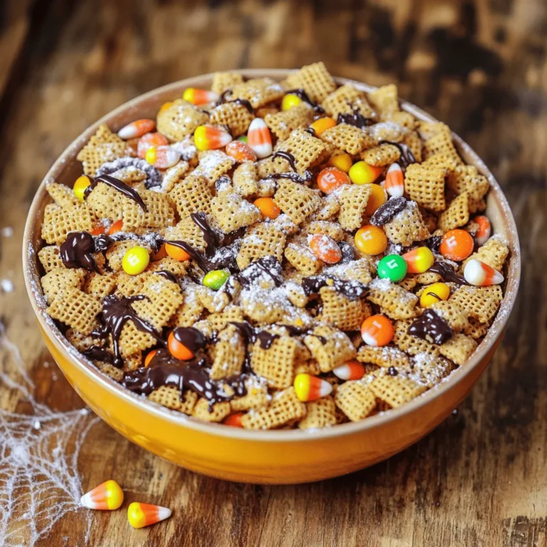 - 3 cups Rice Chex cereal - 3 cups Corn Chex cereal - 2 cups pretzel sticks - 1 cup candy corn - 1 cup M&M's (preferably pumpkin or Halloween-themed) - 1/2 cup chocolate chips - 1/2 cup creamy peanut butter - 1/4 cup unsalted butter - 1/4 cup powdered sugar - 1 teaspoon pure vanilla extract - 1/4 teaspoon sea salt - Handful of Halloween-themed sprinkles To make Halloween Chex Mix, gather your ingredients first. The main ingredients give it a fun crunch and sweetness. Rice Chex and Corn Chex add texture and flavor. Pretzel sticks bring a salty bite, while candy corn and M&M's add bright colors and sweetness. Next, prepare the coating ingredients. Chocolate chips, peanut butter, and butter melt together to create a rich sauce. Adding powdered sugar sweetens the mix. Vanilla extract boosts the flavor, and sea salt balances everything. For a festive touch, don’t forget the sprinkles! They add color and fun to your Halloween treat. You can find all these ingredients in any store. If you want the full recipe, just check below. Enjoy creating your spooky snack! First, grab a big mixing bowl. Combine 3 cups of Rice Chex, 3 cups of Corn Chex, and 2 cups of pretzel sticks in the bowl. Use your hands or a spatula to toss them together. Make sure they mix well. Set this bowl aside while you prepare the coating. Next, we will melt the tasty coating. In a microwave-safe bowl, add 1/4 cup of unsalted butter, 1/2 cup of creamy peanut butter, and 1/2 cup of chocolate chips. Heat the bowl in the microwave for about 30 seconds. Stir the mixture. If it is not smooth, heat it for another 15 to 30 seconds. Once it is all melted and smooth, take it out. Stir in 1 teaspoon of pure vanilla extract and 1/4 teaspoon of sea salt. Now comes the fun part. Drizzle the melted mixture over the dry ingredients in the big bowl. Use a rubber spatula to fold the mix gently. Make sure every piece gets a nice coating. This step is key for tasty bites. It’s time to add some sweetness! Sprinkle 1/4 cup of powdered sugar over the coated mix. Fold gently again to make sure the sugar gets mixed in well. Then, fold in 1 cup of candy corn and 1 cup of M&M's. Use Halloween-themed M&M's if you can. This will add fun colors and flavors to your mix. After mixing, transfer the Chex mix onto a large baking sheet lined with parchment paper. Spread it out evenly. Let it cool for about 30 minutes. This helps the mix to set and firm up. Once it is cool, you can add more candy corn and M&M's on top. Finish with a handful of Halloween-themed sprinkles to make it extra festive. Enjoy this spooky treat with friends or family. For the full recipe, check out the details above! To make the best Halloween Chex Mix, always use fresh ingredients. Fresh cereal and snacks add great taste. Look for crunchy Chex and tasty pretzels. The right mix of flavors makes your snack pop. When melting your chocolate mixture, take care not to overheat it. Heat it slowly to keep it smooth. If it burns, the taste changes, and it won’t coat well. Heat in short bursts and stir often. This way, you keep the chocolate rich and creamy. For even coating, use a rubber spatula. This tool lets you fold without crushing the cereal. Gently mix the ingredients for a perfect blend of flavors. You want every piece to be coated well. This ensures each bite is full of sweetness and crunch. {{image_4}} You can change up the flavor of your Halloween Chex Mix by adding spices. Try cinnamon for a sweet touch or chili powder for some heat. These spices add depth and excitement. They make the mix a bit more interesting. You can adjust the amount based on your taste. If you need gluten-free options, use gluten-free Chex cereals. For a nut-free version, swap out the peanut butter with sun butter. This keeps the mix tasty while meeting dietary needs. Always check labels to ensure safety. To make your Chex Mix even more festive, think about adding seasonal candy. You could use pumpkin-shaped gummies or spooky chocolate pieces. These themed additions give your mix a fun twist. They also provide different flavors and textures. Feel free to get creative! Check the Full Recipe for more ideas. To keep your Halloween Chex Mix fresh, use an airtight container. This helps avoid stale snacks. Make sure to store it in a cool, dry place. You can also use a resealable bag if you don’t have a container. Just squeeze out the air before sealing. When stored properly, your Chex Mix can last up to two weeks. It might still taste good after that, but the crunch may fade. If it loses its crispness, try reheating it in the oven for a few minutes. You can freeze your Chex Mix for longer storage. Place it in a freezer-safe bag or container. Be sure to remove as much air as possible. To enjoy, thaw it in the fridge overnight, then spread it out on a baking sheet. Warm it in the oven for a few minutes to restore crunch. This way, you keep all the yummy flavors intact! For the full recipe, check out the Spooky Halloween Chex Mix. To make Halloween Chex Mix, gather your ingredients first. Start by mixing Rice Chex, Corn Chex, and pretzel sticks in a big bowl. Melt butter, peanut butter, and chocolate chips together in the microwave. Drizzle this mixture over your dry ingredients and mix gently. Next, add powdered sugar, candy corn, and M&M's. Finally, spread it out on a baking sheet to cool. You can find the Full Recipe for more details. Yes, you can easily change the ingredients. If you love nuts, add almonds or peanuts. Want more sweetness? Try adding mini marshmallows or chocolate-covered pretzels. You can also swap out candy corn for other favorite candies. Just keep it fun and festive, and use what you like best. Halloween Chex Mix is great for parties! You can serve it in spooky-themed bowls or small treat bags. It also works well as a snack for movie nights. For an extra touch, add some Halloween decorations around the serving area. This makes it look festive and fun for everyone! You can create a fun and festive Halloween Chex Mix with just a few simple steps. We covered the key ingredients, from Rice Chex to candy corn, and how to mix them well. Don’t forget the melting process, which makes all the flavors blend together. Remember to store it in an airtight container for freshness. You can also adjust the recipe to make it your own. Enjoy this snack at parties or while watching movies. Happy mixing!