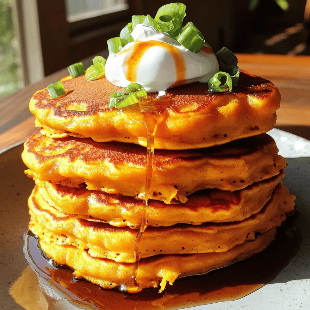 To make savory sweet potato pancakes, you need the right ingredients. The star of the dish is the sweet potato. Use one large sweet potato. Peel it and grate it coarsely. This makes it easy to mix into the batter. Next, you need some cheese. I recommend using either cheddar or feta cheese. Both add a nice creaminess and flavor. If you want, you can also try other cheeses like goat cheese or mozzarella. For the liquid, you can use milk. Whole milk gives a rich taste, but almond milk is a great dairy-free option. Both work well in this recipe. Here’s a quick list of the main ingredients: - 1 large sweet potato, peeled and coarsely grated - 1 cup all-purpose flour - 1 teaspoon baking powder - 1/2 teaspoon baking soda - 1/2 teaspoon salt - 1/4 teaspoon freshly ground black pepper - 1 teaspoon garlic powder - 1/2 cup milk (whole or almond) - 1 large egg - 2 tablespoons olive oil, plus more for cooking - 1/4 cup green onions, finely chopped - 1/4 cup shredded cheese (cheddar or feta recommended) With these ingredients ready, you can start making your savory sweet potato pancakes. Make sure to check the full recipe for all the steps! Mixing the dry ingredients is simple. Start by taking a large bowl. Add the grated sweet potato, all-purpose flour, baking powder, baking soda, salt, black pepper, and garlic powder. Stir well. Make sure the sweet potato is coated evenly. This step is key to getting the flavors right. Next, combine the wet ingredients. In a medium bowl, whisk the milk, large egg, and two tablespoons of olive oil. Mix until smooth. This helps the batter come together nicely. Now, pour the wet mix into the dry ingredients. Stir gently. Be careful not to overmix. If you mix too much, the pancakes can become tough. After that, fold in the green onions and shredded cheese. Make sure they spread out evenly in the batter. For cooking, preheat your skillet over medium heat. Add a little olive oil to prevent sticking. For each pancake, pour about 1/4 cup of batter onto the hot skillet. Use the back of a spoon to shape it if needed. Cook the pancakes without touching them for about 3-4 minutes. You’ll see bubbles form on the surface. The edges should look set. This is your cue to flip them. Cook for another 2-3 minutes until they turn golden brown. Keep cooking the rest of the batter, adding more oil as needed. Enjoy the savory sweet potato pancakes with your favorite toppings! For the full recipe, check out the section above. To make savory sweet potato pancakes, focus on two main points: avoiding overmixing and ensuring even cooking. - Avoiding overmixing: When you combine the wet and dry ingredients, mix only until just combined. Overmixing leads to tough pancakes. You want a light and fluffy texture, so be gentle. A few lumps in the batter are perfectly fine. - Ensuring even cooking: Use a non-stick skillet and preheat it on medium heat. This step is key for even cooking. Pour about 1/4 cup of batter for each pancake and let them cook undisturbed. Wait until bubbles form on top and the edges look set before flipping. This way, you get a golden brown finish. Now, let’s make these pancakes even more delicious with some serving ideas. - Complementary toppings: Top your pancakes with a dollop of sour cream or Greek yogurt. A sprinkle of fresh herbs, like cilantro or parsley, adds brightness. You can also add sliced avocado for creaminess. - Pairing with sauces: Consider drizzling hot sauce or a tangy salsa over the pancakes. This adds a nice kick. For a sweeter touch, a drizzle of maple syrup can balance the savory flavors perfectly. For the full recipe, follow the detailed steps to create these tasty pancakes that everyone will love! {{image_4}} For a gluten-free option, use almond flour or coconut flour instead of all-purpose flour. These flours add a unique taste and texture. Just keep in mind, the batter may need more liquid. You can also spice up your pancakes. Try adding cumin or smoked paprika for a warm flavor. A pinch of cayenne will give a nice kick. Mix and match spices to find your favorite taste. You can enjoy these pancakes at breakfast or as a savory brunch dish. For breakfast, serve them with maple syrup or honey. It adds a sweet touch. For brunch, top them with poached eggs and avocado. This makes a filling meal. Try pairing them with a fresh salad or roasted veggies for a light lunch. With these variations, you can make savory sweet potato pancakes fit any meal! Check the Full Recipe for more ideas. To keep your savory sweet potato pancakes fresh, store any leftovers in the fridge. Place them in an airtight container. This helps maintain their flavor and texture. You can stack the pancakes with parchment paper between layers. This prevents them from sticking together. Leftovers can last up to three days in the fridge. Make sure to label your container with the date. This way, you won’t forget about them! If you want to save your pancakes for later, freezing is a great option. Allow the cooked pancakes to cool completely. Once cooled, place them in a single layer on a baking sheet. Freeze them for about an hour. This will help them keep their shape. After they are frozen, transfer the pancakes to a freezer-safe bag. Remove as much air as possible before sealing. They can last up to two months in the freezer. When you're ready to enjoy them, take out what you need. Thaw the pancakes in the fridge overnight. To reheat, use a skillet on low heat or pop them in the toaster. This will make them warm and crispy again. For the full recipe, check out the original instructions! How to make savory sweet potato pancakes gluten-free? You can make these pancakes gluten-free by swapping all-purpose flour for a gluten-free flour blend. Look for one that works well in baking. Almond flour or oat flour can also work, but they will change the texture. Can I use other vegetables in the recipe? Yes, you can use other vegetables! Zucchini, carrots, or even butternut squash can add great flavor. Just make sure to grate them well and remove excess moisture for the best results. How long do the pancakes last in the fridge? These pancakes last about 3 to 5 days in the fridge. Store them in an airtight container for freshness. Reheat them in a skillet for a few minutes. You can also freeze them for longer storage. For the full recipe, check the details above! In this article, we covered how to make tasty sweet potato pancakes. You learned about the ingredients, including cheese and milk options. I provided step-by-step instructions and cooking tips for golden brown pancakes. We explored ingredient variations and serving ideas, plus how to store leftovers properly. Try these pancakes for breakfast or brunch. They are easy and fun to make. Enjoy your cooking and share your creations!