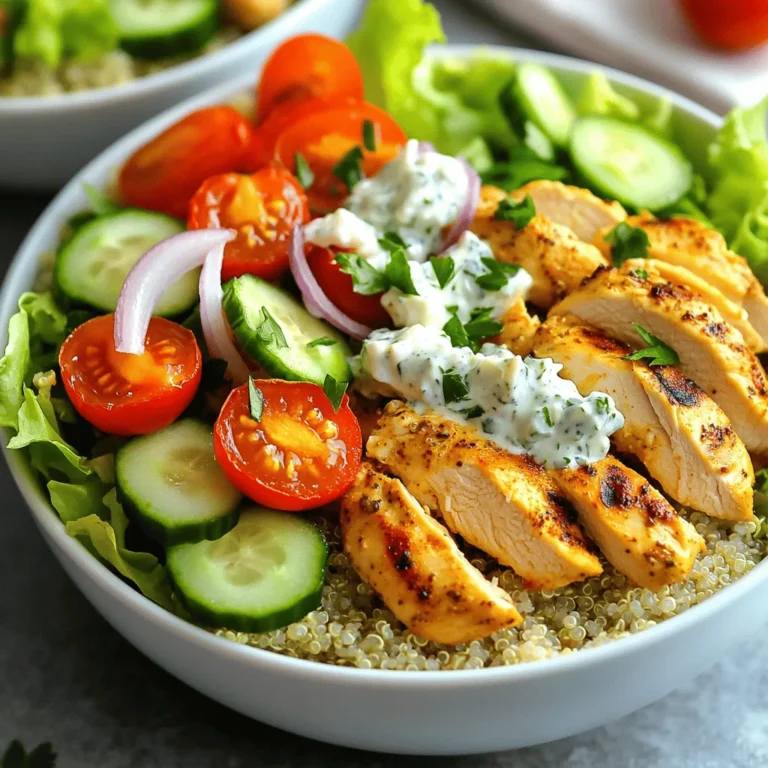 - 1 lb chicken breast (diced) - 2 tablespoons extra virgin olive oil - 2 teaspoons dried oregano - 1 teaspoon garlic powder - 1 teaspoon onion powder - Salt and freshly cracked black pepper (to taste) - 1 cup cooked quinoa or rice (white or brown) - 1 cup cherry tomatoes (halved) - 1 medium cucumber (diced) - 1/2 red onion (thinly sliced) - 1 cup lettuce (shredded) - 1/2 cup feta cheese (crumbled) - 1/4 cup tzatziki sauce (store-bought or homemade) - Fresh parsley (for garnish) I love using fresh ingredients in my Greek Chicken Gyro Bowls. The chicken marinade is key to packing in great flavor. I mix diced chicken with olive oil, dried oregano, garlic powder, onion powder, salt, and black pepper. This blend creates a tasty base that enhances the chicken's natural flavors. For the bowl, I choose a hearty base like quinoa or rice. Both give a nice texture and absorb flavors well. Fresh veggies make this dish vibrant. I use cherry tomatoes, cucumber, red onion, and lettuce for crunch. The feta cheese adds a creamy, salty touch that pairs perfectly with the tzatziki sauce. You can find the full recipe in the earlier sections. Enjoy experimenting with these ingredients to make your gyro bowls fresh, colorful, and delicious! To start, take your chicken breast and cut it into small pieces. In a large mixing bowl, pour in 2 tablespoons of olive oil. Then, add 2 teaspoons of dried oregano, 1 teaspoon of garlic powder, and 1 teaspoon of onion powder. Don’t forget to season with salt and pepper. Mix everything well. Make sure each piece of chicken gets a good coating of the marinade. This step is key for tasty chicken. Next, heat a skillet on medium-high heat. Once it’s hot, add the marinated chicken. Cook the chicken for about 6 to 8 minutes. Stir it often so that it browns evenly. You can check if it’s done by using a meat thermometer. The chicken should reach 165°F inside. When it’s ready, take it off the heat and let it cool for a minute. While the chicken cooks, grab another bowl. Add 1 cup of halved cherry tomatoes, 1 diced cucumber, 1 thinly sliced red onion, and 1 cup of shredded lettuce. Gently toss these veggies together. This mix will add fresh crunch to your gyro bowls. Now, it’s time to put everything together! Start with a scoop of cooked quinoa or rice at the bottom of each bowl. Then, layer the sautéed chicken on top. Next, add your fresh vegetable mix over the chicken. For extra flavor, sprinkle 1/2 cup of crumbled feta cheese on top. Drizzle 1/4 cup of tzatziki sauce over everything. Finally, finish off with a sprinkle of chopped parsley for a fresh touch. This simple assembly makes for a colorful and tasty meal. You can find the full recipe above to guide you step by step! For the best flavor, marinate the chicken for at least 30 minutes. This allows the spices to soak in. If you're short on time, even 15 minutes helps. You can switch out the olive oil for yogurt or lemon juice. These options give a tangy twist. Fresh herbs like dill or mint can also enhance the taste. You can grill or pan-sear the chicken. Grilling adds a nice smoky flavor. For grilling, cook the chicken for about 6-8 minutes on each side. If you pan-sear, use a medium-high heat and cook for 6-8 minutes until the chicken turns golden brown. Keep the chicken pieces uniform in size for even cooking. Chicken thighs will need a few extra minutes compared to breasts. Serve your gyro bowls with warm pita bread or a fresh Greek salad. The bread is perfect for scooping up the bowls. Pair the meal with a light beverage like lemonade or iced tea. These drinks balance the flavors well. You can also try a crisp white wine for adults. Enjoy the vibrant tastes and textures in every bite! {{image_4}} You can switch chicken for other proteins. Try tofu for a tasty vegetarian option. Shrimp makes a great choice if you want seafood. Use firm tofu and marinate it like chicken. For shrimp, cook it quickly until pink and tender. This keeps the meal light and fresh. If you want to make it vegan, skip the feta and tzatziki. Instead, use avocado or a cashew cream. These options add creaminess and flavor. To spice things up, add cayenne pepper or chili flakes. This gives your gyro bowl a nice kick. You can also mix in smoked paprika for a deeper taste. Don’t be afraid to experiment with herbs like dill or mint. They add fresh, bright notes. Consider adding more vegetables too. Bell peppers, zucchini, or olives can enhance the flavor. Roasted veggies add a smoky touch while keeping it healthy. If you want a fun twist, use a tortilla wrap. Just fill it with the same ingredients and roll it up. This makes it easy to eat on the go. You can also turn your gyro bowl into a layered dip. Start with a base of tzatziki, then add chicken, veggies, and feta. Serve it with pita chips for a tasty snack. For the full recipe, check out the detailed instructions above. Enjoy creating your unique version of Greek Chicken Gyro Bowls! To store leftover gyro bowls, place them in an airtight container. This keeps them fresh. Make sure to refrigerate within two hours of serving. The ideal temperature is below 40°F. Properly stored, they last for up to three days. You can freeze chicken and cooked grains. Use freezer-safe bags or containers. Remove as much air as possible before sealing. This prevents freezer burn. For best results, freeze the chicken and grains separately from the fresh veggies. This keeps flavors intact and preserves texture. To maintain taste and texture, use the oven or stovetop. Preheat your oven to 350°F. Place the gyro bowl in an oven-safe dish and cover with foil. Heat for about 15-20 minutes. If using the stovetop, heat on low, stirring gently. This avoids overcooking. Always check that the chicken is heated through to 165°F. If frozen, defrost in the refrigerator overnight before reheating. A gyro bowl differs mainly in how it’s served. In a gyro, the meat is wrapped in pita bread. A gyro bowl has all the same tasty ingredients but served in a bowl. You get layers of chicken, grains, and fresh veggies. This makes it easier to eat with a fork. You also get to enjoy all the flavors in each bite. Yes, you can make tzatziki sauce at home! It is easy and quick. Just mix Greek yogurt with grated cucumber, minced garlic, lemon juice, and salt. Stir well until smooth. This sauce adds a cool touch to your gyro bowl. You can find a full recipe for tzatziki in many Greek cookbooks or online. To adjust the recipe, simply multiply the ingredients by the number of servings you need. Keep the same ratios for chicken, grains, and veggies. For example, if you want to serve eight people, double each ingredient. This will keep the flavors balanced and delicious. You can keep leftover gyro bowls in the fridge for about three days. Make sure to store them in a sealed container. When you want to eat them again, check for any signs of spoilage. Reheat the chicken and grains before serving to enjoy the flavors again. In this blog post, we explored how to create delicious Greek Chicken Gyro Bowls. We covered key ingredients, simple steps, and useful tips. You learned how to marinate chicken, prepare fresh veggies, and assemble the perfect bowl. Variations let you adapt it to your taste, whether you want different proteins or extra spices. Remember, these bowls are not just tasty—they're also fun to make. Enjoy your cooking journey and share your creations with friends. You have everything you need to whip up a healthy, flavorful meal!