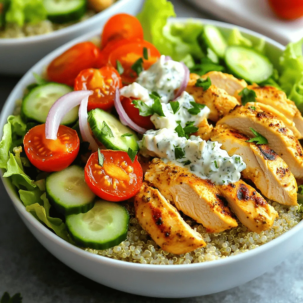 - 1 lb chicken breast (diced) - 2 tablespoons extra virgin olive oil - 2 teaspoons dried oregano - 1 teaspoon garlic powder - 1 teaspoon onion powder - Salt and freshly cracked black pepper (to taste) - 1 cup cooked quinoa or rice (white or brown) - 1 cup cherry tomatoes (halved) - 1 medium cucumber (diced) - 1/2 red onion (thinly sliced) - 1 cup lettuce (shredded) - 1/2 cup feta cheese (crumbled) - 1/4 cup tzatziki sauce (store-bought or homemade) - Fresh parsley (for garnish) I love using fresh ingredients in my Greek Chicken Gyro Bowls. The chicken marinade is key to packing in great flavor. I mix diced chicken with olive oil, dried oregano, garlic powder, onion powder, salt, and black pepper. This blend creates a tasty base that enhances the chicken's natural flavors. For the bowl, I choose a hearty base like quinoa or rice. Both give a nice texture and absorb flavors well. Fresh veggies make this dish vibrant. I use cherry tomatoes, cucumber, red onion, and lettuce for crunch. The feta cheese adds a creamy, salty touch that pairs perfectly with the tzatziki sauce. You can find the full recipe in the earlier sections. Enjoy experimenting with these ingredients to make your gyro bowls fresh, colorful, and delicious! To start, take your chicken breast and cut it into small pieces. In a large mixing bowl, pour in 2 tablespoons of olive oil. Then, add 2 teaspoons of dried oregano, 1 teaspoon of garlic powder, and 1 teaspoon of onion powder. Don’t forget to season with salt and pepper. Mix everything well. Make sure each piece of chicken gets a good coating of the marinade. This step is key for tasty chicken. Next, heat a skillet on medium-high heat. Once it’s hot, add the marinated chicken. Cook the chicken for about 6 to 8 minutes. Stir it often so that it browns evenly. You can check if it’s done by using a meat thermometer. The chicken should reach 165°F inside. When it’s ready, take it off the heat and let it cool for a minute. While the chicken cooks, grab another bowl. Add 1 cup of halved cherry tomatoes, 1 diced cucumber, 1 thinly sliced red onion, and 1 cup of shredded lettuce. Gently toss these veggies together. This mix will add fresh crunch to your gyro bowls. Now, it’s time to put everything together! Start with a scoop of cooked quinoa or rice at the bottom of each bowl. Then, layer the sautéed chicken on top. Next, add your fresh vegetable mix over the chicken. For extra flavor, sprinkle 1/2 cup of crumbled feta cheese on top. Drizzle 1/4 cup of tzatziki sauce over everything. Finally, finish off with a sprinkle of chopped parsley for a fresh touch. This simple assembly makes for a colorful and tasty meal. You can find the full recipe above to guide you step by step! For the best flavor, marinate the chicken for at least 30 minutes. This allows the spices to soak in. If you're short on time, even 15 minutes helps. You can switch out the olive oil for yogurt or lemon juice. These options give a tangy twist. Fresh herbs like dill or mint can also enhance the taste. You can grill or pan-sear the chicken. Grilling adds a nice smoky flavor. For grilling, cook the chicken for about 6-8 minutes on each side. If you pan-sear, use a medium-high heat and cook for 6-8 minutes until the chicken turns golden brown. Keep the chicken pieces uniform in size for even cooking. Chicken thighs will need a few extra minutes compared to breasts. Serve your gyro bowls with warm pita bread or a fresh Greek salad. The bread is perfect for scooping up the bowls. Pair the meal with a light beverage like lemonade or iced tea. These drinks balance the flavors well. You can also try a crisp white wine for adults. Enjoy the vibrant tastes and textures in every bite! {{image_4}} You can switch chicken for other proteins. Try tofu for a tasty vegetarian option. Shrimp makes a great choice if you want seafood. Use firm tofu and marinate it like chicken. For shrimp, cook it quickly until pink and tender. This keeps the meal light and fresh. If you want to make it vegan, skip the feta and tzatziki. Instead, use avocado or a cashew cream. These options add creaminess and flavor. To spice things up, add cayenne pepper or chili flakes. This gives your gyro bowl a nice kick. You can also mix in smoked paprika for a deeper taste. Don’t be afraid to experiment with herbs like dill or mint. They add fresh, bright notes. Consider adding more vegetables too. Bell peppers, zucchini, or olives can enhance the flavor. Roasted veggies add a smoky touch while keeping it healthy. If you want a fun twist, use a tortilla wrap. Just fill it with the same ingredients and roll it up. This makes it easy to eat on the go. You can also turn your gyro bowl into a layered dip. Start with a base of tzatziki, then add chicken, veggies, and feta. Serve it with pita chips for a tasty snack. For the full recipe, check out the detailed instructions above. Enjoy creating your unique version of Greek Chicken Gyro Bowls! To store leftover gyro bowls, place them in an airtight container. This keeps them fresh. Make sure to refrigerate within two hours of serving. The ideal temperature is below 40°F. Properly stored, they last for up to three days. You can freeze chicken and cooked grains. Use freezer-safe bags or containers. Remove as much air as possible before sealing. This prevents freezer burn. For best results, freeze the chicken and grains separately from the fresh veggies. This keeps flavors intact and preserves texture. To maintain taste and texture, use the oven or stovetop. Preheat your oven to 350°F. Place the gyro bowl in an oven-safe dish and cover with foil. Heat for about 15-20 minutes. If using the stovetop, heat on low, stirring gently. This avoids overcooking. Always check that the chicken is heated through to 165°F. If frozen, defrost in the refrigerator overnight before reheating. A gyro bowl differs mainly in how it’s served. In a gyro, the meat is wrapped in pita bread. A gyro bowl has all the same tasty ingredients but served in a bowl. You get layers of chicken, grains, and fresh veggies. This makes it easier to eat with a fork. You also get to enjoy all the flavors in each bite. Yes, you can make tzatziki sauce at home! It is easy and quick. Just mix Greek yogurt with grated cucumber, minced garlic, lemon juice, and salt. Stir well until smooth. This sauce adds a cool touch to your gyro bowl. You can find a full recipe for tzatziki in many Greek cookbooks or online. To adjust the recipe, simply multiply the ingredients by the number of servings you need. Keep the same ratios for chicken, grains, and veggies. For example, if you want to serve eight people, double each ingredient. This will keep the flavors balanced and delicious. You can keep leftover gyro bowls in the fridge for about three days. Make sure to store them in a sealed container. When you want to eat them again, check for any signs of spoilage. Reheat the chicken and grains before serving to enjoy the flavors again. In this blog post, we explored how to create delicious Greek Chicken Gyro Bowls. We covered key ingredients, simple steps, and useful tips. You learned how to marinate chicken, prepare fresh veggies, and assemble the perfect bowl. Variations let you adapt it to your taste, whether you want different proteins or extra spices. Remember, these bowls are not just tasty—they're also fun to make. Enjoy your cooking journey and share your creations with friends. You have everything you need to whip up a healthy, flavorful meal!