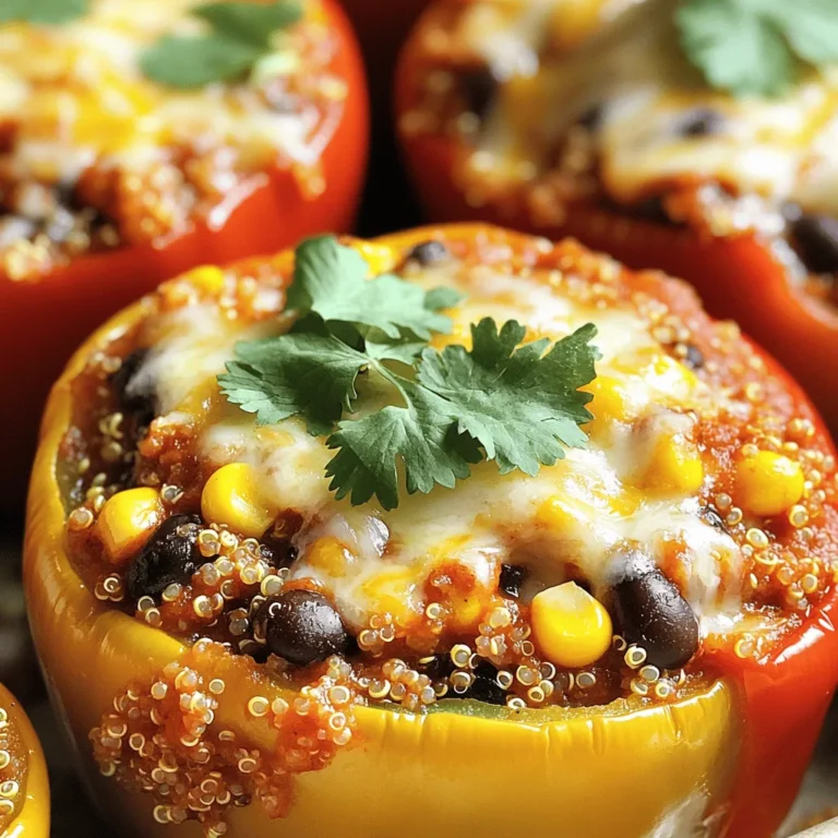 Here’s what you need for a tasty stuffed bell pepper casserole: - 4 medium bell peppers (any color), finely diced - 1 cup quinoa, thoroughly rinsed - 1 can (15 oz) black beans, drained and rinsed - 1 cup corn kernels (can be fresh or frozen) - 1 cup diced tomatoes (use fresh or canned, including juices) - 1 teaspoon ground cumin - 1 teaspoon smoked paprika - 1 teaspoon garlic powder - 2 cups vegetable broth - 1 cup shredded cheese (cheddar or a Mexican blend, along with additional cheese for topping) - Salt and pepper to taste - Fresh cilantro for garnish (optional) Each ingredient adds a unique flavor. The bell peppers give a sweet crunch. Quinoa provides a nutty base and protein. Black beans add creaminess, while corn offers sweetness and color. The spices bring warmth and depth. Don't forget the cheese! It adds richness and a gooey finish. You can find the full recipe to guide you through the cooking process. This combination is a surefire way to create a satisfying meal. Start by preheating your oven to 375°F (190°C). This step warms the oven for even cooking. In a large skillet over medium heat, add the diced bell peppers. Cook them for about 5 minutes. You want them to soften slightly. This makes their taste even better. Next, stir in the rinsed quinoa, drained black beans, corn, and diced tomatoes. Add the spices: ground cumin, smoked paprika, and garlic powder. Mix everything well. This helps all the flavors blend together nicely. Pour in the vegetable broth, stirring to mix all the ingredients. Bring this to a light simmer. Then, transfer the mixture into a greased 9x13-inch baking dish. Spread it out evenly. Cover the dish with aluminum foil and place it in the oven. Bake for 25 minutes. This allows the flavors to meld. After 25 minutes, remove the foil. Stir the casserole gently to mix. Sprinkle the shredded cheese on top. Return the dish to the oven uncovered and bake for another 15 minutes. You want the cheese to melt and turn golden brown. Once it's done, take the casserole out of the oven. Let it cool for a few minutes. If you like, add fresh cilantro on top for extra flavor. Serve warm and enjoy every bite! For the complete recipe, check out the Full Recipe. - If you don't have quinoa, you can use rice or couscous. Both work well and add nice texture. - You can swap black beans for other types, like kidney beans or pinto beans. Each type adds its own flavor. - You can cook this casserole on the stovetop or in the oven. Stovetop is quicker, but the oven gives it a nice baked flavor. - If you want to save time, prepare the casserole ahead of time. Just cover and refrigerate it. Bake it when you're ready to eat! - Pair this casserole with a fresh salad or some crusty bread. They balance the flavors well. - For a fun touch, add a dollop of sour cream or sliced avocado on top. It makes each bite even tastier. For the full recipe, check out the Full Recipe section. {{image_4}} You can easily change this casserole to fit your taste. If you want meat, consider adding ground turkey or beef. Just brown it in the skillet before you add the other ingredients. This adds a rich flavor and makes it heartier. For a protein-rich option, try adding lentils or chickpeas instead. Both are great for a vegetarian dish and give a nice texture. Kick up the heat by adding jalapeños or hot sauce. Dice fresh jalapeños and mix them in when you combine the ingredients. If you like it even spicier, drizzle hot sauce on top before serving. This adds a fun zing to the dish and pairs well with the cheese. You can make this casserole gluten-free very easily. Just ensure that any broth and other ingredients are gluten-free. For a vegan version, skip the cheese or use a plant-based alternative. You can also replace the vegetable broth with water and add more spices for flavor. These changes keep the dish tasty while catering to different diets. After enjoying your stuffed bell pepper casserole, let it cool first. Use airtight containers for storage. Glass or plastic containers work well. They keep the dish fresh and tasty. Store in the fridge for up to five days. Keeping flavors intact is key. Avoid letting it sit out too long. You can reheat the casserole in two ways: the oven or the microwave. For the oven, set it to 350°F (175°C). Cover the dish with foil to keep it moist. Heat for about 20 minutes, or until warmed through. In the microwave, place a portion on a plate. Heat for 2-3 minutes, checking often to avoid hot spots. If you want to freeze the casserole, cool it first. Use a freezer-safe container. Leave some space at the top for expansion. Label the container with the date. You can freeze it for up to three months. To thaw, place it in the fridge overnight. Then reheat using the oven or microwave. Enjoy your meal later! Yes, you can use any color of bell pepper. Green, red, yellow, or orange all work well. Each type adds a different taste and sweetness. Mixing colors also makes the dish more colorful and fun! The casserole can last for about 4 to 5 days in the fridge. Make sure to store it in an airtight container. This helps keep the flavors fresh and tasty for your next meal. Yes, you can prepare the casserole ahead of time. Just make it up to the baking step. Cover it and keep it in the fridge. When you're ready, bake it as directed. This saves time on busy days! This casserole is great on its own, but you can serve it with a salad or some crusty bread. You could also pair it with guacamole or salsa for extra flavor. It makes your meal even more delicious and fun! To add spice, mix in chopped jalapeños or a pinch of cayenne pepper. You can also use spicy cheese. If you like heat, try adding hot sauce right before serving. Adjust it to your taste! This blog covered making a tasty stuffed bell pepper casserole. You learned the ingredients needed, step-by-step instructions, and tips to customize the dish. We explored variations for diets and storage methods to keep it fresh. Remember, this dish is both flexible and fun to prepare. You can easily adapt it to suit your tastes and needs. Enjoy creating this dish and making it your own!