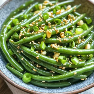 - Fresh green beans - Sesame oil - Garlic - Soy sauce - Rice vinegar - Honey or agave syrup - Toasted sesame seeds - Green onions for garnish - Salt and pepper to taste - Low sodium soy sauce for a healthier option The main ingredients for sesame garlic green beans create a great flavor. Fresh green beans offer crispness and color. Sesame oil gives a nutty taste. Garlic brings warmth and depth. Soy sauce adds umami, while rice vinegar gives a hint of tang. You can make this dish sweeter by adding honey or agave syrup. Toasted sesame seeds add crunch and texture. Sliced green onions make a lovely garnish. For seasoning, always adjust with salt and pepper to your taste. If you want a healthier dish, choose low sodium soy sauce. This choice helps keep flavors bright without extra salt. 1. Start with a large pot. Fill it with water and add salt. 2. Bring the water to a rolling boil. 3. Add the fresh green beans to the boiling water. 4. Blanch them for about 3-4 minutes until they are bright green. 5. Drain the green beans quickly. 6. Place them in a bowl of ice water. 7. This ice bath helps keep their vibrant color. 8. Leave them in the ice water for 2-3 minutes. 9. Drain them again and set aside. 1. Grab a large skillet or wok. 2. Heat it over medium heat. 3. Add the sesame oil to the hot skillet. 4. Once hot, toss in the minced garlic. 5. Sauté the garlic for about 30 seconds. 6. Be careful not to let it brown. 7. Brown garlic can taste bitter. 1. Add the blanched green beans to the skillet. 2. Toss them gently with the garlic. 3. Stir-fry for 2-3 minutes. 4. This allows the green beans to soak up flavors. 5. In a small bowl, mix soy sauce, rice vinegar, and honey. 6. Whisk until well blended. 7. Drizzle this sauce over the green beans. 8. Stir continuously for another 2 minutes. 9. Ensure each bean gets coated in the sauce. 10. Sprinkle toasted sesame seeds over the dish. 11. Season with salt and pepper to taste. 12. Toss everything to mix well. 13. Remove the skillet from heat. 14. Garnish with sliced green onions. You can find the full recipe [here](#). To make great sesame garlic green beans, avoid burnt garlic. Burnt garlic tastes bitter. Keep the heat at medium when you sauté it. Stir it often for about 30 seconds until it smells good. This way, you get all the flavor without the bad taste. For even flavor, coat every green bean with the oil and garlic. Toss them well in the skillet. This helps each bean absorb the yummy sauce. The right mix makes each bite tasty. Serving your green beans in colorful dishes makes them pop! Use a bright bowl to show off the green color. It makes the dish inviting and fun. You can add extra garnishes for flair. Try more sesame seeds or a drizzle of sesame oil on top. Fresh green onions also add a nice touch. These small details can make your dish look special. Prepping your ingredients in advance saves time. Trim the green beans and chop the garlic ahead of time. This way, you can cook quickly when you’re ready. Using frozen green beans is another great option. They are quick to cook and still taste good. Just follow the same steps as with fresh beans for a tasty dish. For the full recipe, check out the detailed steps and enjoy! {{image_4}} If you need to avoid nuts, sesame oil can be swapped. Try using olive oil or avocado oil. Both oils add a nice flavor without nuts. This makes the dish safe for those with nut allergies. To boost the taste, add crushed red pepper. It gives a spicy kick that many enjoy. You can also add other veggies. Carrots or bell peppers work well. They add color and extra nutrients. For a healthier option, consider coconut aminos. This sauce is lower in sodium than soy sauce. It works great in this recipe. You can also use a low-calorie sweetener instead of honey. This keeps the dish sweet without extra calories. For the full recipe, check out the [Full Recipe]. To store leftover sesame garlic green beans, let them cool first. Place them in an airtight container. You can refrigerate them for up to three days. This keeps the flavors fresh and tasty. When you're ready to eat, reheat the green beans carefully. I suggest using a skillet. Heat it over medium-low heat. Add a splash of water to keep them moist. Stir gently for about five minutes. This method helps maintain their crispness. You can also microwave them in short bursts. Cover the dish to keep the moisture in. If you want to freeze the green beans, do this before adding the sauce. Prepare as usual, then freeze them in a single layer on a baking sheet. Once they are frozen, transfer them to a zip-top bag. This way, they won’t clump together. To thaw, place the bag in the fridge overnight. When ready to use, sauté them with the sauce. Enjoy the fresh flavors from your freezer. For the full recipe, check out the details above. You can make this dish vegan by removing honey. Instead, use agave syrup. This keeps the sweetness while keeping it plant-based. Agave syrup is a great substitute and works well in this recipe. Yes, you can use canned green beans. However, fresh beans taste better. Canned beans save time, but they can be softer. If you use canned, rinse them well to remove extra sodium. Fresh beans will have a crunch that makes this dish shine. These green beans pair well with many dishes. Try serving them with grilled chicken or tofu. They also go great with rice or quinoa. For a full meal, add a side salad for fresh flavors. Yes, this dish can be gluten-free. Use tamari instead of soy sauce. Tamari is a gluten-free soy sauce that gives a rich taste. Always check labels to ensure your ingredients are gluten-free. Adding protein is easy! You can toss in cubed tofu or grilled chicken. Shrimp also works well. Just sauté them before adding the green beans. This will create a well-rounded meal, full of flavor and nutrients. For the full recipe, check out the details above. This post explored how to make tasty Sesame Garlic Green Beans. We covered key ingredients like fresh green beans, sesame oil, and garlic. You learned step-by-step instructions, tips for sautéing, and how to present your dish beautifully. We also discussed variations, storage methods, and common FAQs. These green beans are not just a side dish; they can shine on any table. With the skills you now have, feel confident to create this dish and impress your friends and family. Enjoy cooking!
