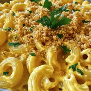 For a tasty Vegan Mac and Cheese, you need core ingredients that bring flavor and creaminess. Here’s what you’ll need: - 2 cups elbow macaroni - 1 cup raw cashews (soaked for 2 hours and drained) - 1 cup unsweetened almond milk - 1/4 cup nutritional yeast - 2 tablespoons fresh lemon juice - 1 teaspoon garlic powder - 1 teaspoon onion powder - 1 teaspoon smoked paprika - Salt and pepper, to taste - 1 tablespoon extra virgin olive oil - 1/2 cup breadcrumbs (optional, for topping) - Fresh parsley, finely chopped (for garnish) These ingredients create a rich and creamy sauce that coats the pasta perfectly. You can also customize your dish with optional ingredients. For example, add in some sautéed veggies like spinach or mushrooms. Try adding different spices like cayenne for heat or Italian herbs for a twist. The options are endless! Using high-quality ingredients makes a big difference in taste. Fresh cashews and good almond milk help create a smooth sauce. Nutritional yeast gives that cheesy flavor, while fresh lemon juice adds a nice tang. Always choose fresh herbs for the best flavor. Check out the Full Recipe for the complete cooking steps! To make the best vegan mac and cheese, I recommend using elbow macaroni. This pasta shape holds the creamy sauce well. Start by bringing a big pot of salted water to a boil. Once it’s boiling, add the elbow macaroni. Cook it according to the package instructions. You want to aim for that perfect al dente texture. This means the pasta should be soft but still firm when you bite it. After cooking, drain the pasta and set it aside in a large mixing bowl. For the cheese sauce, you will need a high-speed blender. This tool is key for making the sauce smooth and creamy. In your blender, add the soaked and drained cashews, almond milk, nutritional yeast, fresh lemon juice, garlic powder, onion powder, smoked paprika, and a pinch of salt and pepper. Blend everything on high. Keep blending until it looks smooth. If the sauce is too thick, add more almond milk, a tablespoon at a time, until it’s just right. Once your pasta and cheese sauce are ready, it’s time to combine them. Pour the creamy cheese sauce over the cooked macaroni in your bowl. Stir gently to coat each piece of pasta. This creates a delightful creamy mixture. If you like a crunchy top, you can bake it. Preheat your oven to 350°F (175°C). Transfer the mac and cheese to a greased baking dish. In a small bowl, mix breadcrumbs with olive oil. Sprinkle this mixture on top of the mac and cheese. Bake it for 20 minutes or until the top is golden brown and crispy. To get that creamy texture in vegan mac and cheese, soaking cashews is key. Soak them for at least 2 hours in water. This softens them, making blending easier. After soaking, drain the cashews and add them to your blender. If your sauce is too thick, you can thin it by adding more almond milk. Do this slowly, one tablespoon at a time, until you reach the right creaminess. Adding spices and flavors makes your dish pop. Consider using smoked paprika or garlic powder for a richer taste. Nutritional yeast adds a cheesy flavor without dairy. You can also mix in veggies like spinach or mushrooms for added nutrition. For protein, try adding cooked lentils or chickpeas. These not only boost health but also add texture. For a beautiful presentation, serve the mac and cheese in individual bowls. This makes each serving feel special. You can garnish with fresh parsley for a pop of color. A sprinkle of paprika on top adds both flavor and visual appeal. If you bake it, the golden crust will impress your guests even more. For an extra crunch, add breadcrumbs mixed with olive oil before baking. This adds texture and makes the dish even more inviting. For the full recipe, check out the detailed instructions above. {{image_4}} For a gluten-free vegan mac and cheese, choose gluten-free pasta. Rice, corn, or quinoa pasta work well. These options keep the dish tasty and safe for those with gluten issues. When making the cheese sauce, use the same ingredients. Just ensure any added spices or sauces are gluten-free. You can change the flavors in your vegan mac and cheese easily. Adding herbs like basil or thyme can brighten the dish. For a spicy kick, try adding cayenne pepper or red pepper flakes. If you want a buffalo flavor, mix in some hot sauce. For a smoky taste, consider adding liquid smoke. You can also create a pepper jack flavor by mixing in jalapeños or pepper jack-style vegan cheese. Creamy stovetop mac and cheese is quick and easy. It stays soft and smooth. Simply combine the pasta and cheese sauce on the stove. Stir until warm, then serve. Baked mac and cheese has a crunchy top. To achieve this, bake it in the oven. After mixing, pour the mac and cheese into a dish. Top with breadcrumbs mixed with olive oil. Bake it at 350°F for about 20 minutes. This gives you a delicious golden crust. Both styles are tasty, so you can choose based on your mood. To keep your vegan mac and cheese fresh, store it in an airtight container. This will help prevent any odors from mixing with the dish. It’s best to cool the mac and cheese before sealing it. In the fridge, it lasts about 3 to 5 days. Always check for any signs of spoilage before eating. You can freeze vegan mac and cheese for later. First, let it cool completely. Then, place it in a freezer-safe container or bag. Make sure to remove as much air as possible. When you’re ready to enjoy it, thaw it overnight in the fridge. Reheating might change the texture a bit, but it will still taste great. To reheat, use the stove or microwave. If using the stove, add a splash of almond milk to keep it creamy. Heat it slowly over low heat, stirring often. In the microwave, heat in short bursts, stirring in between. This helps maintain its creaminess. For best results, avoid overheating, as it can dry out the dish. Enjoy your creamy comfort food delight! To make Vegan Mac and Cheese healthier, consider these tips: - Use whole grain pasta: This adds fiber and nutrients. - Swap cashews for silken tofu: Tofu is lower in calories and still creamy. - Reduce nutritional yeast: Use less to cut down on calories. - Add veggies: Mix in spinach, broccoli, or peas for more vitamins. - Cut down on oil: Use less olive oil or skip it entirely. These small changes can make a big difference in nutrition while keeping the taste delicious. Yes, you can make Vegan Mac and Cheese without cashews. Here are some great alternatives: - Silken tofu: This gives a smooth texture and adds protein. - Sunflower seeds: Soak them for a creamy sauce. - Avocado: Blend ripe avocado for a rich, creamy flavor. - Almonds: Use soaked almonds for a nutty taste. These options keep the dish creamy and tasty without cashews. To boost protein in your Vegan Mac and Cheese, try these options: - Chickpeas: Mix in canned or cooked chickpeas for a hearty addition. - Lentils: Cooked lentils add protein and texture. - Edamame: Toss in shelled edamame for a fun twist. - Tofu: Add cubes of baked tofu for protein and a chewy bite. These ingredients help you enjoy a filling meal while increasing protein content. You can store Vegan Mac and Cheese in the fridge for about 3 to 5 days. Here are some tips for safety: - Use an airtight container: This keeps the dish fresh and prevents odors. - Check for changes: Look for any off smells or textures before eating. - Reheat properly: Warm it in the microwave or on the stove until hot. Following these tips helps you keep your Vegan Mac and Cheese safe and tasty for a few days. This blog post covered all you need for great Vegan Mac and Cheese. We explored key ingredients, cooking steps, and tips for creaminess and flavor. You also learned about variations, storage, and answers to common questions. As you create this dish, remember that quality ingredients make a big difference. Make it your own with fun twists and enjoy every bite of this classic dish, guilt-free.