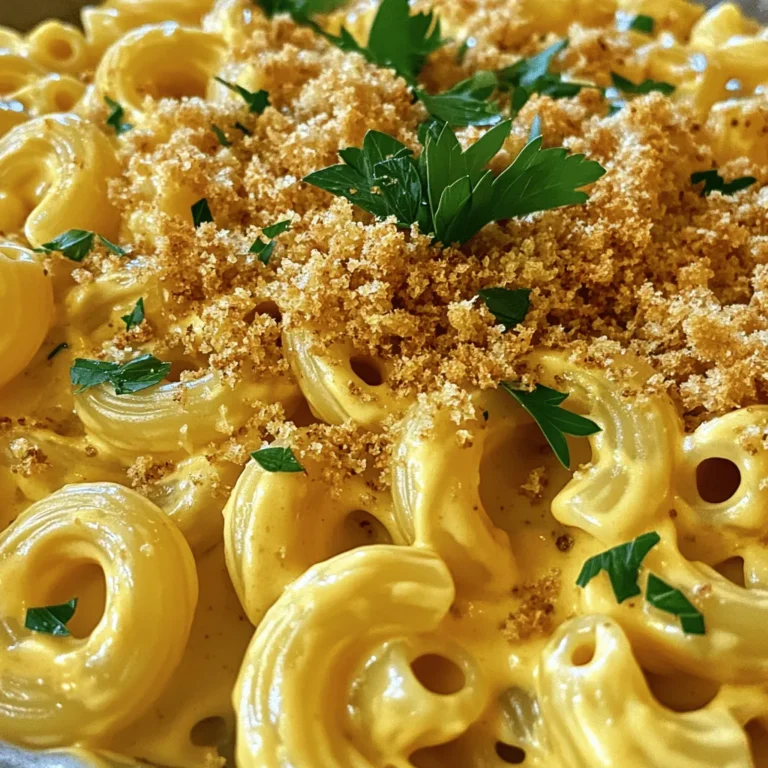 For a tasty Vegan Mac and Cheese, you need core ingredients that bring flavor and creaminess. Here’s what you’ll need: - 2 cups elbow macaroni - 1 cup raw cashews (soaked for 2 hours and drained) - 1 cup unsweetened almond milk - 1/4 cup nutritional yeast - 2 tablespoons fresh lemon juice - 1 teaspoon garlic powder - 1 teaspoon onion powder - 1 teaspoon smoked paprika - Salt and pepper, to taste - 1 tablespoon extra virgin olive oil - 1/2 cup breadcrumbs (optional, for topping) - Fresh parsley, finely chopped (for garnish) These ingredients create a rich and creamy sauce that coats the pasta perfectly. You can also customize your dish with optional ingredients. For example, add in some sautéed veggies like spinach or mushrooms. Try adding different spices like cayenne for heat or Italian herbs for a twist. The options are endless! Using high-quality ingredients makes a big difference in taste. Fresh cashews and good almond milk help create a smooth sauce. Nutritional yeast gives that cheesy flavor, while fresh lemon juice adds a nice tang. Always choose fresh herbs for the best flavor. Check out the Full Recipe for the complete cooking steps! To make the best vegan mac and cheese, I recommend using elbow macaroni. This pasta shape holds the creamy sauce well. Start by bringing a big pot of salted water to a boil. Once it’s boiling, add the elbow macaroni. Cook it according to the package instructions. You want to aim for that perfect al dente texture. This means the pasta should be soft but still firm when you bite it. After cooking, drain the pasta and set it aside in a large mixing bowl. For the cheese sauce, you will need a high-speed blender. This tool is key for making the sauce smooth and creamy. In your blender, add the soaked and drained cashews, almond milk, nutritional yeast, fresh lemon juice, garlic powder, onion powder, smoked paprika, and a pinch of salt and pepper. Blend everything on high. Keep blending until it looks smooth. If the sauce is too thick, add more almond milk, a tablespoon at a time, until it’s just right. Once your pasta and cheese sauce are ready, it’s time to combine them. Pour the creamy cheese sauce over the cooked macaroni in your bowl. Stir gently to coat each piece of pasta. This creates a delightful creamy mixture. If you like a crunchy top, you can bake it. Preheat your oven to 350°F (175°C). Transfer the mac and cheese to a greased baking dish. In a small bowl, mix breadcrumbs with olive oil. Sprinkle this mixture on top of the mac and cheese. Bake it for 20 minutes or until the top is golden brown and crispy. To get that creamy texture in vegan mac and cheese, soaking cashews is key. Soak them for at least 2 hours in water. This softens them, making blending easier. After soaking, drain the cashews and add them to your blender. If your sauce is too thick, you can thin it by adding more almond milk. Do this slowly, one tablespoon at a time, until you reach the right creaminess. Adding spices and flavors makes your dish pop. Consider using smoked paprika or garlic powder for a richer taste. Nutritional yeast adds a cheesy flavor without dairy. You can also mix in veggies like spinach or mushrooms for added nutrition. For protein, try adding cooked lentils or chickpeas. These not only boost health but also add texture. For a beautiful presentation, serve the mac and cheese in individual bowls. This makes each serving feel special. You can garnish with fresh parsley for a pop of color. A sprinkle of paprika on top adds both flavor and visual appeal. If you bake it, the golden crust will impress your guests even more. For an extra crunch, add breadcrumbs mixed with olive oil before baking. This adds texture and makes the dish even more inviting. For the full recipe, check out the detailed instructions above. {{image_4}} For a gluten-free vegan mac and cheese, choose gluten-free pasta. Rice, corn, or quinoa pasta work well. These options keep the dish tasty and safe for those with gluten issues. When making the cheese sauce, use the same ingredients. Just ensure any added spices or sauces are gluten-free. You can change the flavors in your vegan mac and cheese easily. Adding herbs like basil or thyme can brighten the dish. For a spicy kick, try adding cayenne pepper or red pepper flakes. If you want a buffalo flavor, mix in some hot sauce. For a smoky taste, consider adding liquid smoke. You can also create a pepper jack flavor by mixing in jalapeños or pepper jack-style vegan cheese. Creamy stovetop mac and cheese is quick and easy. It stays soft and smooth. Simply combine the pasta and cheese sauce on the stove. Stir until warm, then serve. Baked mac and cheese has a crunchy top. To achieve this, bake it in the oven. After mixing, pour the mac and cheese into a dish. Top with breadcrumbs mixed with olive oil. Bake it at 350°F for about 20 minutes. This gives you a delicious golden crust. Both styles are tasty, so you can choose based on your mood. To keep your vegan mac and cheese fresh, store it in an airtight container. This will help prevent any odors from mixing with the dish. It’s best to cool the mac and cheese before sealing it. In the fridge, it lasts about 3 to 5 days. Always check for any signs of spoilage before eating. You can freeze vegan mac and cheese for later. First, let it cool completely. Then, place it in a freezer-safe container or bag. Make sure to remove as much air as possible. When you’re ready to enjoy it, thaw it overnight in the fridge. Reheating might change the texture a bit, but it will still taste great. To reheat, use the stove or microwave. If using the stove, add a splash of almond milk to keep it creamy. Heat it slowly over low heat, stirring often. In the microwave, heat in short bursts, stirring in between. This helps maintain its creaminess. For best results, avoid overheating, as it can dry out the dish. Enjoy your creamy comfort food delight! To make Vegan Mac and Cheese healthier, consider these tips: - Use whole grain pasta: This adds fiber and nutrients. - Swap cashews for silken tofu: Tofu is lower in calories and still creamy. - Reduce nutritional yeast: Use less to cut down on calories. - Add veggies: Mix in spinach, broccoli, or peas for more vitamins. - Cut down on oil: Use less olive oil or skip it entirely. These small changes can make a big difference in nutrition while keeping the taste delicious. Yes, you can make Vegan Mac and Cheese without cashews. Here are some great alternatives: - Silken tofu: This gives a smooth texture and adds protein. - Sunflower seeds: Soak them for a creamy sauce. - Avocado: Blend ripe avocado for a rich, creamy flavor. - Almonds: Use soaked almonds for a nutty taste. These options keep the dish creamy and tasty without cashews. To boost protein in your Vegan Mac and Cheese, try these options: - Chickpeas: Mix in canned or cooked chickpeas for a hearty addition. - Lentils: Cooked lentils add protein and texture. - Edamame: Toss in shelled edamame for a fun twist. - Tofu: Add cubes of baked tofu for protein and a chewy bite. These ingredients help you enjoy a filling meal while increasing protein content. You can store Vegan Mac and Cheese in the fridge for about 3 to 5 days. Here are some tips for safety: - Use an airtight container: This keeps the dish fresh and prevents odors. - Check for changes: Look for any off smells or textures before eating. - Reheat properly: Warm it in the microwave or on the stove until hot. Following these tips helps you keep your Vegan Mac and Cheese safe and tasty for a few days. This blog post covered all you need for great Vegan Mac and Cheese. We explored key ingredients, cooking steps, and tips for creaminess and flavor. You also learned about variations, storage, and answers to common questions. As you create this dish, remember that quality ingredients make a big difference. Make it your own with fun twists and enjoy every bite of this classic dish, guilt-free.