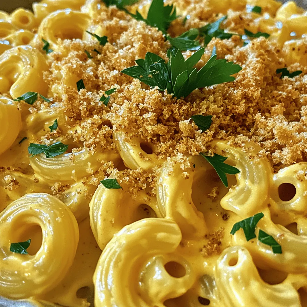 For a tasty Vegan Mac and Cheese, you need core ingredients that bring flavor and creaminess. Here’s what you’ll need: - 2 cups elbow macaroni - 1 cup raw cashews (soaked for 2 hours and drained) - 1 cup unsweetened almond milk - 1/4 cup nutritional yeast - 2 tablespoons fresh lemon juice - 1 teaspoon garlic powder - 1 teaspoon onion powder - 1 teaspoon smoked paprika - Salt and pepper, to taste - 1 tablespoon extra virgin olive oil - 1/2 cup breadcrumbs (optional, for topping) - Fresh parsley, finely chopped (for garnish) These ingredients create a rich and creamy sauce that coats the pasta perfectly. You can also customize your dish with optional ingredients. For example, add in some sautéed veggies like spinach or mushrooms. Try adding different spices like cayenne for heat or Italian herbs for a twist. The options are endless! Using high-quality ingredients makes a big difference in taste. Fresh cashews and good almond milk help create a smooth sauce. Nutritional yeast gives that cheesy flavor, while fresh lemon juice adds a nice tang. Always choose fresh herbs for the best flavor. Check out the Full Recipe for the complete cooking steps! To make the best vegan mac and cheese, I recommend using elbow macaroni. This pasta shape holds the creamy sauce well. Start by bringing a big pot of salted water to a boil. Once it’s boiling, add the elbow macaroni. Cook it according to the package instructions. You want to aim for that perfect al dente texture. This means the pasta should be soft but still firm when you bite it. After cooking, drain the pasta and set it aside in a large mixing bowl. For the cheese sauce, you will need a high-speed blender. This tool is key for making the sauce smooth and creamy. In your blender, add the soaked and drained cashews, almond milk, nutritional yeast, fresh lemon juice, garlic powder, onion powder, smoked paprika, and a pinch of salt and pepper. Blend everything on high. Keep blending until it looks smooth. If the sauce is too thick, add more almond milk, a tablespoon at a time, until it’s just right. Once your pasta and cheese sauce are ready, it’s time to combine them. Pour the creamy cheese sauce over the cooked macaroni in your bowl. Stir gently to coat each piece of pasta. This creates a delightful creamy mixture. If you like a crunchy top, you can bake it. Preheat your oven to 350°F (175°C). Transfer the mac and cheese to a greased baking dish. In a small bowl, mix breadcrumbs with olive oil. Sprinkle this mixture on top of the mac and cheese. Bake it for 20 minutes or until the top is golden brown and crispy. To get that creamy texture in vegan mac and cheese, soaking cashews is key. Soak them for at least 2 hours in water. This softens them, making blending easier. After soaking, drain the cashews and add them to your blender. If your sauce is too thick, you can thin it by adding more almond milk. Do this slowly, one tablespoon at a time, until you reach the right creaminess. Adding spices and flavors makes your dish pop. Consider using smoked paprika or garlic powder for a richer taste. Nutritional yeast adds a cheesy flavor without dairy. You can also mix in veggies like spinach or mushrooms for added nutrition. For protein, try adding cooked lentils or chickpeas. These not only boost health but also add texture. For a beautiful presentation, serve the mac and cheese in individual bowls. This makes each serving feel special. You can garnish with fresh parsley for a pop of color. A sprinkle of paprika on top adds both flavor and visual appeal. If you bake it, the golden crust will impress your guests even more. For an extra crunch, add breadcrumbs mixed with olive oil before baking. This adds texture and makes the dish even more inviting. For the full recipe, check out the detailed instructions above. {{image_4}} For a gluten-free vegan mac and cheese, choose gluten-free pasta. Rice, corn, or quinoa pasta work well. These options keep the dish tasty and safe for those with gluten issues. When making the cheese sauce, use the same ingredients. Just ensure any added spices or sauces are gluten-free. You can change the flavors in your vegan mac and cheese easily. Adding herbs like basil or thyme can brighten the dish. For a spicy kick, try adding cayenne pepper or red pepper flakes. If you want a buffalo flavor, mix in some hot sauce. For a smoky taste, consider adding liquid smoke. You can also create a pepper jack flavor by mixing in jalapeños or pepper jack-style vegan cheese. Creamy stovetop mac and cheese is quick and easy. It stays soft and smooth. Simply combine the pasta and cheese sauce on the stove. Stir until warm, then serve. Baked mac and cheese has a crunchy top. To achieve this, bake it in the oven. After mixing, pour the mac and cheese into a dish. Top with breadcrumbs mixed with olive oil. Bake it at 350°F for about 20 minutes. This gives you a delicious golden crust. Both styles are tasty, so you can choose based on your mood. To keep your vegan mac and cheese fresh, store it in an airtight container. This will help prevent any odors from mixing with the dish. It’s best to cool the mac and cheese before sealing it. In the fridge, it lasts about 3 to 5 days. Always check for any signs of spoilage before eating. You can freeze vegan mac and cheese for later. First, let it cool completely. Then, place it in a freezer-safe container or bag. Make sure to remove as much air as possible. When you’re ready to enjoy it, thaw it overnight in the fridge. Reheating might change the texture a bit, but it will still taste great. To reheat, use the stove or microwave. If using the stove, add a splash of almond milk to keep it creamy. Heat it slowly over low heat, stirring often. In the microwave, heat in short bursts, stirring in between. This helps maintain its creaminess. For best results, avoid overheating, as it can dry out the dish. Enjoy your creamy comfort food delight! To make Vegan Mac and Cheese healthier, consider these tips: - Use whole grain pasta: This adds fiber and nutrients. - Swap cashews for silken tofu: Tofu is lower in calories and still creamy. - Reduce nutritional yeast: Use less to cut down on calories. - Add veggies: Mix in spinach, broccoli, or peas for more vitamins. - Cut down on oil: Use less olive oil or skip it entirely. These small changes can make a big difference in nutrition while keeping the taste delicious. Yes, you can make Vegan Mac and Cheese without cashews. Here are some great alternatives: - Silken tofu: This gives a smooth texture and adds protein. - Sunflower seeds: Soak them for a creamy sauce. - Avocado: Blend ripe avocado for a rich, creamy flavor. - Almonds: Use soaked almonds for a nutty taste. These options keep the dish creamy and tasty without cashews. To boost protein in your Vegan Mac and Cheese, try these options: - Chickpeas: Mix in canned or cooked chickpeas for a hearty addition. - Lentils: Cooked lentils add protein and texture. - Edamame: Toss in shelled edamame for a fun twist. - Tofu: Add cubes of baked tofu for protein and a chewy bite. These ingredients help you enjoy a filling meal while increasing protein content. You can store Vegan Mac and Cheese in the fridge for about 3 to 5 days. Here are some tips for safety: - Use an airtight container: This keeps the dish fresh and prevents odors. - Check for changes: Look for any off smells or textures before eating. - Reheat properly: Warm it in the microwave or on the stove until hot. Following these tips helps you keep your Vegan Mac and Cheese safe and tasty for a few days. This blog post covered all you need for great Vegan Mac and Cheese. We explored key ingredients, cooking steps, and tips for creaminess and flavor. You also learned about variations, storage, and answers to common questions. As you create this dish, remember that quality ingredients make a big difference. Make it your own with fun twists and enjoy every bite of this classic dish, guilt-free.