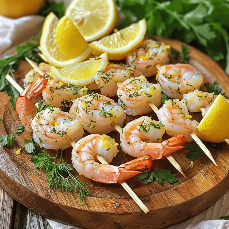 - 1 pound large shrimp, peeled and deveined - 3 tablespoons extra virgin olive oil - Zest of 1 medium-sized lemon - 2 tablespoons freshly squeezed lemon juice - 2 cloves garlic, finely minced - 1 tablespoon fresh parsley, finely chopped - 1 tablespoon fresh dill, finely chopped - 1 teaspoon smoked paprika - Salt and freshly ground black pepper, to taste - 8 wooden skewers (soaked in water for at least 30 minutes) Using fresh ingredients makes a big difference in taste. The shrimp brings a sweet flavor, while lemon adds brightness. Olive oil gives a smooth touch that ties it all together. Fresh herbs like parsley and dill add aroma and depth. Garlic gives a nice kick, enhancing the taste. When you prepare the skewers, ensure your shrimp are spread out. This helps them cook evenly. The smoked paprika adds a hint of warmth that makes every bite special. Salt and pepper are key for balancing flavors. Soaking the wooden skewers prevents them from burning on the grill. For the complete recipe, check out the [Full Recipe]. It guides you step by step to make this dish shine. Enjoy the process and get ready for a tasty meal! In a mixing bowl, combine the following ingredients for a tasty marinade: - 3 tablespoons extra virgin olive oil - Zest of 1 medium-sized lemon - 2 tablespoons freshly squeezed lemon juice - 2 cloves garlic, finely minced - 1 tablespoon fresh parsley, finely chopped - 1 tablespoon fresh dill, finely chopped - 1 teaspoon smoked paprika - Salt and freshly ground black pepper, to taste Whisk these together until they blend well. This mix adds great flavor to the shrimp. Now, add the shrimp to your marinade. Make sure each shrimp is coated in the mix. Cover the bowl and place it in the fridge for 20-30 minutes. This time helps the shrimp soak up all the tasty flavors. While the shrimp marinates, preheat your grill to medium-high heat. If you use a grill pan, heat it on the stovetop until hot. Next, take the soaked wooden skewers and carefully thread the marinated shrimp onto them. Aim for about 4-5 shrimp per skewer. Once ready, place the skewers on the grill. Grill the shrimp for 2-3 minutes on each side. They should turn a lovely pink color and become opaque when they are done. Keep an eye on them; overcooking can make them rubbery. After grilling, remove the skewers and let them rest for a few minutes. This helps the shrimp stay juicy. For the full recipe, be sure to check the detailed instructions. To get the best grilled shrimp, focus on the right cooking time and temperature. Preheat your grill to medium-high heat. This temperature is key for juicy shrimp. Cook the shrimp for 2-3 minutes on each side. They will turn pink and opaque when done. Avoid cooking them too long. Overcooked shrimp get tough and rubbery. Marinating shrimp is a great way to boost flavor. I suggest letting them soak for 20-30 minutes. This time helps the shrimp absorb the tasty herbs and lemon. For even more flavor, try adding a splash of hot sauce or a dash of cayenne pepper to the marinade. This small change can add a nice kick. Serve your Lemon Herb Grilled Shrimp with fresh sides. Grilled vegetables are a perfect match. Try zucchini, bell peppers, or asparagus. A crisp green salad also pairs well. Toss in some avocado or nuts for extra texture. You can also serve the shrimp over rice or quinoa for a filling meal. For a refreshing touch, add lemon wedges and a sprinkle of herbs when serving. {{image_4}} You can change the herbs in this recipe. Instead of parsley and dill, try basil or cilantro. Each herb brings a new taste. Basil gives a sweet flavor, while cilantro adds a fresh one. You can mix and match to find your favorite. Experimenting with herbs makes the dish fun and unique. Don't have a grill? No problem! You can cook shrimp in the oven or on the stovetop. For oven broiling, preheat your broiler. Place the skewers on a baking sheet and broil for about 2-3 minutes per side. If using a stovetop grill pan, heat it over medium-high heat. Cook the shrimp as you would on an outdoor grill. Both methods will give you tasty results. Want to make this dish gluten-free? Simply check your smoked paprika for gluten. It's usually safe, but some brands may add gluten. For a low-carb option, skip any bread sides. Serve the shrimp with fresh veggies or a salad instead. This keeps your meal light and healthy. To keep leftover grilled shrimp fresh, place them in an airtight container. Make sure to cool them down first. Refrigerate them within two hours of cooking. Properly stored, they last for up to three days. If you want to enjoy them later, don’t forget to label the container. When it's time to reheat, don’t use the microwave if you can avoid it. Instead, heat a skillet over medium heat. Add a bit of olive oil to keep shrimp moist. Cook for about 2-3 minutes until warm. You can also reheat them on the grill for extra flavor. Just watch closely so they don’t overcook and become rubbery. Freezing grilled shrimp is a great way to save them for later. First, let them cool completely. Then, place them in a freezer-safe bag. Try to remove as much air as possible to prevent freezer burn. These shrimp can last for up to three months in the freezer. When you’re ready to eat, thaw them in the fridge overnight or use cold water for a quicker method. Shrimp cook quickly. Look for a bright pink color and opaque flesh. The shrimp should curl into a "C" shape. If they curl tightly into an "O," they may be overcooked. To avoid this, cook shrimp for just 2-3 minutes per side on a hot grill. Always check a few pieces to ensure even cooking. Yes, you can use frozen shrimp! Just remember to thaw them first. The best way is to place them in the fridge overnight. If you're in a hurry, run them under cold water for about 10-15 minutes. Once thawed, pat them dry with a paper towel. This helps the marinade stick better. You can use many herbs! Here are some great options: - Basil - Cilantro - Chives - Thyme - Oregano - Tarragon These herbs add unique flavors to your shrimp. Feel free to mix and match to find your favorite blend! For more ideas, check the Full Recipe for a guide on how to experiment with different herbs. In this article, we covered everything you need for Lemon Herb Grilled Shrimp. You learned about key ingredients, flavor enhancers, and step-by-step cooking instructions. We also explored tips to make the shrimp perfect and suggested delicious side dishes. Remember, these shrimp are versatile. You can adjust flavors or try different cooking methods. Enjoy grilling and make this dish your own. Happy cooking!