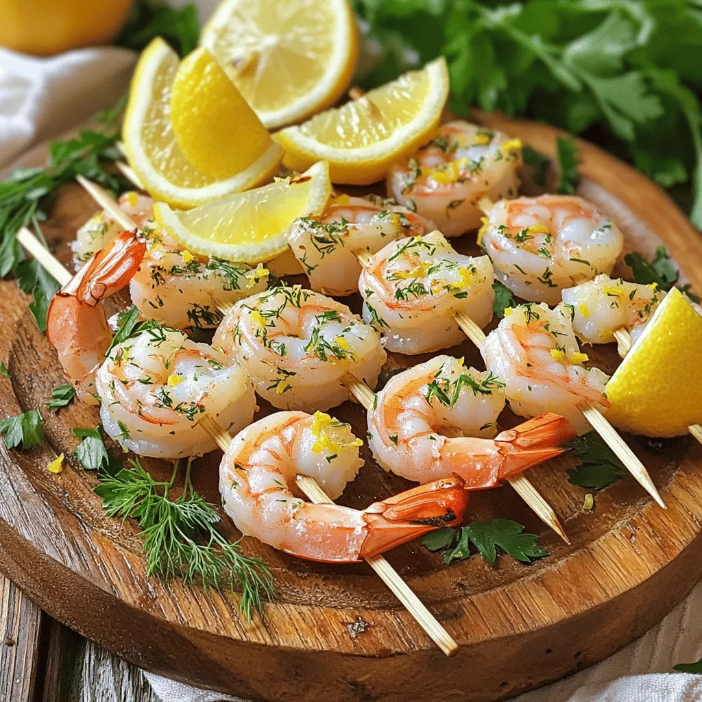 - 1 pound large shrimp, peeled and deveined - 3 tablespoons extra virgin olive oil - Zest of 1 medium-sized lemon - 2 tablespoons freshly squeezed lemon juice - 2 cloves garlic, finely minced - 1 tablespoon fresh parsley, finely chopped - 1 tablespoon fresh dill, finely chopped - 1 teaspoon smoked paprika - Salt and freshly ground black pepper, to taste - 8 wooden skewers (soaked in water for at least 30 minutes) Using fresh ingredients makes a big difference in taste. The shrimp brings a sweet flavor, while lemon adds brightness. Olive oil gives a smooth touch that ties it all together. Fresh herbs like parsley and dill add aroma and depth. Garlic gives a nice kick, enhancing the taste. When you prepare the skewers, ensure your shrimp are spread out. This helps them cook evenly. The smoked paprika adds a hint of warmth that makes every bite special. Salt and pepper are key for balancing flavors. Soaking the wooden skewers prevents them from burning on the grill. For the complete recipe, check out the [Full Recipe]. It guides you step by step to make this dish shine. Enjoy the process and get ready for a tasty meal! In a mixing bowl, combine the following ingredients for a tasty marinade: - 3 tablespoons extra virgin olive oil - Zest of 1 medium-sized lemon - 2 tablespoons freshly squeezed lemon juice - 2 cloves garlic, finely minced - 1 tablespoon fresh parsley, finely chopped - 1 tablespoon fresh dill, finely chopped - 1 teaspoon smoked paprika - Salt and freshly ground black pepper, to taste Whisk these together until they blend well. This mix adds great flavor to the shrimp. Now, add the shrimp to your marinade. Make sure each shrimp is coated in the mix. Cover the bowl and place it in the fridge for 20-30 minutes. This time helps the shrimp soak up all the tasty flavors. While the shrimp marinates, preheat your grill to medium-high heat. If you use a grill pan, heat it on the stovetop until hot. Next, take the soaked wooden skewers and carefully thread the marinated shrimp onto them. Aim for about 4-5 shrimp per skewer. Once ready, place the skewers on the grill. Grill the shrimp for 2-3 minutes on each side. They should turn a lovely pink color and become opaque when they are done. Keep an eye on them; overcooking can make them rubbery. After grilling, remove the skewers and let them rest for a few minutes. This helps the shrimp stay juicy. For the full recipe, be sure to check the detailed instructions. To get the best grilled shrimp, focus on the right cooking time and temperature. Preheat your grill to medium-high heat. This temperature is key for juicy shrimp. Cook the shrimp for 2-3 minutes on each side. They will turn pink and opaque when done. Avoid cooking them too long. Overcooked shrimp get tough and rubbery. Marinating shrimp is a great way to boost flavor. I suggest letting them soak for 20-30 minutes. This time helps the shrimp absorb the tasty herbs and lemon. For even more flavor, try adding a splash of hot sauce or a dash of cayenne pepper to the marinade. This small change can add a nice kick. Serve your Lemon Herb Grilled Shrimp with fresh sides. Grilled vegetables are a perfect match. Try zucchini, bell peppers, or asparagus. A crisp green salad also pairs well. Toss in some avocado or nuts for extra texture. You can also serve the shrimp over rice or quinoa for a filling meal. For a refreshing touch, add lemon wedges and a sprinkle of herbs when serving. {{image_4}} You can change the herbs in this recipe. Instead of parsley and dill, try basil or cilantro. Each herb brings a new taste. Basil gives a sweet flavor, while cilantro adds a fresh one. You can mix and match to find your favorite. Experimenting with herbs makes the dish fun and unique. Don't have a grill? No problem! You can cook shrimp in the oven or on the stovetop. For oven broiling, preheat your broiler. Place the skewers on a baking sheet and broil for about 2-3 minutes per side. If using a stovetop grill pan, heat it over medium-high heat. Cook the shrimp as you would on an outdoor grill. Both methods will give you tasty results. Want to make this dish gluten-free? Simply check your smoked paprika for gluten. It's usually safe, but some brands may add gluten. For a low-carb option, skip any bread sides. Serve the shrimp with fresh veggies or a salad instead. This keeps your meal light and healthy. To keep leftover grilled shrimp fresh, place them in an airtight container. Make sure to cool them down first. Refrigerate them within two hours of cooking. Properly stored, they last for up to three days. If you want to enjoy them later, don’t forget to label the container. When it's time to reheat, don’t use the microwave if you can avoid it. Instead, heat a skillet over medium heat. Add a bit of olive oil to keep shrimp moist. Cook for about 2-3 minutes until warm. You can also reheat them on the grill for extra flavor. Just watch closely so they don’t overcook and become rubbery. Freezing grilled shrimp is a great way to save them for later. First, let them cool completely. Then, place them in a freezer-safe bag. Try to remove as much air as possible to prevent freezer burn. These shrimp can last for up to three months in the freezer. When you’re ready to eat, thaw them in the fridge overnight or use cold water for a quicker method. Shrimp cook quickly. Look for a bright pink color and opaque flesh. The shrimp should curl into a "C" shape. If they curl tightly into an "O," they may be overcooked. To avoid this, cook shrimp for just 2-3 minutes per side on a hot grill. Always check a few pieces to ensure even cooking. Yes, you can use frozen shrimp! Just remember to thaw them first. The best way is to place them in the fridge overnight. If you're in a hurry, run them under cold water for about 10-15 minutes. Once thawed, pat them dry with a paper towel. This helps the marinade stick better. You can use many herbs! Here are some great options: - Basil - Cilantro - Chives - Thyme - Oregano - Tarragon These herbs add unique flavors to your shrimp. Feel free to mix and match to find your favorite blend! For more ideas, check the Full Recipe for a guide on how to experiment with different herbs. In this article, we covered everything you need for Lemon Herb Grilled Shrimp. You learned about key ingredients, flavor enhancers, and step-by-step cooking instructions. We also explored tips to make the shrimp perfect and suggested delicious side dishes. Remember, these shrimp are versatile. You can adjust flavors or try different cooking methods. Enjoy grilling and make this dish your own. Happy cooking!