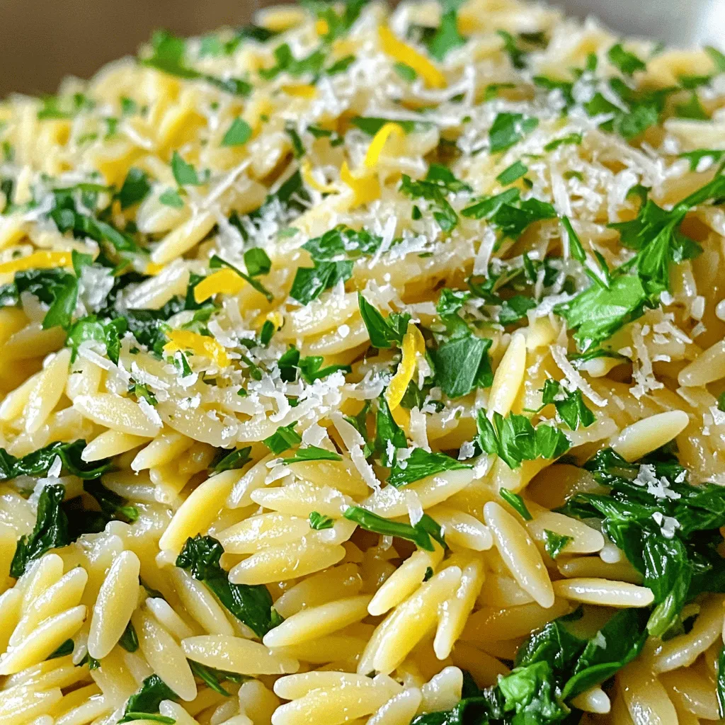 - 1 cup orzo pasta - 2 tablespoons extra virgin olive oil - 4 cloves garlic, finely minced - 3 cups vegetable broth - 1 cup fresh spinach, chopped - 1/2 cup freshly grated Parmesan cheese - 1 teaspoon lemon zest - Salt and black pepper to taste - Fresh parsley for garnish The star of this dish is orzo pasta. It’s small and cooks fast. I love how it soaks up flavors. The extra virgin olive oil adds a rich taste. Garlic is key here too; it brings a warm aroma. I prefer fresh garlic, as it packs a punch. The vegetable broth makes this dish savory and adds depth. Fresh spinach gives color and nutrients. Parmesan cheese gives that creamy finish. Lemon zest brightens everything up. A dash of salt and pepper helps balance the flavors. - Red pepper flakes for added spice - Additional vegetables (e.g., cherry tomatoes, peas) If you like heat, add red pepper flakes. They give a nice kick. You can also toss in more veggies. Cherry tomatoes add sweetness, while peas bring a pop of color. These extras make the dish even more fun. - Caloric value per serving - Key nutrients present Each serving of Garlic Parmesan Orzo has around 250 calories. It's rich in carbohydrates, which gives you energy. The spinach adds iron and vitamins. Parmesan brings protein and calcium. This dish is not just tasty, it’s also good for you! For the full recipe, check out Garlic Parmesan Orzo Delight. 1. In a medium pot, bring 3 cups of vegetable broth to a rolling boil. 2. Once boiling, add 1 cup of orzo pasta. Cook it until al dente, which takes about 8-10 minutes. Stir it occasionally to prevent sticking. 1. While the orzo cooks, heat 2 tablespoons of extra virgin olive oil in a large skillet over medium heat. 2. Add 4 cloves of finely minced garlic to the skillet. Sauté it for about 1 minute. The garlic should smell fragrant, but don’t let it brown. 1. Once the orzo is cooked, reserve about 1/2 cup of the broth. Drain the rest. 2. Add the cooked orzo to the skillet with the garlic. 3. Pour in the reserved broth and stir gently to combine. 4. Next, add 1 cup of roughly chopped fresh spinach to the skillet. Cook for 2-3 minutes until the spinach wilts. 5. Remove the skillet from heat, then fold in 1/2 cup of freshly grated Parmesan cheese and 1 teaspoon of lemon zest. 6. Season to taste with salt and freshly cracked black pepper. 7. Transfer the garlic Parmesan orzo to a serving dish. Garnish with fresh parsley for a pop of color. For the full recipe, check out the detailed instructions above. Enjoy your flavorful and simple side dish! - How to avoid overcooking orzo: Keep a close eye on the orzo as it cooks. Stir it often to prevent sticking. Start checking for doneness a minute or two before the package time ends. You want it al dente, which means it should still have a little bite. - Tips for perfectly sautéed garlic: Use a medium heat for your skillet. Add minced garlic and stir constantly. Cook it for about one minute until it smells great. Be careful not to let it brown, as this can make it taste bitter. - Best practices for garnishing: Always garnish your dish right before serving. Fresh parsley adds a nice color and flavor. A sprinkle of extra Parmesan on top makes it even better. - Suggested pairings: Garlic Parmesan orzo pairs well with a light salad or grilled chicken. You can also serve it with roasted vegetables for a balanced meal. - How to store leftovers: Let the orzo cool to room temperature. Then, place it in an airtight container. Store it in the fridge for up to three days. - Reheating recommendations: When reheating, add a splash of vegetable broth to prevent it from drying out. Heat on low in a skillet or microwave until warm. For the full recipe, check out the Garlic Parmesan Orzo Delight. {{image_4}} You can easily adapt Garlic Parmesan Orzo to fit a vegetarian diet. One way is by substituting different greens. Instead of spinach, try kale or arugula. Both add unique flavors and textures. You can also boost protein by adding beans or tofu. These options make the dish heartier and more filling. Want to change the flavor profile? Experiment with herbs and spices. Fresh basil or thyme can bring a new twist. You can also add a splash of lemon juice for extra tanginess. This brightens the dish and enhances the garlic and cheese. Don't be afraid to get creative! If you need a gluten-free option, use gluten-free pasta. Many brands offer orzo made from rice or quinoa. Just remember to adjust the cook times. Gluten-free pasta may cook faster than regular orzo. Keep an eye on it to ensure it doesn’t get mushy. For the full recipe, check out [Full Recipe]. Garlic Parmesan Orzo is a tasty and easy side dish. It combines orzo pasta with garlic, cheese, and fresh spinach. This dish is perfect for any meal. You can enjoy it with chicken, fish, or even as a main dish. - Prep Time: 10 minutes - Total Time: 20 minutes - Servings: 4 Serve the orzo in warm bowls. This keeps it cozy and inviting. You can add extra Parmesan on top for flavor. A sprinkle of fresh parsley adds color. For a complete meal, pair it with a light side salad or grilled vegetables. You can also try it alongside roasted chicken or fish for a balanced plate! Making Garlic Parmesan Orzo is quick and easy. You will need about 10 minutes to prep. Cooking takes around 10 minutes. So, in total, it takes about 20 minutes. This dish is perfect for busy nights when you need a tasty side fast. Yes, you can make Garlic Parmesan Orzo ahead of time. Prepare it a few hours before serving. Just store it in an airtight container in the fridge. When you are ready to eat, reheat it gently on the stove. Add a splash of broth or water to keep it moist. Absolutely! This Garlic Parmesan Orzo works well for meal prep. You can portion it into containers. Store in the fridge for up to four days. It reheats easily, making it a great side for any meal. You can even add different proteins or veggies to mix things up! This blog post shared a simple Garlic Parmesan Orzo recipe. You learned about the main ingredients and optional add-ins. I detailed preparation and cooking steps to make your dish shine. Tips and variations catered to your taste and dietary needs. Cooking orzo should be fun and easy. You can experiment with flavors while enjoying a hearty meal. Remember, this recipe is flexible and can fit many diets. Enjoy making your orzo, and share it with friends and family!