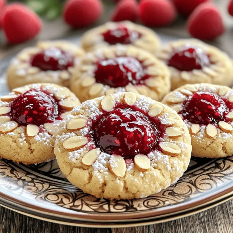 To make these tasty cookies, you need simple ingredients that work well together. Here is what you will need: - 1 cup unsalted butter, softened to room temperature - 1 cup powdered sugar, plus extra for dusting - 1 teaspoon pure vanilla extract - 2 cups all-purpose flour, sifted - 1/2 teaspoon pure almond extract - 1/4 teaspoon sea salt - 1 cup raspberry jam (store-bought or homemade) - 1/2 cup sliced almonds (for topping) These key ingredients create a rich and buttery base for the cookies. The powdered sugar adds sweetness, while the extracts bring depth of flavor. The raspberry jam provides a fruity burst in every bite. You can customize these cookies to suit your taste. Here are some optional ingredients to consider: - Different jams: Swap raspberry jam for strawberry, apricot, or blueberry for new flavors. - Citrus zest: Add a teaspoon of lemon or orange zest for a bright twist. - Chopped nuts: Use pecans or walnuts instead of almonds for a different crunch. These optional ingredients let you make the cookies your own. Feel free to mix and match to create your perfect treat. For the complete details on how to put these ingredients together, check out the Full Recipe. To start, gather your ingredients. You will need butter, powdered sugar, vanilla extract, almond extract, flour, sea salt, raspberry jam, and sliced almonds. First, preheat your oven to 350°F (175°C). Line a baking sheet with parchment paper to avoid sticking. In a large bowl, cream the softened butter and powdered sugar. Use an electric mixer on medium speed for about 3-4 minutes. You want the mixture to be light and fluffy. Next, add in the vanilla and almond extracts. Beat until smooth. In another bowl, mix the sifted flour and sea salt. Gradually add this to the butter mix. Stir gently, just until it forms a dough. Avoid overmixing. With a tablespoon, scoop the dough and roll it into balls. Place them on the baking sheet about 2 inches apart. Now, make a small indentation in each dough ball using your thumb or a spoon. This will hold the jam. Spoon 1/2 teaspoon of raspberry jam into each well. Be careful not to overflow. Next, sprinkle sliced almonds around the jam. Press them lightly into the dough for a nice crunch. Bake in the preheated oven for 15-18 minutes. Look for a light golden brown on the edges. Once baked, let the cookies rest for 5 minutes on the sheet. Then, transfer them to a wire rack to cool completely. When cool, dust them with extra powdered sugar for a nice touch. For a beautiful presentation, arrange the cookies on a decorative plate. Scatter fresh raspberries around them for color. Enjoy your delicious Raspberry Almond Thumbprint Cookies! For the full recipe, refer to the earlier section. To bake the best raspberry almond thumbprint cookies, follow these tips: - Use softened butter: This helps create a creamy texture. - Sift your flour: Sifting aerates the flour, leading to lighter cookies. - Space them out: Place cookies 2 inches apart on the baking sheet. This prevents them from sticking together. - Check the time: Bake until the edges are light golden brown, about 15-18 minutes. Many home bakers face pitfalls while baking. Avoid these common mistakes: - Overmixing the dough: This makes cookies tough. Mix just until combined. - Not measuring flour correctly: Use a spoon to fill the measuring cup, then level it off. - Skipping the cooling time: Let the cookies rest before moving them. This helps them set. You can add extra flavors to your cookies for a twist. Consider these options: - Zest of lemon or orange: A little zest brightens the cookie's taste. - Chopped dark chocolate: Mix in for a rich contrast to the raspberry jam. - Coconut flakes: Add for a tropical touch and added texture. These tips will help you create the perfect batch of raspberry almond thumbprint cookies. For the complete recipe, check the Full Recipe section. {{image_4}} You can use different jam flavors in these cookies. Try strawberry or apricot for a fresh twist. Blueberry jam also works well and adds a nice color. Each jam gives the cookies its own unique taste. Experimenting with flavors keeps things exciting. If you want to change the nuts, you have many choices. Pecans or walnuts add a rich flavor. You can even skip the nuts if you prefer a nut-free cookie. Just remember, the crunch will be lost, but the jam will still shine. To make gluten-free thumbprint cookies, use a gluten-free flour blend. Brands like Bob’s Red Mill or King Arthur Flour work well. Just check that the blend has xanthan gum to bind everything together. This way, everyone can enjoy these tasty treats! Follow the [Full Recipe] for the main steps and enjoy your baking journey! To keep your Raspberry Almond Thumbprint Cookies fresh, store them in an airtight container. This will help keep them soft and tasty. If you stack them, place wax paper between layers. This helps prevent sticking. You can also use a cookie tin for a charming touch. When stored properly, these cookies will last about one week at room temperature. If you place them in the fridge, they may last up to two weeks. However, cold air can dry them out. So, if you want the best taste, enjoy them fresh! Freezing cookies is a great idea for later cravings. Allow the cookies to cool completely first. Then, place them in a single layer on a baking sheet. Freeze them for about an hour. After that, transfer them to a freezer-safe bag. They can last up to three months in the freezer. When ready to eat, thaw them in the fridge overnight or let them sit at room temperature for a few hours. For the full recipe, check out the details above! If you don’t have almond extract, you can use vanilla extract instead. This will still give your cookies great flavor. You can also try hazelnut extract for a unique twist. The cookies will still taste delicious! Yes, you can use other nuts! If you prefer, try pecans, walnuts, or even pistachios. Just chop them finely and use them in place of sliced almonds. Each nut adds a different flavor and texture. To make cookies softer, add an extra tablespoon of butter. This will give them a chewier texture. For firmer cookies, bake them a minute longer. Keep an eye on them to avoid overbaking. Adjusting these small details can really change your cookie experience. Raspberry almond thumbprint cookies are easy and fun to make. You learned about key ingredients, simple steps, and helpful tips to bake them perfectly. We also explored tasty variations and storage methods. If you follow these instructions and suggestions, your cookies will impress. Enjoy sharing this sweet treat with others. Baking can be simple and rewarding. So, gather your ingredients and start creating!