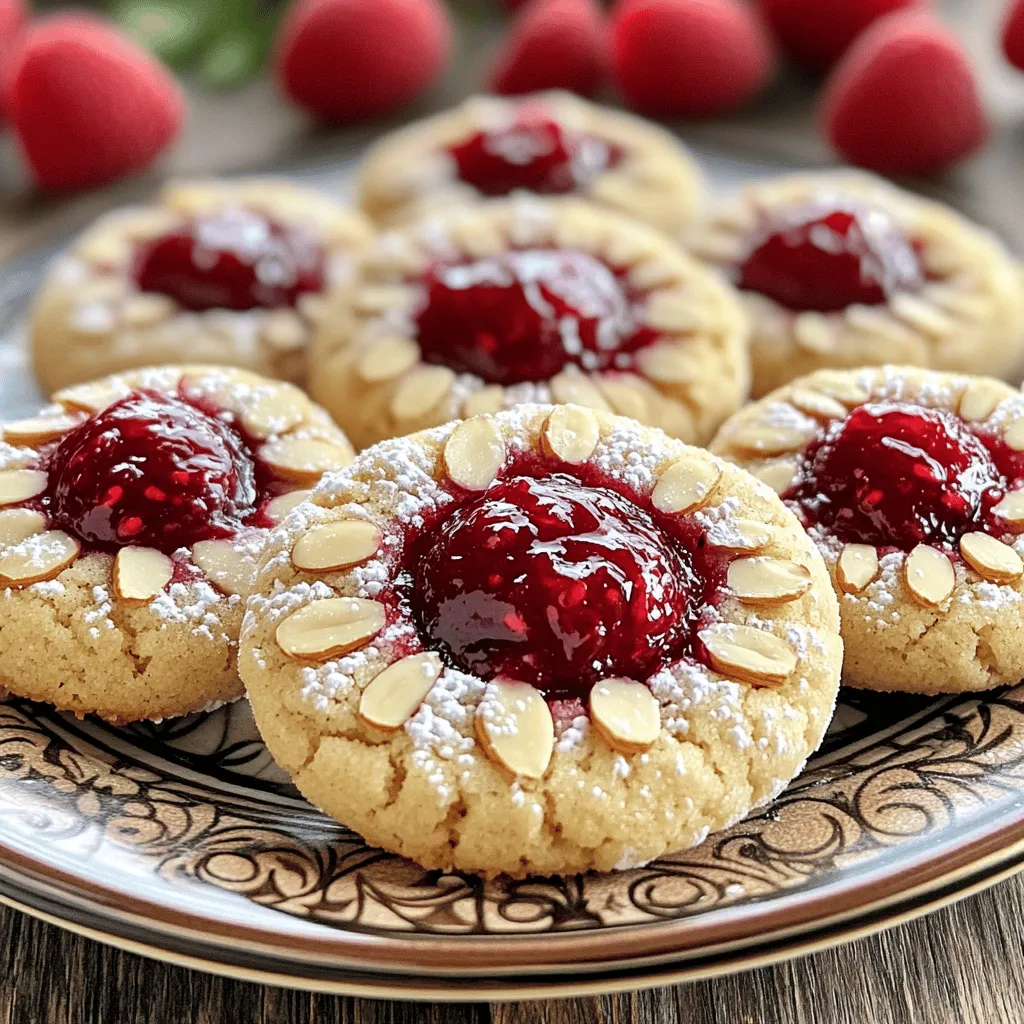 To make these tasty cookies, you need simple ingredients that work well together. Here is what you will need: - 1 cup unsalted butter, softened to room temperature - 1 cup powdered sugar, plus extra for dusting - 1 teaspoon pure vanilla extract - 2 cups all-purpose flour, sifted - 1/2 teaspoon pure almond extract - 1/4 teaspoon sea salt - 1 cup raspberry jam (store-bought or homemade) - 1/2 cup sliced almonds (for topping) These key ingredients create a rich and buttery base for the cookies. The powdered sugar adds sweetness, while the extracts bring depth of flavor. The raspberry jam provides a fruity burst in every bite. You can customize these cookies to suit your taste. Here are some optional ingredients to consider: - Different jams: Swap raspberry jam for strawberry, apricot, or blueberry for new flavors. - Citrus zest: Add a teaspoon of lemon or orange zest for a bright twist. - Chopped nuts: Use pecans or walnuts instead of almonds for a different crunch. These optional ingredients let you make the cookies your own. Feel free to mix and match to create your perfect treat. For the complete details on how to put these ingredients together, check out the Full Recipe. To start, gather your ingredients. You will need butter, powdered sugar, vanilla extract, almond extract, flour, sea salt, raspberry jam, and sliced almonds. First, preheat your oven to 350°F (175°C). Line a baking sheet with parchment paper to avoid sticking. In a large bowl, cream the softened butter and powdered sugar. Use an electric mixer on medium speed for about 3-4 minutes. You want the mixture to be light and fluffy. Next, add in the vanilla and almond extracts. Beat until smooth. In another bowl, mix the sifted flour and sea salt. Gradually add this to the butter mix. Stir gently, just until it forms a dough. Avoid overmixing. With a tablespoon, scoop the dough and roll it into balls. Place them on the baking sheet about 2 inches apart. Now, make a small indentation in each dough ball using your thumb or a spoon. This will hold the jam. Spoon 1/2 teaspoon of raspberry jam into each well. Be careful not to overflow. Next, sprinkle sliced almonds around the jam. Press them lightly into the dough for a nice crunch. Bake in the preheated oven for 15-18 minutes. Look for a light golden brown on the edges. Once baked, let the cookies rest for 5 minutes on the sheet. Then, transfer them to a wire rack to cool completely. When cool, dust them with extra powdered sugar for a nice touch. For a beautiful presentation, arrange the cookies on a decorative plate. Scatter fresh raspberries around them for color. Enjoy your delicious Raspberry Almond Thumbprint Cookies! For the full recipe, refer to the earlier section. To bake the best raspberry almond thumbprint cookies, follow these tips: - Use softened butter: This helps create a creamy texture. - Sift your flour: Sifting aerates the flour, leading to lighter cookies. - Space them out: Place cookies 2 inches apart on the baking sheet. This prevents them from sticking together. - Check the time: Bake until the edges are light golden brown, about 15-18 minutes. Many home bakers face pitfalls while baking. Avoid these common mistakes: - Overmixing the dough: This makes cookies tough. Mix just until combined. - Not measuring flour correctly: Use a spoon to fill the measuring cup, then level it off. - Skipping the cooling time: Let the cookies rest before moving them. This helps them set. You can add extra flavors to your cookies for a twist. Consider these options: - Zest of lemon or orange: A little zest brightens the cookie's taste. - Chopped dark chocolate: Mix in for a rich contrast to the raspberry jam. - Coconut flakes: Add for a tropical touch and added texture. These tips will help you create the perfect batch of raspberry almond thumbprint cookies. For the complete recipe, check the Full Recipe section. {{image_4}} You can use different jam flavors in these cookies. Try strawberry or apricot for a fresh twist. Blueberry jam also works well and adds a nice color. Each jam gives the cookies its own unique taste. Experimenting with flavors keeps things exciting. If you want to change the nuts, you have many choices. Pecans or walnuts add a rich flavor. You can even skip the nuts if you prefer a nut-free cookie. Just remember, the crunch will be lost, but the jam will still shine. To make gluten-free thumbprint cookies, use a gluten-free flour blend. Brands like Bob’s Red Mill or King Arthur Flour work well. Just check that the blend has xanthan gum to bind everything together. This way, everyone can enjoy these tasty treats! Follow the [Full Recipe] for the main steps and enjoy your baking journey! To keep your Raspberry Almond Thumbprint Cookies fresh, store them in an airtight container. This will help keep them soft and tasty. If you stack them, place wax paper between layers. This helps prevent sticking. You can also use a cookie tin for a charming touch. When stored properly, these cookies will last about one week at room temperature. If you place them in the fridge, they may last up to two weeks. However, cold air can dry them out. So, if you want the best taste, enjoy them fresh! Freezing cookies is a great idea for later cravings. Allow the cookies to cool completely first. Then, place them in a single layer on a baking sheet. Freeze them for about an hour. After that, transfer them to a freezer-safe bag. They can last up to three months in the freezer. When ready to eat, thaw them in the fridge overnight or let them sit at room temperature for a few hours. For the full recipe, check out the details above! If you don’t have almond extract, you can use vanilla extract instead. This will still give your cookies great flavor. You can also try hazelnut extract for a unique twist. The cookies will still taste delicious! Yes, you can use other nuts! If you prefer, try pecans, walnuts, or even pistachios. Just chop them finely and use them in place of sliced almonds. Each nut adds a different flavor and texture. To make cookies softer, add an extra tablespoon of butter. This will give them a chewier texture. For firmer cookies, bake them a minute longer. Keep an eye on them to avoid overbaking. Adjusting these small details can really change your cookie experience. Raspberry almond thumbprint cookies are easy and fun to make. You learned about key ingredients, simple steps, and helpful tips to bake them perfectly. We also explored tasty variations and storage methods. If you follow these instructions and suggestions, your cookies will impress. Enjoy sharing this sweet treat with others. Baking can be simple and rewarding. So, gather your ingredients and start creating!