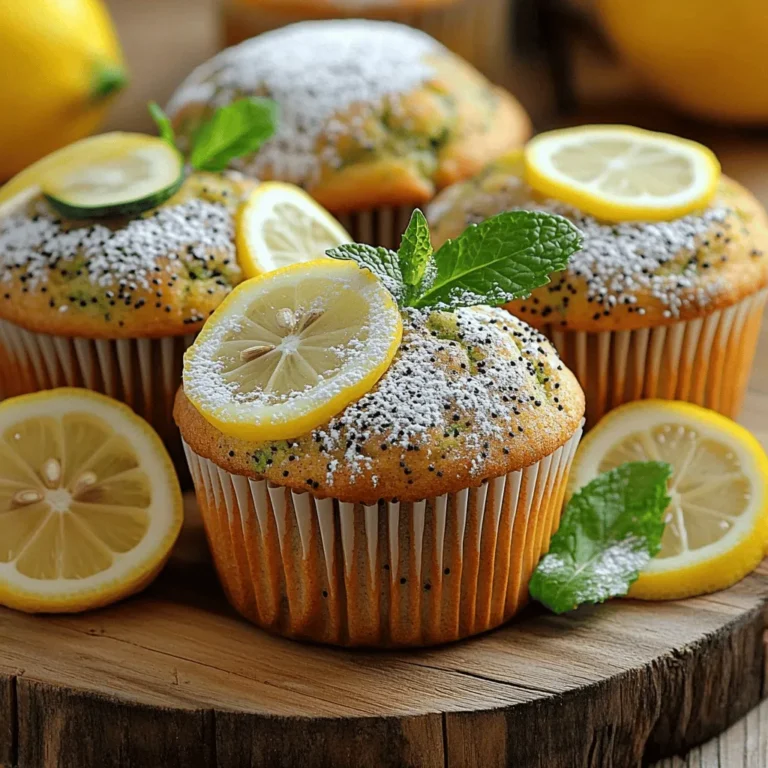 For my Lemon Poppy Seed Zucchini Muffins, I use these ingredients: - 1 cup grated zucchini (squeeze out excess moisture) - 1 cup all-purpose flour - 1/2 cup whole wheat flour - 1/4 cup poppy seeds - 1 teaspoon baking powder - 1/2 teaspoon baking soda - 1/2 teaspoon salt - 1/2 teaspoon ground cinnamon - 1/2 cup granulated sugar - 1/4 cup brown sugar, packed - 2 large eggs - 1/2 cup vegetable oil - 1/4 cup plain Greek yogurt - Zest of 1 lemon (about 1 tablespoon) - 2 tablespoons fresh lemon juice Using fresh zucchini is key. It keeps your muffins moist. Fresh lemon juice and zest add bright flavors. These ingredients work together to create a light and fluffy treat. If you have dietary needs, you can substitute some ingredients: - For gluten-free muffins, replace all-purpose flour with a gluten-free blend. - Use almond milk or coconut milk in place of Greek yogurt for a dairy-free option. - You can swap the granulated sugar with coconut sugar for a lower glycemic option. To enhance flavor, consider adding: - 1/2 cup chopped nuts, like walnuts or pecans. - 1/2 cup chocolate chips for a sweet twist. - A pinch of nutmeg or ginger for a warm spice note. Feel free to experiment! These small changes can lead to new and exciting flavors in your muffins. For the complete recipe, check out the [Full Recipe]. 1. Preheat your oven to 350°F (175°C). This step is key for even baking. 2. Prepare a muffin tin by lining it with paper liners or lightly greasing it with cooking spray. I like to use liners for easy removal and cleanup. 3. Mix the dry ingredients in a medium bowl. Combine all-purpose flour, whole wheat flour, poppy seeds, baking powder, baking soda, salt, and ground cinnamon. Whisk until well blended. This helps mix the leavening agents evenly. 4. In a large bowl, blend the granulated sugar and brown sugar. Add the lemon zest and whisk until mixed. This adds a bright flavor to your muffins. 5. Add the eggs one at a time, whisking well after each. This helps create a smooth, fluffy batter. Then, pour in the vegetable oil, Greek yogurt, and lemon juice. Mix until smooth. 1. Carefully fold the dry ingredients into the wet mixture. Stir gently until just combined. Avoid overmixing to keep your muffins tender. 2. Fold in the grated zucchini. Make sure it is evenly distributed without overworking the batter. The zucchini adds moisture and flavor. 1. Divide the batter evenly among the muffin cups. Fill each cup about two-thirds full. This allows space for the muffins to rise. 2. Bake in the preheated oven for 18-22 minutes. Check for doneness by inserting a toothpick into the center. If it comes out clean, your muffins are ready. 3. Let the muffins cool in the tin for about 5 minutes. Then, transfer them to a wire rack to cool completely. This helps them maintain their shape and texture. For the complete recipe, check the [Full Recipe]. Enjoy the delightful taste of lemon poppy seed zucchini muffins! To make moist lemon poppy seed zucchini muffins, focus on a few key techniques: - Squeeze the Zucchini: Grate your zucchini, then squeeze out the excess moisture. This step prevents the batter from becoming too wet. - Measure Accurately: Use measuring cups for both dry and wet ingredients. This helps your muffins rise and stay light. When you measure, remember that even small variations can change the texture. Accurate measurements make a big difference in your results. Avoid these common missteps to keep your muffins light and fluffy: - Overmixing: When you combine the dry and wet ingredients, mix gently. Overmixing can lead to tough muffins. - Filling Too Full: Fill the muffin cups about two-thirds full. If you fill them too high, they might sink in the middle. By following these tips, you can make sure your lemon poppy seed zucchini muffins turn out perfectly every time. For the complete recipe, check out the [Full Recipe]. {{image_4}} You can make lemon poppy seed zucchini muffins even more exciting by adding spices. Try mixing in 1/2 teaspoon of nutmeg or 1/2 teaspoon of ginger for a warm twist. These spices add depth and enhance the citrus flavor. Fruits can also change the taste of your muffins. You might consider adding 1/2 cup of blueberries or 1/2 cup of cranberries. These fruits will bring a burst of sweetness and tartness. Just fold them into the batter gently to keep the muffins fluffy. If you want to make vegan lemon poppy seed zucchini muffins, it's easy. Substitute the eggs with 1/2 cup of unsweetened applesauce or 1/4 cup of ground flaxseed mixed with 1/2 cup of water. Both options work well for binding the ingredients. For those wanting lower sugar options, you can use 1/4 cup of honey or 1/4 cup of maple syrup instead of granulated sugar. If you need a sugar-free version, try a sugar substitute that measures like sugar. These variations help you enjoy the muffins while fitting your dietary needs. You can still delight in the great taste of lemon poppy seed zucchini muffins. For the full recipe, check out the details provided earlier. To keep your lemon poppy seed zucchini muffins fresh, store them in an airtight container at room temperature. If you add a paper towel inside, it helps absorb moisture. This method keeps the muffins soft and tasty. When stored this way, they can last for about 2 to 3 days. After that, they may start to dry out or lose their flavor. If you want to save muffins for later, freezing is a great option. Allow the muffins to cool completely, then wrap each muffin tightly in plastic wrap. Place them in a freezer-safe bag or container. They can stay fresh in the freezer for up to 3 months. When you’re ready to eat a muffin, take it out of the freezer. Let it thaw in the fridge overnight or at room temperature for a few hours. For the best taste, reheat them in the oven at 350°F for about 10 minutes. You can also use the microwave for about 20-30 seconds. This warms them up and brings back their soft texture. Enjoy your muffins just like the day you baked them! To make lemon poppy seed zucchini muffins, start by prepping your oven and muffin tin. 1. Preheat your oven to 350°F (175°C). 2. Grate 1 cup of zucchini and squeeze out extra moisture. 3. In one bowl, mix 1 cup all-purpose flour, 1/2 cup whole wheat flour, 1/4 cup poppy seeds, 1 teaspoon baking powder, 1/2 teaspoon baking soda, 1/2 teaspoon salt, and 1/2 teaspoon ground cinnamon. 4. In another bowl, combine 1/2 cup granulated sugar, 1/4 cup brown sugar, and the zest of 1 lemon. 5. Add 2 large eggs, followed by 1/2 cup vegetable oil, 1/4 cup Greek yogurt, and 2 tablespoons of lemon juice. 6. Mix until smooth. Fold in the dry ingredients, then add the zucchini. 7. Fill muffin cups two-thirds full. Bake for 18-22 minutes. This quick overview gives you all the steps needed to create delicious muffins. Check the Full Recipe for more details. Yes, you can freeze these muffins. Here’s how: - Let the muffins cool completely after baking. - Place them in an airtight container or a freezer bag. - Label the bag with the date and type of muffin. - Store in the freezer for up to 3 months. When ready to eat, thaw them in the fridge overnight or on the counter for a few hours. You can warm them in the oven for a fresh-baked taste. Dense muffins can happen for a few reasons: - Overmixing the batter can create too much gluten. - Not using enough leavening agents like baking powder or baking soda can also lead to density. - Using too much zucchini without squeezing out moisture may add extra weight. To prevent dense muffins, mix the batter gently and ensure you measure ingredients correctly. Following these tips will help you achieve light and fluffy muffins. In summary, we covered how to make Lemon Poppy Seed Zucchini Muffins. You learned about the key ingredients and possible substitutions for dietary needs. I shared step-by-step instructions, tips to perfect your muffins, and various flavor options. Remember, measuring accurately and not overmixing are key for success. These muffins can be stored well, either short-term or long-term, for your convenience. With a bit of practice, you can enjoy delicious muffins tailored to your taste preferences. Happy baking!