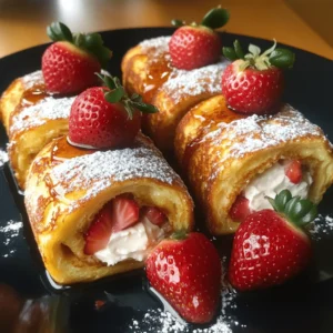 - 6 slices of thick bread (such as challah or brioche) - 4 oz cream cheese, softened - 1/2 cup fresh strawberries, finely chopped - 1/4 cup powdered sugar - 1 teaspoon vanilla extract - 2 large eggs - 1/4 cup milk - 1 teaspoon ground cinnamon - 2 tablespoons butter (for cooking) - 1/2 cup granola (for an optional crunchy texture) - Maple syrup (for serving) To get the best results, measure your ingredients carefully. Use measuring cups and spoons for liquids and solids. Make sure to level off dry ingredients for accuracy. For cream cheese, it's best to soften it first for easy mixing. If you need to swap ingredients due to allergies or diets, there are great options. For bread, try gluten-free varieties. You can use plant-based cream cheese for a dairy-free option. Eggs can be replaced with flaxseed meal or applesauce. To start, mix the filling. In a medium bowl, combine softened cream cheese, chopped strawberries, and powdered sugar. Blend until smooth. Using softened cream cheese is key. It makes mixing easy and gives you a creamy texture. Next, prepare the bread. First, trim the crusts off your bread slices. This gives a nice shape. Then, use a rolling pin to flatten each slice gently. This helps them roll up without breaking. When you fill the bread, spread the filling evenly. Roll it up tightly to avoid spills. Now, let's prepare the egg mixture. In a shallow dish, whisk together two eggs, milk, and ground cinnamon. This will create a custard-like mix. Dip each roll-up in the egg mixture. Make sure to coat all sides. Let any extra drip off before cooking. Heat a skillet over medium heat and melt butter in it. Place the roll-ups in batches. Cook for about 3-4 minutes, turning them occasionally. You want them golden brown on all sides. For extra crunch, sprinkle granola on top while cooking. Serve the roll-ups warm, drizzled with maple syrup. Enjoy this delightful treat! For more details, check out the Full Recipe. To get the best texture for your roll-ups, use thick bread. I love brioche or challah for this. They hold the filling well and toast perfectly. Flattening the bread helps it roll easily without tearing. For added flavor, consider spices like nutmeg or cardamom. A hint of vanilla extract can also enhance the sweet taste. You can even add a splash of almond extract for a unique twist. After cooking, it's key to keep your roll-ups warm. Place them on a baking sheet in a warm oven set to low heat. This keeps them nice and cozy without drying them out. To serve, slice each roll-up in half for a nice look. Drizzle with maple syrup and sprinkle some powdered sugar on top. You can also add fresh strawberries for a pop of color and taste. Enjoy them right away for the best experience. If you want the full recipe, check out the details above. {{image_4}} You can get creative with the fillings for your stuffed French toast roll-ups. Here are some fun ideas: - Nutella and Banana: Spread Nutella on the bread and add banana slices. This combo is rich, sweet, and perfect for chocolate lovers. - Peanut Butter and Jelly: For a classic twist, use peanut butter and your favorite jelly. It’s like a grown-up version of a PB&J sandwich. - Cream Cheese and Blueberries: Mix cream cheese with fresh blueberries for a fruity treat. This filling adds a burst of flavor. For those with dietary needs, consider these options: - Vegan Version: Use a plant-based cream cheese and almond milk for the egg mixture. You can make it just as tasty without any animal products. - Gluten-Free Bread: If you need gluten-free options, use gluten-free bread. It will still be delicious and satisfying. Now that you’ve made your roll-ups, think about how to serve them: - Toppings: Drizzle maple syrup over the roll-ups for sweetness. You can also add a sprinkle of powdered sugar for a pretty touch. - Dips: Serve them with a side of yogurt or whipped cream. It adds a nice dip for each bite. - Breakfast Pairings: These roll-ups go great with a cup of coffee or a glass of fresh orange juice. Both drinks balance the sweetness nicely. These variations and serving ideas make your stuffed French toast roll-ups fun and unique. You can always mix and match to find your favorite combo! For the full recipe, check out the above details. To keep your stuffed French toast roll-ups fresh, store them in an airtight container. Place parchment paper between layers to avoid sticking. These roll-ups stay good for up to three days in the fridge. When you're ready to eat, reheat them in a skillet over medium heat. This method keeps them crispy and warm. Flip them gently until they are heated through. You can also use a microwave, but it may make them a bit soggy. If you want to save some for later, freezing is a great option. First, let the roll-ups cool completely. Wrap each one in plastic wrap or aluminum foil. Then, put them in a freezer bag. They can last up to two months in the freezer. When you’re ready to enjoy them, take them out and thaw in the fridge overnight. For reheating, place them back in a skillet over medium heat. This will help restore their crispy texture. Enjoy your delicious treat any time! Don't forget to check the Full Recipe to get started! Yes, you can make these roll-ups ahead. Prepare them and store them in the fridge. Use an airtight container to keep them fresh. You can assemble the roll-ups a day in advance. Just cook them when you're ready. This saves time for busy mornings. If you want to freeze them, do so before cooking. Wrap each roll tightly in plastic wrap, then place them in a freezer-safe bag. Thaw them in the fridge overnight before cooking. If you need an egg substitute, try using flaxseed meal or chia seeds. Mix 1 tablespoon of flaxseed meal or chia seeds with 2.5 tablespoons of water. Let it sit for a few minutes until it thickens. You can also use unsweetened applesauce. Use 1/4 cup of applesauce for each egg. Silken tofu is another great choice. Blend 1/4 cup of silken tofu until smooth to replace one egg. These options work well in the egg mixture for the roll-ups. To get crispy roll-ups, make sure to coat them well in the egg mixture. Let them soak for just a moment, but don't let them get too soggy. Cooking them in a hot skillet is key. Use medium heat for even cooking. Add a bit of granola while cooking for extra crunch. Flip the roll-ups carefully to brown all sides. Finally, let them cool slightly on a paper towel to absorb any excess butter. Enjoy that satisfying crunch with each bite! Stuffed French toast roll-ups are a fun treat. We explored the ingredients, including thick bread and tasty fillings. I shared how to prepare and roll the bread for perfect results. Following my cooking tips ensures great browning. Don’t forget to try different fillings for variety! Storing and reheating properly keeps leftovers fresh. Use my answers to common questions for extra help. Enjoy these roll-ups as a sweet snack or breakfast! You’ll impress yourself and everyone who tries them.
