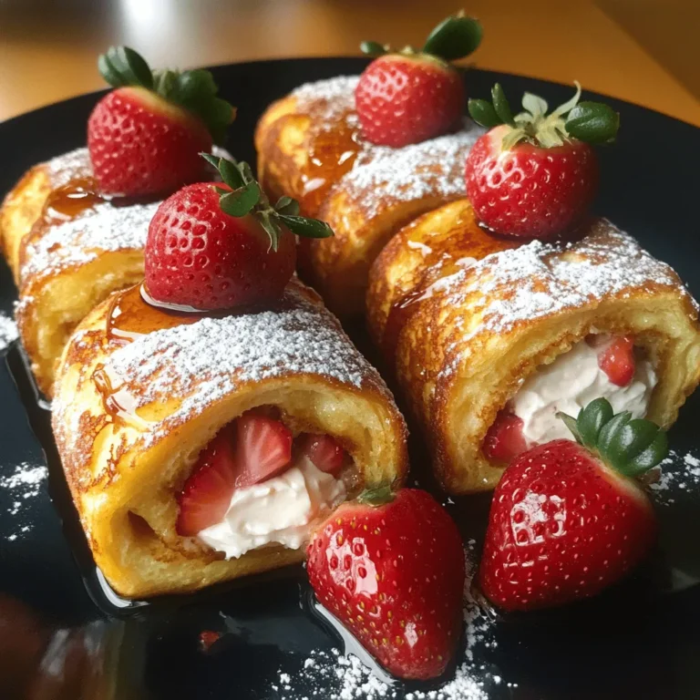- 6 slices of thick bread (such as challah or brioche) - 4 oz cream cheese, softened - 1/2 cup fresh strawberries, finely chopped - 1/4 cup powdered sugar - 1 teaspoon vanilla extract - 2 large eggs - 1/4 cup milk - 1 teaspoon ground cinnamon - 2 tablespoons butter (for cooking) - 1/2 cup granola (for an optional crunchy texture) - Maple syrup (for serving) To get the best results, measure your ingredients carefully. Use measuring cups and spoons for liquids and solids. Make sure to level off dry ingredients for accuracy. For cream cheese, it's best to soften it first for easy mixing. If you need to swap ingredients due to allergies or diets, there are great options. For bread, try gluten-free varieties. You can use plant-based cream cheese for a dairy-free option. Eggs can be replaced with flaxseed meal or applesauce. To start, mix the filling. In a medium bowl, combine softened cream cheese, chopped strawberries, and powdered sugar. Blend until smooth. Using softened cream cheese is key. It makes mixing easy and gives you a creamy texture. Next, prepare the bread. First, trim the crusts off your bread slices. This gives a nice shape. Then, use a rolling pin to flatten each slice gently. This helps them roll up without breaking. When you fill the bread, spread the filling evenly. Roll it up tightly to avoid spills. Now, let's prepare the egg mixture. In a shallow dish, whisk together two eggs, milk, and ground cinnamon. This will create a custard-like mix. Dip each roll-up in the egg mixture. Make sure to coat all sides. Let any extra drip off before cooking. Heat a skillet over medium heat and melt butter in it. Place the roll-ups in batches. Cook for about 3-4 minutes, turning them occasionally. You want them golden brown on all sides. For extra crunch, sprinkle granola on top while cooking. Serve the roll-ups warm, drizzled with maple syrup. Enjoy this delightful treat! For more details, check out the Full Recipe. To get the best texture for your roll-ups, use thick bread. I love brioche or challah for this. They hold the filling well and toast perfectly. Flattening the bread helps it roll easily without tearing. For added flavor, consider spices like nutmeg or cardamom. A hint of vanilla extract can also enhance the sweet taste. You can even add a splash of almond extract for a unique twist. After cooking, it's key to keep your roll-ups warm. Place them on a baking sheet in a warm oven set to low heat. This keeps them nice and cozy without drying them out. To serve, slice each roll-up in half for a nice look. Drizzle with maple syrup and sprinkle some powdered sugar on top. You can also add fresh strawberries for a pop of color and taste. Enjoy them right away for the best experience. If you want the full recipe, check out the details above. {{image_4}} You can get creative with the fillings for your stuffed French toast roll-ups. Here are some fun ideas: - Nutella and Banana: Spread Nutella on the bread and add banana slices. This combo is rich, sweet, and perfect for chocolate lovers. - Peanut Butter and Jelly: For a classic twist, use peanut butter and your favorite jelly. It’s like a grown-up version of a PB&J sandwich. - Cream Cheese and Blueberries: Mix cream cheese with fresh blueberries for a fruity treat. This filling adds a burst of flavor. For those with dietary needs, consider these options: - Vegan Version: Use a plant-based cream cheese and almond milk for the egg mixture. You can make it just as tasty without any animal products. - Gluten-Free Bread: If you need gluten-free options, use gluten-free bread. It will still be delicious and satisfying. Now that you’ve made your roll-ups, think about how to serve them: - Toppings: Drizzle maple syrup over the roll-ups for sweetness. You can also add a sprinkle of powdered sugar for a pretty touch. - Dips: Serve them with a side of yogurt or whipped cream. It adds a nice dip for each bite. - Breakfast Pairings: These roll-ups go great with a cup of coffee or a glass of fresh orange juice. Both drinks balance the sweetness nicely. These variations and serving ideas make your stuffed French toast roll-ups fun and unique. You can always mix and match to find your favorite combo! For the full recipe, check out the above details. To keep your stuffed French toast roll-ups fresh, store them in an airtight container. Place parchment paper between layers to avoid sticking. These roll-ups stay good for up to three days in the fridge. When you're ready to eat, reheat them in a skillet over medium heat. This method keeps them crispy and warm. Flip them gently until they are heated through. You can also use a microwave, but it may make them a bit soggy. If you want to save some for later, freezing is a great option. First, let the roll-ups cool completely. Wrap each one in plastic wrap or aluminum foil. Then, put them in a freezer bag. They can last up to two months in the freezer. When you’re ready to enjoy them, take them out and thaw in the fridge overnight. For reheating, place them back in a skillet over medium heat. This will help restore their crispy texture. Enjoy your delicious treat any time! Don't forget to check the Full Recipe to get started! Yes, you can make these roll-ups ahead. Prepare them and store them in the fridge. Use an airtight container to keep them fresh. You can assemble the roll-ups a day in advance. Just cook them when you're ready. This saves time for busy mornings. If you want to freeze them, do so before cooking. Wrap each roll tightly in plastic wrap, then place them in a freezer-safe bag. Thaw them in the fridge overnight before cooking. If you need an egg substitute, try using flaxseed meal or chia seeds. Mix 1 tablespoon of flaxseed meal or chia seeds with 2.5 tablespoons of water. Let it sit for a few minutes until it thickens. You can also use unsweetened applesauce. Use 1/4 cup of applesauce for each egg. Silken tofu is another great choice. Blend 1/4 cup of silken tofu until smooth to replace one egg. These options work well in the egg mixture for the roll-ups. To get crispy roll-ups, make sure to coat them well in the egg mixture. Let them soak for just a moment, but don't let them get too soggy. Cooking them in a hot skillet is key. Use medium heat for even cooking. Add a bit of granola while cooking for extra crunch. Flip the roll-ups carefully to brown all sides. Finally, let them cool slightly on a paper towel to absorb any excess butter. Enjoy that satisfying crunch with each bite! Stuffed French toast roll-ups are a fun treat. We explored the ingredients, including thick bread and tasty fillings. I shared how to prepare and roll the bread for perfect results. Following my cooking tips ensures great browning. Don’t forget to try different fillings for variety! Storing and reheating properly keeps leftovers fresh. Use my answers to common questions for extra help. Enjoy these roll-ups as a sweet snack or breakfast! You’ll impress yourself and everyone who tries them.