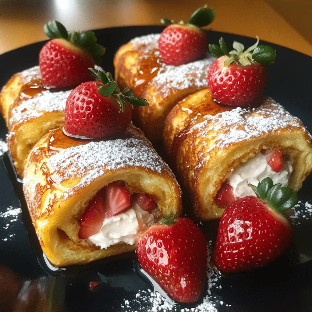 - 6 slices of thick bread (such as challah or brioche) - 4 oz cream cheese, softened - 1/2 cup fresh strawberries, finely chopped - 1/4 cup powdered sugar - 1 teaspoon vanilla extract - 2 large eggs - 1/4 cup milk - 1 teaspoon ground cinnamon - 2 tablespoons butter (for cooking) - 1/2 cup granola (for an optional crunchy texture) - Maple syrup (for serving) To get the best results, measure your ingredients carefully. Use measuring cups and spoons for liquids and solids. Make sure to level off dry ingredients for accuracy. For cream cheese, it's best to soften it first for easy mixing. If you need to swap ingredients due to allergies or diets, there are great options. For bread, try gluten-free varieties. You can use plant-based cream cheese for a dairy-free option. Eggs can be replaced with flaxseed meal or applesauce. To start, mix the filling. In a medium bowl, combine softened cream cheese, chopped strawberries, and powdered sugar. Blend until smooth. Using softened cream cheese is key. It makes mixing easy and gives you a creamy texture. Next, prepare the bread. First, trim the crusts off your bread slices. This gives a nice shape. Then, use a rolling pin to flatten each slice gently. This helps them roll up without breaking. When you fill the bread, spread the filling evenly. Roll it up tightly to avoid spills. Now, let's prepare the egg mixture. In a shallow dish, whisk together two eggs, milk, and ground cinnamon. This will create a custard-like mix. Dip each roll-up in the egg mixture. Make sure to coat all sides. Let any extra drip off before cooking. Heat a skillet over medium heat and melt butter in it. Place the roll-ups in batches. Cook for about 3-4 minutes, turning them occasionally. You want them golden brown on all sides. For extra crunch, sprinkle granola on top while cooking. Serve the roll-ups warm, drizzled with maple syrup. Enjoy this delightful treat! For more details, check out the Full Recipe. To get the best texture for your roll-ups, use thick bread. I love brioche or challah for this. They hold the filling well and toast perfectly. Flattening the bread helps it roll easily without tearing. For added flavor, consider spices like nutmeg or cardamom. A hint of vanilla extract can also enhance the sweet taste. You can even add a splash of almond extract for a unique twist. After cooking, it's key to keep your roll-ups warm. Place them on a baking sheet in a warm oven set to low heat. This keeps them nice and cozy without drying them out. To serve, slice each roll-up in half for a nice look. Drizzle with maple syrup and sprinkle some powdered sugar on top. You can also add fresh strawberries for a pop of color and taste. Enjoy them right away for the best experience. If you want the full recipe, check out the details above. {{image_4}} You can get creative with the fillings for your stuffed French toast roll-ups. Here are some fun ideas: - Nutella and Banana: Spread Nutella on the bread and add banana slices. This combo is rich, sweet, and perfect for chocolate lovers. - Peanut Butter and Jelly: For a classic twist, use peanut butter and your favorite jelly. It’s like a grown-up version of a PB&J sandwich. - Cream Cheese and Blueberries: Mix cream cheese with fresh blueberries for a fruity treat. This filling adds a burst of flavor. For those with dietary needs, consider these options: - Vegan Version: Use a plant-based cream cheese and almond milk for the egg mixture. You can make it just as tasty without any animal products. - Gluten-Free Bread: If you need gluten-free options, use gluten-free bread. It will still be delicious and satisfying. Now that you’ve made your roll-ups, think about how to serve them: - Toppings: Drizzle maple syrup over the roll-ups for sweetness. You can also add a sprinkle of powdered sugar for a pretty touch. - Dips: Serve them with a side of yogurt or whipped cream. It adds a nice dip for each bite. - Breakfast Pairings: These roll-ups go great with a cup of coffee or a glass of fresh orange juice. Both drinks balance the sweetness nicely. These variations and serving ideas make your stuffed French toast roll-ups fun and unique. You can always mix and match to find your favorite combo! For the full recipe, check out the above details. To keep your stuffed French toast roll-ups fresh, store them in an airtight container. Place parchment paper between layers to avoid sticking. These roll-ups stay good for up to three days in the fridge. When you're ready to eat, reheat them in a skillet over medium heat. This method keeps them crispy and warm. Flip them gently until they are heated through. You can also use a microwave, but it may make them a bit soggy. If you want to save some for later, freezing is a great option. First, let the roll-ups cool completely. Wrap each one in plastic wrap or aluminum foil. Then, put them in a freezer bag. They can last up to two months in the freezer. When you’re ready to enjoy them, take them out and thaw in the fridge overnight. For reheating, place them back in a skillet over medium heat. This will help restore their crispy texture. Enjoy your delicious treat any time! Don't forget to check the Full Recipe to get started! Yes, you can make these roll-ups ahead. Prepare them and store them in the fridge. Use an airtight container to keep them fresh. You can assemble the roll-ups a day in advance. Just cook them when you're ready. This saves time for busy mornings. If you want to freeze them, do so before cooking. Wrap each roll tightly in plastic wrap, then place them in a freezer-safe bag. Thaw them in the fridge overnight before cooking. If you need an egg substitute, try using flaxseed meal or chia seeds. Mix 1 tablespoon of flaxseed meal or chia seeds with 2.5 tablespoons of water. Let it sit for a few minutes until it thickens. You can also use unsweetened applesauce. Use 1/4 cup of applesauce for each egg. Silken tofu is another great choice. Blend 1/4 cup of silken tofu until smooth to replace one egg. These options work well in the egg mixture for the roll-ups. To get crispy roll-ups, make sure to coat them well in the egg mixture. Let them soak for just a moment, but don't let them get too soggy. Cooking them in a hot skillet is key. Use medium heat for even cooking. Add a bit of granola while cooking for extra crunch. Flip the roll-ups carefully to brown all sides. Finally, let them cool slightly on a paper towel to absorb any excess butter. Enjoy that satisfying crunch with each bite! Stuffed French toast roll-ups are a fun treat. We explored the ingredients, including thick bread and tasty fillings. I shared how to prepare and roll the bread for perfect results. Following my cooking tips ensures great browning. Don’t forget to try different fillings for variety! Storing and reheating properly keeps leftovers fresh. Use my answers to common questions for extra help. Enjoy these roll-ups as a sweet snack or breakfast! You’ll impress yourself and everyone who tries them.