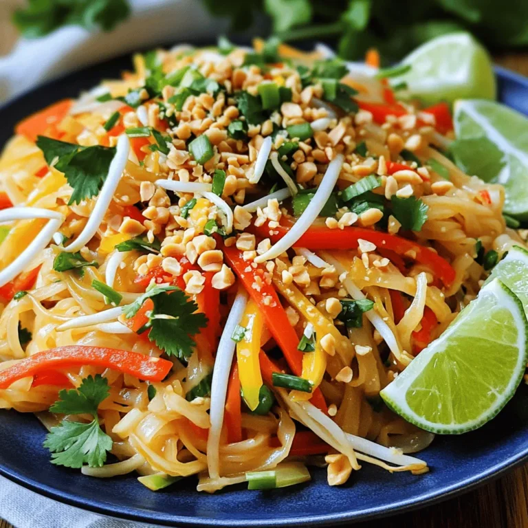 To make Easy Veggie Pad Thai, you need some simple and fresh ingredients. Here’s what you will need: - 8 oz rice noodles - 2 tablespoons vegetable oil - 1 clove garlic, minced - 1 small onion, sliced thin - 1 red bell pepper, sliced into thin strips - 1 cup fresh bean sprouts - 1 medium carrot, julienned - 2 large eggs (optional, can be skipped for a vegan version) - 3 green onions, chopped into small pieces - 3 tablespoons soy sauce - 1 tablespoon fresh lime juice - 1 teaspoon brown sugar - Crushed peanuts, for garnish - Fresh cilantro leaves, for garnish - Lime wedges, for serving These ingredients come together to create a flavorful dish. The rice noodles provide a soft base. The garlic and onion bring warmth and depth. Fresh veggies add color and crunch, making every bite enjoyable. You can add eggs for protein or skip them for a vegan meal. The soy sauce, lime juice, and brown sugar create a balanced sauce that elevates the dish. Feel free to explore the [Full Recipe](#) for more details! Start by cooking the rice noodles. Follow the package instructions. Make sure to cook them until they are al dente. This means they should have a slight bite. After cooking, drain the noodles and place them in a large bowl. Set them aside as you prepare the other ingredients. For the best texture, rinse the noodles with cold water. This helps stop the cooking process and keeps them from sticking together. In a large frying pan or wok, heat the vegetable oil over medium heat. First, add the minced garlic and sliced onion. Sauté them for about 2-3 minutes. You want the onion to become translucent and fragrant. Next, add the sliced red bell pepper and julienned carrot. Stir-fry these veggies for about 3-4 minutes. You want them to soften but still have some crunch. This adds great texture to your dish. If you want to use eggs, push the veggie mix to one side of the pan. Crack the eggs into the open space and scramble them. Cook until they are fully set. Once cooked, mix the eggs back into the veggie blend. Now, carefully add the cooked rice noodles to the pan. Gently toss everything together to combine it well. In a small bowl, mix the soy sauce, lime juice, and brown sugar. Pour this sauce over the noodle mixture and stir well. Cook for another 2-3 minutes to let the flavors meld. Finally, add fresh bean sprouts and chopped green onions. Cook for just one more minute. Your Easy Veggie Pad Thai is ready to serve hot, garnished with crushed peanuts and fresh cilantro. Enjoy it with lime wedges on the side for extra flavor! Fresh ingredients make all the difference in Easy Veggie Pad Thai. Use crisp vegetables for the best taste. Look for bright bell peppers, firm carrots, and fresh bean sprouts. The right soy sauce also boosts flavor. I prefer low-sodium soy sauce, which adds depth without too much salt. You can also try tamari for a gluten-free option. Stir-frying is key for this dish. Heat your pan well before adding oil to avoid sticking. Keep the heat high, and don’t overcrowd the pan. This helps all the veggies cook evenly and stay crunchy. Stir-fry each type of veggie separately if you want to control their doneness. Add them back together later for the best texture. How you serve your Pad Thai can make it more fun. Use a large plate or bowl to show off those colorful veggies. You can also layer your ingredients for a nice look. Pair it with spring rolls or a fresh salad to round out the meal. For drinks, a light iced tea or lemonade works great with this dish. For the full recipe, visit the Easy Veggie Pad Thai section. {{image_4}} To make this dish vegan, simply skip the eggs. You can add plant-based proteins instead. Tofu works well and adds great texture. Tempeh is another tasty choice. Both options soak up flavor and make your meal filling. If you don’t have all the ingredients, don’t worry. You can swap in what you have. For example, use zucchini instead of carrots. Snap peas can replace bell peppers. In winter, try adding Brussels sprouts or kale for a seasonal touch. Do you like heat? To make your Pad Thai spicier, add red pepper flakes or Sriracha. Start with a little, then taste as you go. If you prefer a milder dish, reduce the soy sauce. You can also add more lime juice for a zesty flavor without spice. For the full recipe, check out Easy Veggie Pad Thai. To keep your Easy Veggie Pad Thai fresh, let it cool first. Spread it out in a shallow dish. This helps the heat escape quickly. Avoid stacking it in a deep bowl. When it cools to room temperature, cover it tightly. Use plastic wrap or a lid. This keeps it from drying out. In the fridge, your Pad Thai lasts about 3-4 days. Make sure it is in an airtight container. For longer storage, you can freeze it. It stays good for about 1-2 months. To freeze, place it in freezer bags. Remove as much air as possible before sealing. When you're ready to eat, just thaw it overnight in the fridge. When reheating, I recommend using a pan or a wok. This helps keep the noodles from getting mushy. Add a splash of water or soy sauce to keep it moist. Heat on medium, stirring gently. You can also use a microwave, but do it in short bursts. Stir between heating to keep it even. This way, your Easy Veggie Pad Thai stays tasty and enjoyable! Many people make a few mistakes when making Pad Thai. First, overcooking the rice noodles is common. They should be al dente, not mushy. Second, using too much sauce can make the dish too salty. Start with a small amount and taste as you go. Lastly, don’t forget to use fresh vegetables. They add crunch and color, making your dish vibrant and healthy. Yes, you can make Easy Veggie Pad Thai ahead of time. Cook the noodles and veggies, then store them separately. You can mix them with sauce when you are ready to serve. This helps keep everything fresh and tasty. Just reheat in a pan on low heat until warm. You can serve Easy Veggie Pad Thai with many sides. Try spring rolls for a crunchy treat. A light cucumber salad adds freshness. If you want more protein, add tofu or edamame on the side. You can also serve it with a refreshing drink, like iced tea or lemonade. To make Easy Veggie Pad Thai gluten-free, use gluten-free soy sauce. Most rice noodles are gluten-free, but check the package to be sure. This way, everyone can enjoy this tasty dish without worry. Customizing Easy Veggie Pad Thai is easy. If someone doesn’t like a veggie, swap it for one they enjoy. You can also adjust the sauce to suit their taste. Start with less sauce, then add more later. If they don’t want eggs, skip them. This dish is flexible, so everyone can love it! Easy Veggie Pad Thai is a fun and tasty dish. You learned the key ingredients like rice noodles and fresh veggies. We went through the steps to make it right, from cooking noodles to sautéing vegetables. I shared tips to boost flavors and ideas for serving it up. You can even explore variations to suit your taste. In conclusion, this recipe is flexible and simple. You can enjoy it in many ways. Now, it's time to try making your own Easy Veggie Pad Thai!