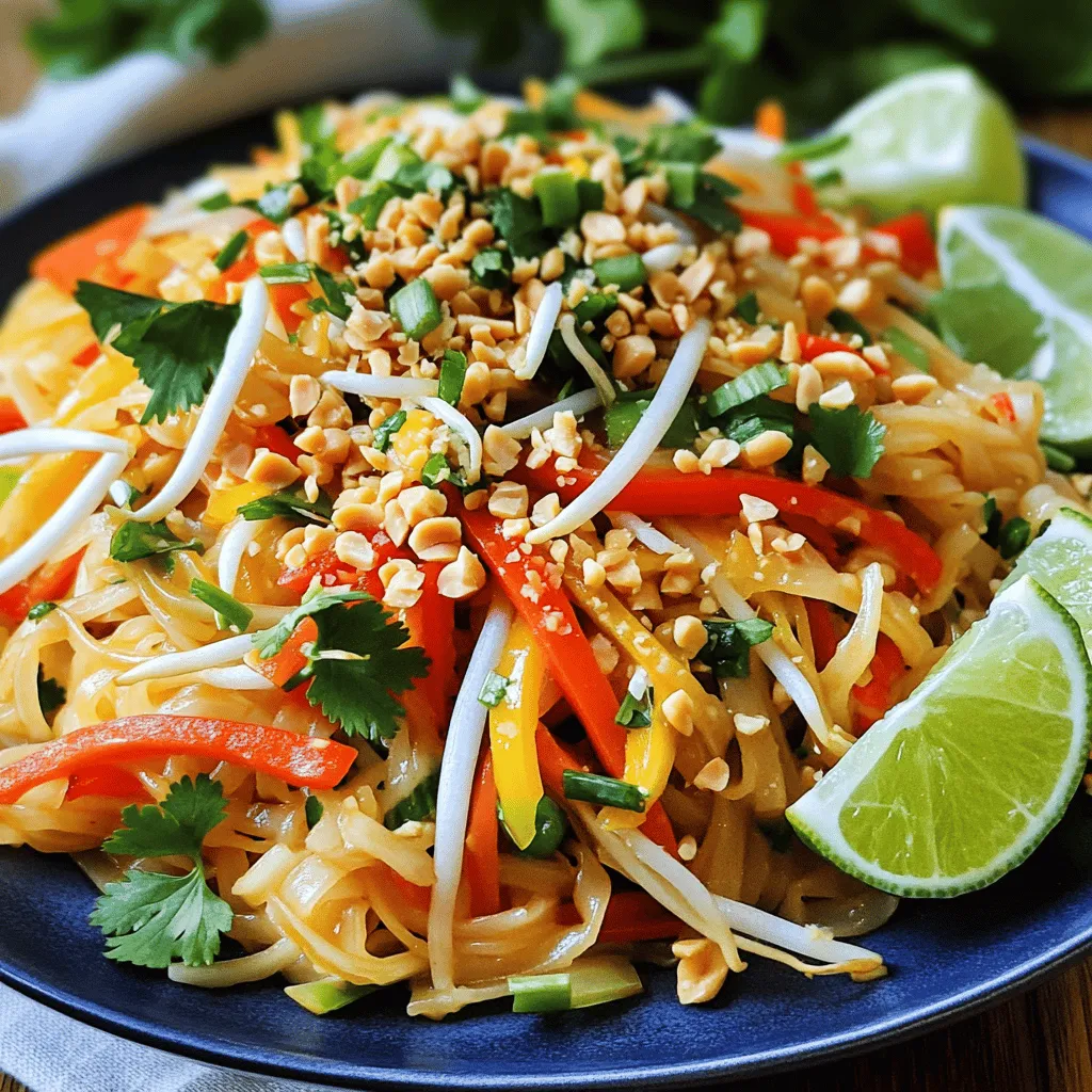 To make Easy Veggie Pad Thai, you need some simple and fresh ingredients. Here’s what you will need: - 8 oz rice noodles - 2 tablespoons vegetable oil - 1 clove garlic, minced - 1 small onion, sliced thin - 1 red bell pepper, sliced into thin strips - 1 cup fresh bean sprouts - 1 medium carrot, julienned - 2 large eggs (optional, can be skipped for a vegan version) - 3 green onions, chopped into small pieces - 3 tablespoons soy sauce - 1 tablespoon fresh lime juice - 1 teaspoon brown sugar - Crushed peanuts, for garnish - Fresh cilantro leaves, for garnish - Lime wedges, for serving These ingredients come together to create a flavorful dish. The rice noodles provide a soft base. The garlic and onion bring warmth and depth. Fresh veggies add color and crunch, making every bite enjoyable. You can add eggs for protein or skip them for a vegan meal. The soy sauce, lime juice, and brown sugar create a balanced sauce that elevates the dish. Feel free to explore the [Full Recipe](#) for more details! Start by cooking the rice noodles. Follow the package instructions. Make sure to cook them until they are al dente. This means they should have a slight bite. After cooking, drain the noodles and place them in a large bowl. Set them aside as you prepare the other ingredients. For the best texture, rinse the noodles with cold water. This helps stop the cooking process and keeps them from sticking together. In a large frying pan or wok, heat the vegetable oil over medium heat. First, add the minced garlic and sliced onion. Sauté them for about 2-3 minutes. You want the onion to become translucent and fragrant. Next, add the sliced red bell pepper and julienned carrot. Stir-fry these veggies for about 3-4 minutes. You want them to soften but still have some crunch. This adds great texture to your dish. If you want to use eggs, push the veggie mix to one side of the pan. Crack the eggs into the open space and scramble them. Cook until they are fully set. Once cooked, mix the eggs back into the veggie blend. Now, carefully add the cooked rice noodles to the pan. Gently toss everything together to combine it well. In a small bowl, mix the soy sauce, lime juice, and brown sugar. Pour this sauce over the noodle mixture and stir well. Cook for another 2-3 minutes to let the flavors meld. Finally, add fresh bean sprouts and chopped green onions. Cook for just one more minute. Your Easy Veggie Pad Thai is ready to serve hot, garnished with crushed peanuts and fresh cilantro. Enjoy it with lime wedges on the side for extra flavor! Fresh ingredients make all the difference in Easy Veggie Pad Thai. Use crisp vegetables for the best taste. Look for bright bell peppers, firm carrots, and fresh bean sprouts. The right soy sauce also boosts flavor. I prefer low-sodium soy sauce, which adds depth without too much salt. You can also try tamari for a gluten-free option. Stir-frying is key for this dish. Heat your pan well before adding oil to avoid sticking. Keep the heat high, and don’t overcrowd the pan. This helps all the veggies cook evenly and stay crunchy. Stir-fry each type of veggie separately if you want to control their doneness. Add them back together later for the best texture. How you serve your Pad Thai can make it more fun. Use a large plate or bowl to show off those colorful veggies. You can also layer your ingredients for a nice look. Pair it with spring rolls or a fresh salad to round out the meal. For drinks, a light iced tea or lemonade works great with this dish. For the full recipe, visit the Easy Veggie Pad Thai section. {{image_4}} To make this dish vegan, simply skip the eggs. You can add plant-based proteins instead. Tofu works well and adds great texture. Tempeh is another tasty choice. Both options soak up flavor and make your meal filling. If you don’t have all the ingredients, don’t worry. You can swap in what you have. For example, use zucchini instead of carrots. Snap peas can replace bell peppers. In winter, try adding Brussels sprouts or kale for a seasonal touch. Do you like heat? To make your Pad Thai spicier, add red pepper flakes or Sriracha. Start with a little, then taste as you go. If you prefer a milder dish, reduce the soy sauce. You can also add more lime juice for a zesty flavor without spice. For the full recipe, check out Easy Veggie Pad Thai. To keep your Easy Veggie Pad Thai fresh, let it cool first. Spread it out in a shallow dish. This helps the heat escape quickly. Avoid stacking it in a deep bowl. When it cools to room temperature, cover it tightly. Use plastic wrap or a lid. This keeps it from drying out. In the fridge, your Pad Thai lasts about 3-4 days. Make sure it is in an airtight container. For longer storage, you can freeze it. It stays good for about 1-2 months. To freeze, place it in freezer bags. Remove as much air as possible before sealing. When you're ready to eat, just thaw it overnight in the fridge. When reheating, I recommend using a pan or a wok. This helps keep the noodles from getting mushy. Add a splash of water or soy sauce to keep it moist. Heat on medium, stirring gently. You can also use a microwave, but do it in short bursts. Stir between heating to keep it even. This way, your Easy Veggie Pad Thai stays tasty and enjoyable! Many people make a few mistakes when making Pad Thai. First, overcooking the rice noodles is common. They should be al dente, not mushy. Second, using too much sauce can make the dish too salty. Start with a small amount and taste as you go. Lastly, don’t forget to use fresh vegetables. They add crunch and color, making your dish vibrant and healthy. Yes, you can make Easy Veggie Pad Thai ahead of time. Cook the noodles and veggies, then store them separately. You can mix them with sauce when you are ready to serve. This helps keep everything fresh and tasty. Just reheat in a pan on low heat until warm. You can serve Easy Veggie Pad Thai with many sides. Try spring rolls for a crunchy treat. A light cucumber salad adds freshness. If you want more protein, add tofu or edamame on the side. You can also serve it with a refreshing drink, like iced tea or lemonade. To make Easy Veggie Pad Thai gluten-free, use gluten-free soy sauce. Most rice noodles are gluten-free, but check the package to be sure. This way, everyone can enjoy this tasty dish without worry. Customizing Easy Veggie Pad Thai is easy. If someone doesn’t like a veggie, swap it for one they enjoy. You can also adjust the sauce to suit their taste. Start with less sauce, then add more later. If they don’t want eggs, skip them. This dish is flexible, so everyone can love it! Easy Veggie Pad Thai is a fun and tasty dish. You learned the key ingredients like rice noodles and fresh veggies. We went through the steps to make it right, from cooking noodles to sautéing vegetables. I shared tips to boost flavors and ideas for serving it up. You can even explore variations to suit your taste. In conclusion, this recipe is flexible and simple. You can enjoy it in many ways. Now, it's time to try making your own Easy Veggie Pad Thai!