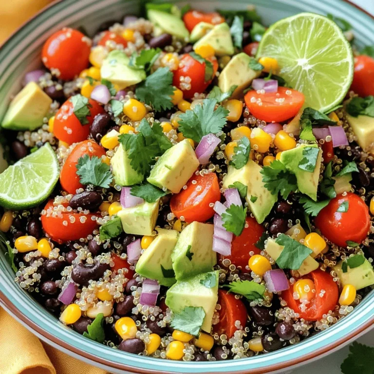 - 1 cup quinoa - 2 cups vegetable broth or water - 1 can (15 oz) black beans - 1 cup corn kernels - 1 red bell pepper - 1 cup cherry tomatoes - 1 ripe avocado - 1/4 cup red onion - 1/4 cup fresh cilantro - 1 teaspoon ground cumin - 1 teaspoon chili powder - Juice of 2 fresh limes - 3 tablespoons extra virgin olive oil - Salt and freshly cracked pepper To make a tasty Southwest Quinoa Salad, you need fresh ingredients. Quinoa is the star. It adds protein and fiber. You will also need vegetable broth or water to cook the quinoa. For the beans, I love using black beans. They add creaminess and texture. Corn gives a sweet crunch. You can use fresh or frozen corn. Now, let's talk about fresh produce. The red bell pepper adds color and a slight sweetness. Cherry tomatoes bring juiciness and bright flavor. A ripe avocado gives creaminess. Don't forget the red onion! It adds a nice bite. Finally, fresh cilantro adds a burst of flavor. For spices, cumin and chili powder create a warm, earthy taste. Fresh lime juice adds zest. The olive oil makes the salad rich and smooth. Add salt and pepper to taste. You can find the full recipe for this dish below. 1. Start by rinsing and draining 1 cup of quinoa. This step removes any bitter taste. 2. Next, combine the rinsed quinoa with 2 cups of vegetable broth in a medium-sized saucepan. 3. Set the heat to medium-high and bring it to a boil. 4. Once boiling, reduce the heat to low, cover the pan, and let it simmer for about 15 minutes. 5. After 15 minutes, the quinoa should be fluffy and all the liquid absorbed. Remove it from heat. 6. Let it sit covered for another 5 minutes. Finally, fluff the quinoa gently with a fork and set it aside to cool completely. 1. In a large mixing bowl, add the following ingredients: - 1 can (15 oz) black beans, well rinsed and drained - 1 cup corn kernels (fresh or frozen) - 1 red bell pepper, finely diced - 1 cup cherry tomatoes, halved - 1 ripe avocado, diced - 1/4 cup red onion, finely chopped - 1/4 cup fresh cilantro, roughly chopped 2. Gently mix these ingredients to combine. Make sure everything is evenly spread in the bowl. 1. In a small bowl, whisk together the following: - The juice of 2 fresh limes - 3 tablespoons extra virgin olive oil - 1 teaspoon ground cumin - 1 teaspoon chili powder - A sprinkle of salt and freshly cracked pepper 2. This dressing adds a zesty flavor to your salad, so make sure to mix well. 1. Now, fold the cooled quinoa into the salad mixture. 2. Gently combine all the ingredients until they are well mixed. 3. Taste and adjust seasoning with more salt and pepper if needed. 4. Once everything is mixed, cover the bowl and refrigerate for at least 30 minutes. This allows the flavors to meld together beautifully. For the complete recipe, you can refer to the [Full Recipe]. To avoid mushy quinoa, start by rinsing it well. Rinsing removes the bitter coating called saponin. This simple step makes a big difference in taste. After rinsing, use two cups of vegetable broth or water for every cup of quinoa. This ratio helps the quinoa cook evenly and stay fluffy. It's good to let the quinoa simmer gently. Boil it first, then cover and lower the heat. This method keeps the grains separate and light. Once cooked, let it sit for five minutes before fluffing it with a fork. This extra time helps the quinoa absorb any leftover moisture. For a stunning presentation, serve your salad in a colorful bowl. This makes the vibrant colors pop. Use a large bowl or individual plates for each guest. Garnish with fresh cilantro leaves for a bright touch. Adding lime wedges around the dish looks nice too. You can sprinkle crumbled feta cheese on top for richness. Tortilla strips add a nice crunch and extra flavor. These small touches can elevate your dish from good to great. If you want some heat, add diced jalapeños or a dash of hot sauce. This gives a nice kick to the salad. You can adjust the heat level to your taste. For sweetness, try adding diced mango or pineapple. These fruits pair well with the other flavors. They bring a fresh and tropical twist. Mixing sweet and spicy makes the salad more exciting. {{image_4}} You can boost the protein in this salad easily. Adding grilled chicken or shrimp makes it heartier. Both options pair well with the fresh flavors. I love to season the chicken with lime and spices before grilling. For a vegetarian twist, use tofu. Press and cube the tofu, then sauté it until golden. This adds a nice texture and flavor to your salad. Need a gluten-free option? Quinoa is naturally gluten-free! If you want to switch it up, try using millet or brown rice. Both work well and keep the dish light. For those on a vegan diet, this salad is already a great choice. Just ensure all ingredients, like the broth, are plant-based. You can swap lime juice with apple cider vinegar for a tangy twist. Herbs can really enhance your salad. Try adding parsley or dill to give it a fresh kick. These herbs add color and aroma too. If you want to change the citrus flavor, use orange or lemon instead of lime. They both add a sweet and tangy note, making your salad even more vibrant. Mixing in different flavors keeps your meals exciting. The Southwest Quinoa Salad stays fresh in the fridge for about 3 to 5 days. To keep it tasty, store it in an airtight container. This helps lock in flavors and keeps the salad crisp. I recommend using glass containers. They are great for keeping food fresh and safe. You can freeze this salad, but I suggest leaving out the avocado. The avocado does not freeze well and becomes mushy. If you want to freeze it, prepare the salad without the avocado. Store in a freezer-safe container. It’s best to eat it within 2 to 3 months for the best taste. To refresh the refrigerated salad, take it out and let it sit for a few minutes. This helps the flavors come back alive. Avoid reheating the salad in the microwave. The heat can make the veggies soggy. Instead, enjoy it cold or at room temperature for a crisp bite. To make the Southwest Quinoa Salad vegan, swap out any animal-based ingredients. For example, use olive oil instead of any honey or dairy products. Avocado is already vegan, so you can keep that. If you want creaminess, add more avocado or use a plant-based yogurt. Yes, you can prepare this salad ahead of time. I suggest making it a few hours before serving. This way, the flavors blend well. Just be sure to store it in the fridge. You can also make the quinoa the day before. This salad pairs well with grilled meats, like chicken or steak. It also makes a great side for BBQs. You can even enjoy it with tacos or burritos. It adds a fresh touch to any meal. Quinoa is a superfood packed with protein. It has all nine essential amino acids. Plus, it is high in fiber, which is good for digestion. The added veggies like tomatoes and peppers boost vitamins and minerals. To spice up the salad, add diced jalapeños or red pepper flakes. You can also add a splash of hot sauce to the dressing. For a smoky flavor, try adding chipotle powder. Adjust the heat to your taste. For the full recipe, check out the Southwest Quinoa Fiesta Salad. In this blog post, I shared a simple and tasty Southwest Quinoa Salad recipe. I covered ingredients, cooking steps, and storage tips. You learned how to make it vegan and delicious. Remember to experiment with flavors and ingredients. This salad is versatile and can fit many diets. Enjoy making it your own! Get creative and share it with friends and family for a delightful meal.
