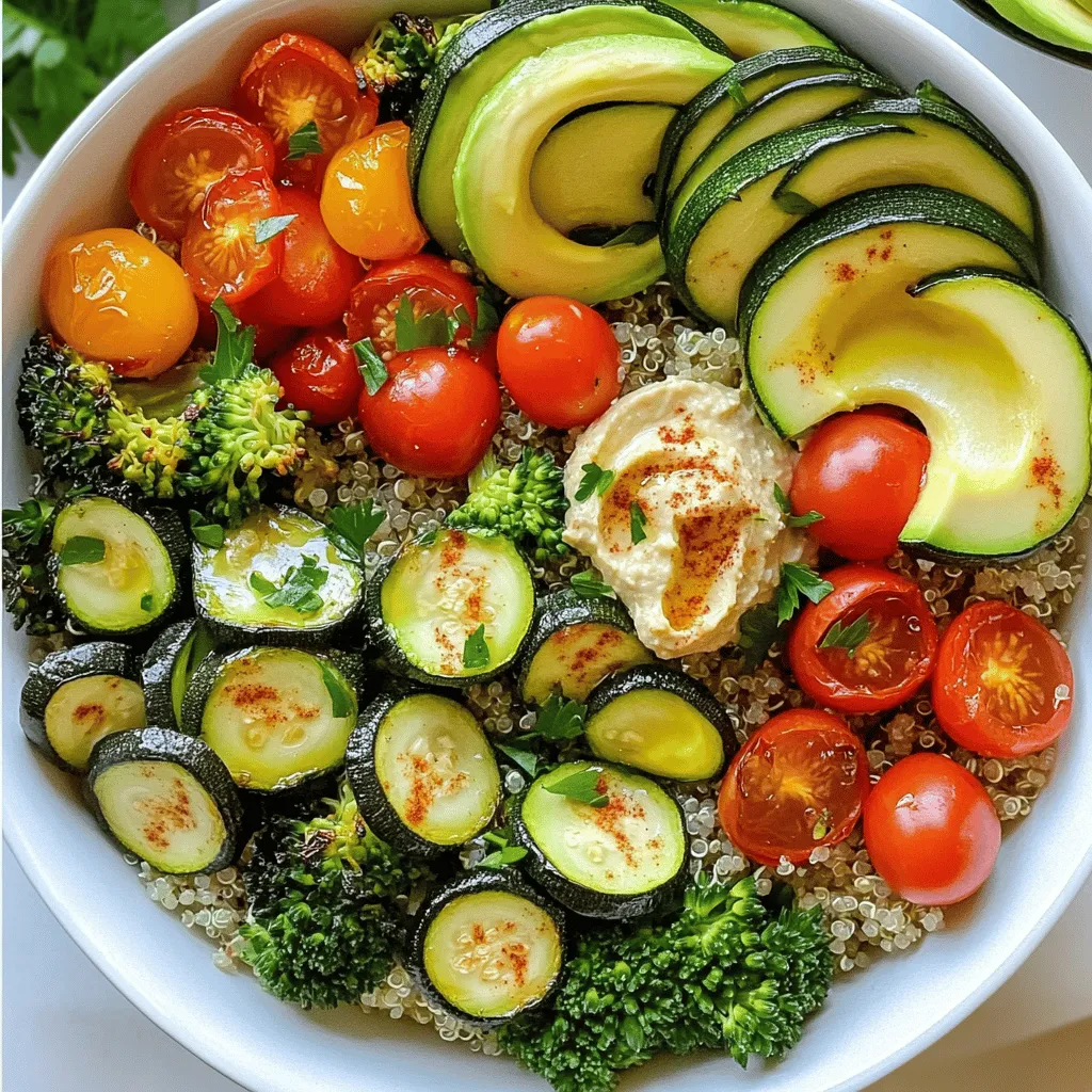 - 1 cup quinoa, thoroughly rinsed - 2 cups vegetable broth - 1 medium zucchini, diced into bite-sized pieces - 1 large red bell pepper, chopped into chunks - 1 cup cherry tomatoes, halved - 1 cup broccoli florets, evenly sized - 2 tablespoons extra virgin olive oil - 1 teaspoon garlic powder - 1 teaspoon smoked paprika - Salt and freshly cracked black pepper to taste - 1 ripe avocado, beautifully sliced - ¼ cup hummus (choose your favorite store-bought or homemade) - Fresh parsley, finely chopped for a vibrant garnish - Hummus varieties - Additional spices and herbs Quinoa is more than just a grain. It has protein, fiber, and minerals. This makes it a great choice for energy. It also helps you feel full. Roasted vegetables pack a punch, too. They are high in vitamins and antioxidants. Broccoli supports your immune system. Zucchini helps keep your heart healthy. Red bell peppers are loaded with vitamin C. Cherry tomatoes are sweet, tasty, and good for your skin. Overall, this bowl is a powerhouse of nutrition. For the full recipe, check out the Nourishing Roasted Veggie Power Bowl. 1. First, preheat your oven to 425°F (220°C). This heat helps the veggies roast well. 2. Next, prepare your vegetables. You will need zucchini, red bell pepper, cherry tomatoes, and broccoli. Dice the zucchini into small cubes and chop the bell pepper into chunks. Halve the cherry tomatoes and cut the broccoli into even florets. 1. In a large baking sheet, combine the diced zucchini, chopped red bell pepper, halved cherry tomatoes, and broccoli florets. 2. Drizzle with extra virgin olive oil. Sprinkle garlic powder, smoked paprika, salt, and black pepper on top. Toss everything together so the veggies are coated well. 3. Spread the veggies in a single layer on the baking sheet. This helps them roast evenly. 4. Roast the vegetables for 20-25 minutes. They should be tender and have a nice caramelized color. Stir them halfway through cooking to make sure they brown evenly. 1. While the veggies roast, pour 2 cups of vegetable broth into a medium saucepan. Bring it to a boil on high heat. 2. Once it boils, add 1 cup of rinsed quinoa and stir gently. Then, reduce the heat to low and cover the pan with a lid. 3. Let it simmer for about 15 minutes. The quinoa should absorb all the liquid and become fluffy. You now have roasted veggies and perfectly cooked quinoa ready for your power bowl! To roast vegetables well, set your oven to 425°F (220°C). This temperature helps the veggies turn golden and sweet. Roast for 20 to 25 minutes. Make sure to stir them halfway. This keeps the cooking even so all sides get that nice color. For fluffy quinoa, rinse it well before cooking. This removes the bitter outer layer. Use two cups of vegetable broth for one cup of quinoa. You can also cook quinoa in a rice cooker. It gives great results with little effort. Just follow the same water ratio! When you serve your power bowl, use shallow dishes. This lets you artfully arrange the quinoa and veggies. Layer them nicely for a great look. Add a sprinkle of sesame seeds or a drizzle of balsamic glaze for extra flair. It makes the dish pop visually! For the full recipe, check out the Nourishing Roasted Veggie Power Bowl above! {{image_4}} You can switch grains in your bowl. Try brown rice or farro for a new twist. Each grain offers unique flavor and texture. You can also use different vegetables based on the season. In spring, add asparagus or snap peas. In fall, roasted sweet potatoes or Brussels sprouts shine. Be creative and choose what you love! Dressings can transform your bowl. I love making homemade dressings. For a simple one, mix olive oil, lemon juice, and a pinch of salt. You can also try yogurt-based dressings for creaminess. Flavorful dips like tzatziki or pesto pair well too. These choices add zest and depth to your meal. Adding protein boosts the meal's nutrition. Beans or lentils work great for a plant-based option. Chickpeas add a nice crunch too! If you enjoy meat, add grilled chicken or shrimp for extra flavor. Tofu is another great choice. It soaks up flavors and adds texture. Mix and match to find your perfect power bowl! To keep your Roasted Veggie Power Bowl fresh, store leftovers in the fridge. Place the quinoa and veggies in separate airtight containers. This helps each component stay fresh longer. Use within three to four days for the best taste. If you want to save your leftovers for later, freezing is a great option. Portion the quinoa and veggies into freezer-safe bags. Squeeze out the air before sealing. You can freeze them for up to three months. When you’re ready to eat, thaw them overnight in the fridge. Reheat the veggies and quinoa in a microwave or on the stove until hot. Preparing your Roasted Veggie Power Bowl in advance saves time. Cook the quinoa and roast the veggies ahead. Store them in meal prep containers. Clear, labeled glass containers work best. This makes it easy to grab a healthy meal on busy days. You can also pack your favorite toppings, like avocado, separately to keep them fresh! Can I use frozen vegetables? Yes, you can use frozen vegetables. They save time and are still healthy. Just make sure to adjust the roasting time. Frozen veggies may need a few extra minutes to cook well. How do I reheat leftovers? Reheating is easy! You can microwave the bowl for 1-2 minutes. Stir halfway through to heat evenly. For a crispy texture, warm it in the oven at 350°F for about 10 minutes. Is this recipe vegan-friendly? Absolutely! This recipe is vegan-friendly. It uses only plant-based ingredients. You can enjoy it without any animal products. How many calories per serving? Each serving has about 350 calories. This number may vary based on the ingredients you choose. It’s a filling, healthy choice for any meal. What else can I add to the bowl? Get creative! You can add beans, nuts, or seeds for extra protein. You can also try different veggies like carrots or sweet potatoes. Can it be made gluten-free? Yes, it’s easy to make it gluten-free! Just ensure your quinoa is certified gluten-free. All the other ingredients are naturally gluten-free too. For the full recipe, check out the Nourishing Roasted Veggie Power Bowl. In this blog post, we explored how to make a tasty roasted veggie power bowl. We covered essential ingredients like quinoa and roasted vegetables, plus fresh toppings. I shared step-by-step instructions for roasting veggies and cooking quinoa, along with useful tips for a perfect dish. I also discussed variations, storage methods, and answered common questions. These power bowls are healthy, easy, and versatile. You can mix and match to fit your taste. Now, enjoy your cooking and create your own delicious version!