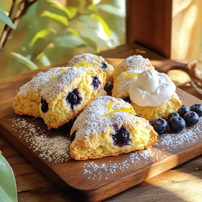 - 2 cups all-purpose flour - 1/4 cup granulated sugar - 1 tablespoon baking powder - 1/2 teaspoon salt - 1/2 cup unsalted butter, cold and cubed - 1/2 cup heavy cream (plus extra for brushing) - 1 large egg - 1 tablespoon fresh lemon juice - 1/2 teaspoon vanilla extract - 1/2 cup fresh or frozen blueberries - Zest of 1 lemon To make these lemon blueberry scones, you need simple ingredients. Start with the dry ones. Combine the flour, sugar, baking powder, and salt. This mix gives your scones their base. Next, we move to the wet ingredients. The cold butter is key. It helps create that flaky texture we love. Cut it into cubes before adding it to the dry mix. Then, add heavy cream, egg, lemon juice, and vanilla extract. This blend adds moisture and flavor. For flavor enhancers, use fresh or frozen blueberries. They pop with sweetness. Adding lemon zest brightens up the scones, making them zesty and fresh. You can find the full recipe to guide you through the steps. Enjoy baking these delightful treats! - Preheat your oven to 400°F (200°C). - Line a baking sheet with parchment paper. - In a large bowl, combine the dry ingredients. - Add the cubed butter. Mix until it looks like coarse crumbs. - Gently fold in the blueberries and lemon zest. Be careful not to crush the berries. - In another bowl, whisk together the cream, egg, lemon juice, and vanilla. - Pour this mixture into the dry ingredients. Stir gently until just combined. - Transfer the dough to a floured surface. - Form it into a round disc, about 1-inch thick. - Cut the dough into 8 equal wedges. - Brush the tops with heavy cream for a golden finish. - Bake for 15 to 20 minutes until they turn golden brown. For the complete process, check the Full Recipe. To make flaky scones, always use cold butter. Cold butter makes small pockets in the dough as it bakes, which creates that lovely flakiness. Cut the butter into small cubes, and mix it quickly with your dry ingredients. This helps keep the butter cold. Do not overmix the dough. When you add the wet ingredients, stir until just combined. A few lumps are okay. If you mix too much, the scones can turn out tough instead of tender. Feel free to add more flavor to your scones. Try mixing in some lemon zest or almond extract. You can also fold in chopped nuts or even some white chocolate chips. These additions can make your scones even more exciting. For serving, consider pairing your scones with clotted cream or a fruit spread. They go well with lemon curd or honey. These toppings add extra flavor and richness. To make your scones look extra special, dust them with powdered sugar before serving. It gives them a nice, sweet touch. Serve your scones warm, paired with a cup of tea or coffee. They are perfect for brunch or a cozy afternoon snack. These simple presentation tips will impress your guests and brighten up your table! {{image_4}} You can change the blueberries for other fruits. Raspberries or blackberries work well. They add a nice tartness. If you want a twist, try lemon-lavender. The floral note from lavender pairs well with lemon. Just add a teaspoon of dried lavender in the dough for a fragrant scone. If you need gluten-free scones, try almond or coconut flour. Both options give a unique texture. You can also make these scones vegan. Use plant-based butter and non-dairy milk instead of cream. The scones will still be tasty and fluffy. You can adjust the sweetness of your scones. If you want less sugar, reduce it to 2 tablespoons. This makes a more subtle flavor. If you prefer sweeter scones, add a glaze. Mix powdered sugar with lemon juice for a zesty finish. A glaze adds a nice shine and extra sweetness to your treats. For the full recipe, check out the detailed guide above. To store leftover scones, place them in an airtight container. This keeps them fresh. You can also wrap them in plastic wrap for added protection. I recommend using a container made of glass or plastic. This way, you avoid any moisture buildup that can make your scones soggy. For freezing baked scones, let them cool completely. Then, wrap each scone tightly in plastic wrap. Place the wrapped scones in a heavy-duty freezer bag or airtight container. This helps prevent freezer burn. When you're ready to enjoy, take them out and let them thaw in the fridge overnight. To reheat, preheat your oven to 350°F (175°C). Place the scones on a baking sheet and warm them for about 10 minutes. This makes them taste fresh and fluffy again. Enjoy your Lemon Blueberry Scones with a cup of tea! You can find the full recipe for these delightful treats above. To check if your scones are done, look for a golden color. They should be lightly browned on top. You can also use a toothpick. Insert it into the center of a scone. If it comes out clean, your scones are ready. Yes, you can use frozen blueberries. They work well in this recipe. Just fold them in gently. Keep in mind that they might release more juice. This can make your scones a bit wetter. However, they will still taste delicious! If you need a substitute for heavy cream, try whole milk or half-and-half. You can also use coconut cream for a dairy-free option. Each substitute may change the texture slightly. Heavy cream gives the scones their rich, flaky feel. These scones will last for about two days at room temperature. Store them in an airtight container to keep them fresh. If you want to keep them longer, you can freeze them. They will last for up to three months in the freezer. Yes, you can prepare the dough ahead of time. Shape it into a disc and wrap it tightly. Place it in the fridge for up to 24 hours. You can also freeze the dough for later use. Just thaw it in the fridge before baking. For the full recipe, check the detailed instructions above. You learned how to make delicious scones with simple ingredients. Remember to use cold butter to ensure a flaky texture. You can try different fruits or make them gluten-free too. Store extra scones properly, so they stay fresh. I hope you enjoy baking and sharing these tasty treats. Your next batch can be even better with these tips and tricks! Happy baking!