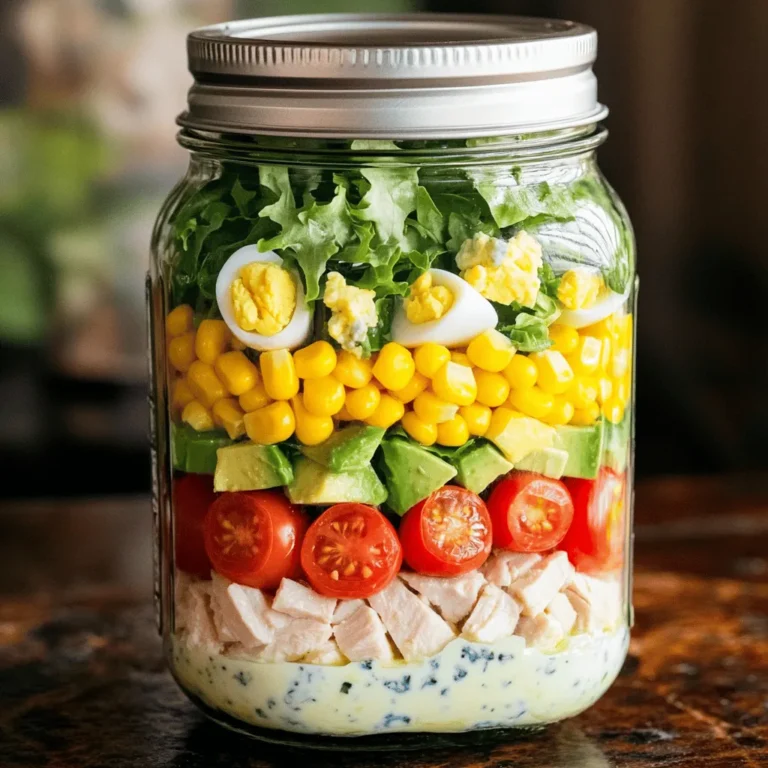 - 1 cup cooked chicken breast, diced - 1 cup cherry tomatoes, halved - 1 cup corn kernels (fresh or canned) - 4 hard-boiled eggs, chopped - 1 ripe avocado, diced - 1 cup blue cheese crumbles - 4 cups mixed greens (such as spinach and arugula) - ½ cup ranch dressing (or your preferred dressing) - Salt and pepper to taste Using fresh ingredients makes all the difference. Fresh veggies and good chicken will boost the flavor. When you pick ripe tomatoes or crisp greens, your salad tastes vibrant and full of life. Quality ingredients also pack in more nutrients. This means you get a meal that is not just tasty, but healthy too. If you have dietary needs, you can easily swap ingredients. For a vegetarian option, skip the chicken and add more beans or nuts. If you're lactose intolerant, try a dairy-free cheese instead of blue cheese. You can also use a different dressing that fits your diet. Just make sure to keep the same fun layers for that great look! To start, you need hard-boiled eggs for your salad. Place the eggs in a pot and cover them with cold water. Make sure the water is at least an inch above the eggs. Turn on the heat and bring the water to a rolling boil. Once it boils, remove the pot from heat and cover it with a lid. Let it sit for 12 minutes. After that, put the eggs in a bowl of ice water for 5 minutes. This cools them down and makes peeling easier. Now, let's layer the ingredients. You will need four 16-ounce mason jars. Start by adding 2 tablespoons of ranch dressing to the bottom of each jar. This keeps the salad fresh and adds flavor. Next, add a layer of corn kernels. After that, add the chopped hard-boiled eggs, followed by the diced chicken breast. Then, layer your halved cherry tomatoes and diced avocado. Finish this layer with blue cheese crumbles. Lastly, pack in the mixed greens. Make sure they sit on top and do not touch the dressing. When it’s time to eat, shake the jar well to mix all the ingredients. You can also pour the salad into a bowl for a different way to serve it. If you want extra flavor, drizzle more dressing over the top right before serving. Enjoy your Mason Jar Cobb Salad as a fresh and colorful meal! For the complete recipe, check out the Full Recipe. Meal prepping with a Mason Jar Cobb Salad is fun and easy. Start by cooking your chicken and eggs ahead of time. This saves you time during the week. Wash and chop all your veggies. Keep them fresh and crisp by storing them wisely. Layer your ingredients in jars from heaviest to lightest. This keeps your salad fresh longer. Always place the dressing at the bottom. This prevents sogginess. To keep your salad fresh, seal each jar tightly. Store them in your fridge. These salads last up to five days. If you want, make them on Sunday for the week. Always shake the jar before eating to mix the flavors. If you prefer, pour the salad into a bowl to eat. The layers look great, and it tastes even better! One common mistake is using too much dressing. This can make the salad soggy. Another mistake is not using fresh ingredients. Always pick the best veggies and proteins. Avoid cutting your greens too small; they should stay crisp. Lastly, don’t forget to store the jars upright. This prevents spills and keeps everything neat. For more details, check the Full Recipe above. {{image_4}} You can make a tasty vegetarian version of the Mason Jar Cobb Salad. Start by swapping out the chicken for chickpeas or black beans. These add protein and fiber. Use fresh veggies like bell peppers, cucumbers, and radishes. You can also add roasted sweet potatoes for a bit of sweetness. Keep the blue cheese or replace it with feta or a dairy-free cheese. This way, you still get that creamy texture. The layers still work well, creating a feast for your eyes and your stomach! While ranch dressing is a classic, many other options exist. A tangy vinaigrette can brighten the flavors. Try balsamic or lemon vinaigrette for a fresh taste. If you enjoy a bit of spice, a chipotle dressing adds a kick. For a creamy touch, use tahini or yogurt-based dressings. Mix and match these dressings to find your favorite flavor combination. Remember, the dressing goes at the bottom, so it stays fresh until you're ready to eat. Seasonal ingredients can make your salad even better. In spring, add fresh peas or asparagus. In summer, include juicy peaches or strawberries for a sweet twist. In fall, try roasted butternut squash or apples for warmth. Winter is perfect for adding hearty greens like kale or Brussels sprouts. This keeps your salad vibrant and packed with nutrients. Using fresh, seasonal produce not only enhances flavor but also supports local farmers. Enjoy the variety each season brings! You can keep the Mason Jar Cobb Salad in the fridge for up to 4 days. The layers stay fresh when you seal the jars tightly. The dressing at the bottom keeps the greens crisp. I do not recommend freezing this salad. Freezing can change the texture of the ingredients, especially the greens and avocado. If you want to prep ahead, store the jars in the fridge instead. You do not need to reheat this salad. It tastes best cold. When you are ready to eat, just shake the jar or pour it into a bowl. This will mix all the flavors well. Yes, you can make Mason Jar Cobb Salad ahead of time. I often prepare it a day before. This saves time and keeps meals ready for busy days. Just layer the ingredients in jars as described in the Full Recipe. Store them in the fridge until needed. The dressing stays at the bottom, which helps keep everything fresh. If you don't like blue cheese, you have options. Feta cheese works well as a tangy substitute. Goat cheese is another great choice, offering a creamy texture. For a dairy-free option, try avocado or a nut-based cheese. Each alternative adds its unique flavor to the salad. To keep the greens crisp, pack them tightly at the top of the jar. Make sure they do not touch the dressing. This barrier keeps moisture away from the greens. You can also use paper towels to absorb excess moisture in the jar. This simple trick helps maintain freshness until you’re ready to eat. In this article, we explored making a tasty Mason Jar Cobb Salad. We covered key ingredients and their quality, along with helpful substitutions. You learned how to prepare, layer, and serve your salad, plus tips for meal prepping and storage. Remember, quality matters, and avoid common mistakes. Try different dressings and seasonal ingredients for variety. With these steps, you can enjoy a fresh, healthy meal anytime. Start building your own Mason Jar salad today!