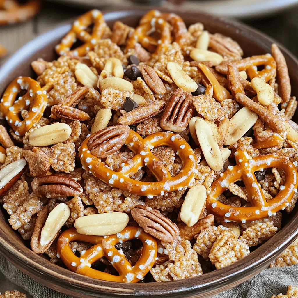 For a delicious Cinnamon Sugar Pretzel Snack Mix, you need a mix of crunchy and sweet. - 2 cups mini pretzels - 2 cups rice cereal squares - 1 cup cinnamon cereal (such as Cinnamon Toast Crunch) - 1/2 cup pecans, chopped - 1/2 cup sliced almonds - 1/4 cup unsalted butter, fully melted - 1/2 cup granulated sugar - 1 tablespoon ground cinnamon - 1/4 teaspoon salt - 1/2 cup mini chocolate chips (for a sweet twist) You can mix in different nuts or cereals. Try adding dried fruits for a fruity touch. These options let you create a snack mix that fits your taste. Enjoy the process of making this treat! It’s fun to experiment. Start by gathering all your ingredients. You will need mini pretzels, rice cereal squares, cinnamon cereal, pecans, and sliced almonds. Measure each one carefully. This helps ensure the right balance of flavors. Preheat your oven to 350°F (175°C). This makes sure everything bakes evenly. In a large bowl, add the mini pretzels, rice cereal squares, cinnamon cereal, chopped pecans, and sliced almonds. Use a spatula to mix them gently. You want to make sure every piece is mixed well. This step is key for a tasty snack mix. Each bite should have a bit of everything! In another bowl, pour in the melted butter. Then add granulated sugar, ground cinnamon, and salt. Whisk these ingredients together until smooth. The mixture should look syrupy. This is the sweet coating that makes the mix so special. Be sure to mix it well so every bite is sweet! Now, take a baking sheet and line it with parchment paper. Spread your pretzel and cereal mix evenly across the sheet. Make sure it’s not too packed. Pop the baking sheet into the oven. Bake for 10-12 minutes. Remember to stir the mix halfway through baking. This helps it toast evenly. Keep an eye on it to avoid burning! Once it's done, pull it out and let it cool on the sheet. As it cools, it will get crunchy. If you want, fold in mini chocolate chips after it cools. Enjoy your homemade snack mix! To get that great crunch, bake the snack mix at 350°F. Stir it halfway through. This helps toast all sides evenly. Keep a close eye on it while baking. Overbaking can lead to a burnt taste. You want a golden brown color, not dark. Let it cool completely for the best crunch. As it cools, it will firm up and become crisp. When serving this snack mix, use fun bowls or jars. This makes it look inviting. You can also mix it with popcorn for extra texture. For a sweet twist, add mini chocolate chips after cooling. Guests love the combo of sweet and salty flavors. Place it on a table with other snacks for variety. Everyone will enjoy munching on this mix! You only need a few basic tools for this recipe. Start with a large mixing bowl for combining ingredients. A spatula helps mix everything well. Use a whisk for blending the cinnamon sugar coating smoothly. Don't forget parchment paper for easy cleanup. This saves time and keeps your kitchen tidy. Having these tools ready makes the process easy and fun! {{image_4}} You can easily make this recipe nut-free. Just skip the pecans and almonds. Instead, add extra rice cereal or more pretzels. This keeps the crunch while making it safe for those with nut allergies. It’s still delicious and perfect for sharing! If you love chocolate, try this twist! After baking, melt some chocolate chips in a bowl. Drizzle the melted chocolate over the cooled snack mix. You can use dark, milk, or white chocolate. This adds a rich flavor that pairs well with the cinnamon sugar. For a fruity touch, add dried fruits like cranberries or raisins. They add color and chewiness. You can also toss in M&Ms for a fun, colorful mix. This makes your snack even more exciting and appealing, especially for kids! Remember, the key is to have fun with it. Mix and match to create your perfect blend. You can find the full recipe above for all the basic steps. To keep your Cinnamon Sugar Pretzel Snack Mix fresh, store it in an airtight container. This will prevent moisture from making it soggy. You can use glass jars or plastic bins, whatever you have on hand. Make sure to seal it tightly after each use. For added freshness, place a piece of bread in the container. The bread will help absorb any excess moisture. If stored properly, your snack mix will last for about two weeks. It may lose some crunch over time, but the flavors will still be good. If you notice any signs of spoilage, like an off smell or mold, it’s best to toss it. Always trust your senses when it comes to food safety. You can freeze your Cinnamon Sugar Pretzel Snack Mix for longer storage. Place it in a freezer-safe bag or container. It can last up to three months in the freezer. When you’re ready to enjoy it, just thaw it at room temperature. You can also pop it in the oven at 350°F for a few minutes to regain its crunch. This is a great way to have a tasty snack ready whenever you want! Yes, you can make this snack mix in advance. Store it in an airtight container. It stays fresh for up to two weeks. This makes it perfect for parties or movie nights. To reduce sweetness, cut the sugar in half. You can also use less butter or substitute it with coconut oil. Adding more nuts or seeds boosts nutrition and flavor without adding sugar. Absolutely! Swap in your favorite cereals like Cheerios or cornflakes. You can mix in walnuts, cashews, or even pumpkin seeds. This keeps the snack mix fun and fresh. If you lack mini pretzels, use regular-sized pretzels or snack sticks. You can even try cheese puffs for a savory twist. The key is to keep that crunchy texture for the best experience. In this article, we explored how to make a tasty cinnamon sugar pretzel snack mix. I shared a full recipe, details on key ingredients, and several ideas for customizing your mix. We also went over step-by-step instructions, tips for the perfect crunch, and storage information. Remember, feel free to get creative with variations like adding chocolate or dried fruits. With these tips, your snack mix will be a hit at any gathering. Try it out, and enjoy your delicious creation!