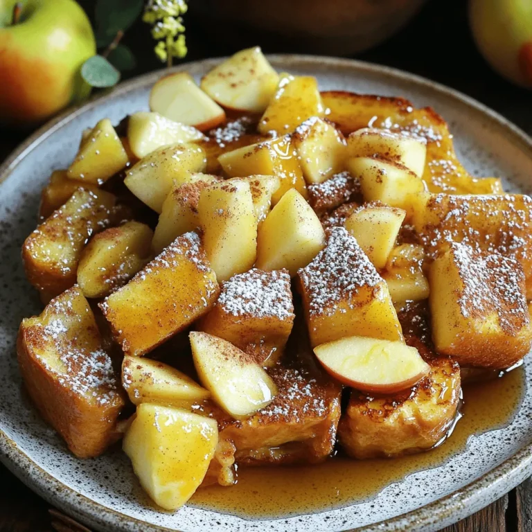 - 6 slices of day-old bread (brioche or challah recommended), cut into 1-inch cubes - 2 large apples, peeled, cored, and diced into small pieces - 4 large eggs - 2 cups milk (or unsweetened almond milk for a dairy-free alternative) - 1/2 cup packed brown sugar - 1 teaspoon pure vanilla extract - 1 teaspoon ground cinnamon, plus more for garnish - 1/4 teaspoon ground nutmeg - 1 pinch of salt - 1 tablespoon unsalted butter (for greasing the baking dish) For this dish, I love using brioche or challah. These breads soak up the custard well. They give a soft texture and sweet flavor. You want bread that is a bit stale. Fresh bread might get too soggy. When it comes to apples, I recommend using Granny Smith or Honeycrisp. They add a nice tartness and balance the sweetness. Feel free to mix different kinds for unique flavors. You can't forget the spices! Ground cinnamon and nutmeg add warmth and depth. A pinch of salt enhances all the flavors too. - Suggested toppings: powdered sugar, maple syrup - Additional fruits or nuts for customization For toppings, I suggest serving with powdered sugar and warm maple syrup. They add a sweet touch that really shines. You can also add nuts like pecans or walnuts for crunch. If you want some extra fruit, try adding blueberries or sliced bananas. This dish serves about 6 to 8 people. Each serving has about 300 calories. - Calories: ~300 per serving - Fats: ~10g - Carbohydrates: ~45g - Protein: ~8g This breakdown helps you see how this tasty treat fits into your meal plan. Enjoying it occasionally fits perfectly in a balanced diet. 1. First, preheat your oven to 350°F (175°C). This step is key for even baking. 2. Next, grab a 9x13-inch baking dish and grease it well with unsalted butter. Make sure every edge is covered to prevent sticking. 3. In a large bowl, mix together the eggs, milk, brown sugar, vanilla extract, ground cinnamon, ground nutmeg, and salt. Whisk until everything is smooth and blended. 1. Now, it’s time to soak the bread cubes. Gently add your bread cubes to the egg mixture. Fold them carefully, ensuring they get coated well. Let them sit for about 10 minutes. This helps the bread soak up the delicious custard. 2. While the bread soaks, take another bowl and toss the diced apples with a sprinkle of cinnamon and a tablespoon of brown sugar. This gives the apples extra flavor and sweetness. 3. Once the bread has absorbed the custard, fold in the spiced apple mixture. Distribute the apples evenly throughout the bread mixture. 1. Carefully pour the entire mixture into your prepared baking dish. Spread it out evenly for the best baking results. 2. Put the dish in the oven and bake for 35-40 minutes. You're looking for a golden brown top and a firm center. 3. To check for doneness, insert a knife in the center. If it comes out clean, your bake is ready. Now, you’re just a few steps away from enjoying this tasty breakfast treat! For the full recipe, refer back to the ingredients and instructions provided above. To make the best Apple Cinnamon French Toast Bake, soak the bread cubes properly. Use day-old bread, as it holds custard well. Cut the bread into 1-inch cubes for even soaking. Mix your egg and milk well, then gently fold in the bread. Let it sit for about 10 minutes. This helps the bread absorb the custard. For an even bake, spread the mixture out in the dish. Use a 9x13-inch baking dish for the best results. Preheat your oven to 350°F (175°C). Bake it until the top is golden brown. This usually takes 35 to 40 minutes. One common mistake is over-soaking the bread. This can make it mushy. Under-soaking is just as bad. The bread needs to soak long enough to absorb the custard but not too long. Another mistake is choosing the wrong type of apples. I recommend using firm apples like Granny Smith or Honeycrisp. These apples hold their shape well and add a nice tartness. For a great meal, pair the baked French toast with crispy bacon or sausage. Fresh fruit, like berries or sliced bananas, add a nice touch. If it's a special brunch, serve it with whipped cream or a dusting of powdered sugar. You can also offer maple syrup on the side. This adds sweetness and flavor. This dish is perfect for breakfast or brunch. It's easy to make and great for sharing with friends and family. For the full recipe, check out the section above. {{image_4}} You can easily adjust this recipe to fit dietary needs. For a dairy-free option, use almond milk instead of regular milk. Almond milk gives the dish a nice, nutty flavor that pairs well with apples. You can also choose gluten-free bread if needed. There are many brands available that taste great and work well in this bake. Want to switch things up? You can add different fruits for a fun twist! Blueberries or pears work really well with the apples. They add color and new tastes. You can also change the spices. Try adding cardamom or allspice for a warm, cozy flavor. These spices can give your French toast bake a unique touch that will surprise your guests. Every season brings special flavors. In fall, consider adding pumpkin puree or chopped pecans to the mix. This gives the dish a hearty feel, perfect for chilly mornings. In spring, fresh berries and a hint of citrus zest can brighten up your bake. These ingredients add freshness and a burst of flavor that complements the sweet apples beautifully. For the full recipe, check out the details above! To store leftovers, let the baked French toast cool. Then, cover it with plastic wrap or place it in an airtight container. Keep it in the refrigerator for up to three days. When you're ready to enjoy it again, reheat it in the oven at 350°F (175°C) for about 10-15 minutes. You can also microwave it for about 1-2 minutes, but the oven gives a better texture. For long-term storage, you can freeze the baked French toast. Once it cools, cut it into squares and wrap each piece tightly in plastic wrap. Then place the wrapped pieces in a freezer-safe bag. You can freeze it for up to three months. To thaw, move the pieces to the refrigerator overnight. For a quick thaw, microwave them on low heat for a few minutes. When stored properly, Apple Cinnamon French Toast Bake lasts about three days in the fridge. In the freezer, it can stay good for about three months. Always check for any signs of spoilage, like off smells or discoloration, before eating. Enjoy your tasty breakfast treat anytime with these simple storage tips! You can prepare this dish the night before. Just follow the full recipe until the baking step. After combining the bread and apples, cover the dish and place it in the fridge. In the morning, simply take it out and bake it. This saves time and allows the flavors to blend overnight. Yes, you can use fresh bread. But stale bread absorbs the egg mixture better. If using fresh bread, cut it into cubes and toast it lightly in the oven first. This helps it soak up the custard without getting too soggy. There are many options for sweeteners. You can use honey, maple syrup, or agave. You can also try coconut sugar for a lower glycemic index. Just keep in mind that the amount may vary based on the sweetener you choose. Yes, you can easily make it dairy-free. Just swap regular milk for almond milk or oat milk. This change still gives you a creamy texture without dairy. Also, make sure to use dairy-free butter if needed for greasing. Adding eggs directly without the custard mixture is not recommended. The custard adds flavor and helps bind everything together. If you want more eggs, consider increasing the custard mix while keeping the balance of other ingredients. This dish is a warm hug in every bite. It combines soft bread, sweet apples, and warm spices. You can easily make it for breakfast or brunch. What is the main flavor in Apple Cinnamon French Toast Bake? The main flavor comes from the blend of apples and cinnamon. The apples add natural sweetness. The cinnamon gives warmth and depth. Together, they create a comforting taste that feels like home. How do I choose the best apples? For this bake, I recommend using sweet apples. Varieties like Honeycrisp or Fuji work well. They hold their shape when baked. Tart apples like Granny Smith add a nice balance, too. What type of bread should I use? I suggest using brioche or challah. These types of bread soak up the custard nicely. Day-old bread works best, as it is a bit firmer. It prevents the bake from getting too soggy. Can I make this dish ahead of time? Yes, you can! Prepare it the night before and chill in the fridge. Just bake it in the morning. This saves time and makes breakfast stress-free. What are some tasty toppings? You can top your bake with powdered sugar or maple syrup. Fresh fruit or whipped cream also add fun flavors. Nuts, like pecans, can give a nice crunch, too. This Apple Cinnamon French Toast Bake is not only easy but also fun to share. Dive into this delicious recipe to get the full experience. This blog post covered how to make a delicious Apple Cinnamon French Toast Bake. We talked about key ingredients like bread, apples, and spices. You learned about optional toppings and nutritional facts. The step-by-step instructions made it easy to prepare and bake your dish perfectly. In the end, this recipe is fun to customize and share with others. Enjoying it for breakfast or brunch can turn any meal into a special occasion. Happy cooking!