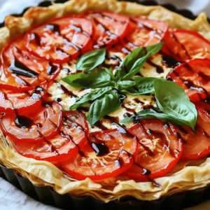 - 1 pre-made phyllo pastry sheet (about 8-10 sheets) or one ready-made pie crust - 4 medium ripe tomatoes, thinly sliced - 1 cup fresh basil leaves, roughly chopped - 1 cup ricotta cheese - 1 cup shredded mozzarella cheese - 2 tablespoons extra virgin olive oil, plus additional for brushing - 1 teaspoon garlic powder - Salt and freshly cracked black pepper to taste - Optional: Balsamic glaze for drizzling When I create this fresh tomato basil tart, I love to use simple, fresh ingredients. The star is the ripe tomatoes. They bring bright flavor and juicy texture. I choose tomatoes that are firm but not hard. Their color should be vibrant. Basil is another key player. Fresh basil adds a sweet and peppery taste. I prefer to roughly chop it to release its oils. This way, every slice of the tart bursts with flavor. For creaminess, I use ricotta cheese. It adds a rich and smooth layer. I mix it with garlic powder, salt, and pepper. This mix gives a nice seasoning base. Next, mozzarella cheese adds a lovely stretch. It melts beautifully and gives that gooey texture we crave. Together, they make the tart creamy and savory. I also use extra virgin olive oil. It not only adds flavor but helps the crust brown nicely. A drizzle before baking makes a big difference. Lastly, I sometimes add balsamic glaze. It gives a sweet and tangy touch. It’s optional, but I find it elevates the dish. Each ingredient plays a role in making this tart special. When you gather these items, you set the stage for a delightful meal. Check out the [Full Recipe] for a step-by-step guide to bring this tart to life! 1. Preheating the oven Start by preheating your oven to 375°F (190°C). This step is key to getting a nice, crispy crust. 2. Preparing the pastry If using phyllo pastry, layer 4-5 sheets in a tart pan. Brush a thin layer of olive oil between each sheet. This adds flavor and helps create a crunchy texture. If you opt for a pie crust, just place it in the tart pan and crimp the edges for a nice look. 3. Making the ricotta mixture In a mixing bowl, combine ricotta cheese, garlic powder, salt, and pepper. Use a spatula to mix until smooth. This mixture adds creaminess to the tart. 1. Layering tomatoes and cheese Spread the ricotta mixture evenly over the crust. Then, layer the sliced tomatoes on top. Overlap the slices slightly for a pretty design. After the tomatoes, sprinkle shredded mozzarella cheese over them. Finally, add the chopped basil for a fresh taste. 2. Drizzling olive oil Drizzle the remaining olive oil over the top of the tart. This helps the tart brown nicely and boosts flavor. 1. Baking duration and tips Place the tart in your preheated oven. Bake for 25-30 minutes. Look for a golden brown crust and bubbly cheese. This means it’s nearly ready! 2. Cooling period before slicing Once baked, remove the tart from the oven. Let it cool on a wire rack for a few minutes. This cooling time helps set the filling, making slicing easier. Check out the Full Recipe to get all the details you need! For the best results, set your oven to 375°F (190°C). This temperature helps the tart cook evenly and creates a nice, crisp crust. To check for doneness, look for a golden-brown crust and bubbly cheese. The cheese should be slightly browned, adding flavor and texture. If you see these signs, your tart is ready! Garnishing makes your dish pop. Slice the tart into wedges and serve on a rustic wooden board. Add fresh basil leaves on top for a vibrant touch. You can also drizzle balsamic glaze over the tart right before serving. It adds a sweet and tangy flavor that enhances the dish. One mistake is ending up with a soggy crust. To prevent this, always brush the pastry with olive oil or egg wash before adding toppings. Another common issue is uneven cheese melting. Spread the cheese evenly and avoid overloading one side. This ensures every bite is cheesy and delicious. {{image_4}} To make your Fresh Tomato Basil Tart even more exciting, try using different cheeses. Instead of ricotta, you can use goat cheese or feta. Both add a unique tang. For mozzarella, consider using provolone or a sharp cheddar. These swaps change the taste while keeping it delicious. You can also play with herbs and spices. Instead of basil, use fresh oregano or thyme for a new flavor. A pinch of red pepper flakes can add a little heat. Just remember, keep the balance so it doesn't overpower the fresh tomatoes. Seasonal vegetables can enhance your tart. In summer, add zucchini or bell peppers for a colorful twist. In fall, roasted butternut squash works well. These veggies bring new flavors and textures to your dish. Don't shy away from incorporating different flavors. For instance, a sprinkle of smoked paprika gives a lovely depth. You could even add sun-dried tomatoes for a rich, sweet touch. These tweaks keep the tart fresh and exciting all year round. If you need vegan or gluten-free options, it’s easy to adapt. For a vegan tart, swap the cheeses for cashew cream or tofu. These provide creaminess without dairy. Use gluten-free pie crust or phyllo pastry for a gluten-free option. These variations allow everyone to enjoy this dish. You can create a tart that fits any diet without losing flavor. Check out the Full Recipe for more ideas! To keep your fresh tomato basil tart tasty, store leftovers properly. First, let the tart cool completely. Wrap it in plastic wrap or place it in an airtight container. This helps keep flavors and moisture in. If you prefer, you can also use aluminum foil for wrapping. Store it in the fridge for up to three days for the best taste. When ready to enjoy your leftover tart, preheat your oven to 350°F (175°C). Place the sliced tart on a baking sheet for even heating. Bake for about 10-15 minutes until it's warm. This method keeps the crust crisp and the cheese melty. To avoid sogginess, don’t microwave it. Microwaving can make the crust soft and chewy, which isn’t ideal. Enjoy your delicious tart again! To make a tomato basil tart from scratch, you can choose between two crust options. - Homemade crust: 1. Combine flour, butter, and salt in a bowl. 2. Mix until crumbly. 3. Add cold water, one tablespoon at a time, until the dough forms. 4. Roll out the dough and fit it into your tart pan. 5. Chill the crust for about 30 minutes before filling. - Store-bought crust: Use a pre-made phyllo pastry or ready-made pie crust. This saves time and effort. Simply place it in your tart pan and crimp the edges. I often use phyllo for a crisp texture, but a pie crust works great too. Each option gives a unique taste. Yes, you can prepare the tart in advance. Here are some tips: - Make the crust: You can bake the crust a day ahead. Cool it and store it in the fridge. - Prep the filling: You can mix the ricotta with seasonings a day before. Keep it in the fridge until you're ready to assemble. - Assemble and bake: Assemble the tart a few hours before serving. Bake it fresh to enjoy the best flavors. Store leftovers in an airtight container in the fridge. They stay good for 2-3 days. This tart pairs well with various side dishes and drinks. - Complementary side dishes: - A simple green salad with vinaigrette. - Roasted vegetables for added flavor. - Garlic bread for a comforting touch. - Drinks: - A chilled white wine, like Sauvignon Blanc. - Fresh lemonade for a refreshing option. These options enhance your meal and make it even more enjoyable. Check out the Full Recipe for more details on making this dish! You can make a tasty tomato basil tart with simple steps. We covered key ingredients, like fresh tomatoes and phyllo pastry. The baking process helps bring out rich flavors, while our tips keep your crust crispy. I shared several ways to adapt the tart for diets and seasons. Lastly, proper storage keeps leftovers fresh, making them easy to enjoy later. Dive in, try this recipe, and create your own delicious variations. Enjoy the process—it’s all about making a meal you love!