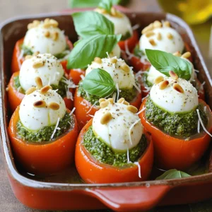 - 4 large, ripe tomatoes - 1 cup fresh mozzarella balls (bocconcini) - 1/2 cup basil pesto, fresh or store-bought - 1/4 cup grated Parmesan cheese - 1/4 cup pine nuts, toasted for added flavor - Salt and pepper, to taste - Fresh basil leaves, for garnish How to choose ripe tomatoes: Look for tomatoes that are firm but slightly soft to touch. Their color should be bright and even. Smell the stem end; it should have a sweet, fresh scent. Selecting high-quality cheese: Choose mozzarella that is fresh and creamy. For Parmesan, look for aged cheese with a nutty flavor. Always buy from trusted brands for the best taste. Recommended brands for basil pesto: If you go for store-bought, I recommend brands like Buitoni or Barilla. They offer great flavor without any preservatives. If you have the time, making your own pesto at home adds freshness and taste. Check out the Full Recipe for more details on how to use these ingredients effectively in your dish! Start by preheating the oven to 375°F (190°C). Preheating is key. It ensures even cooking and helps the cheese melt just right. Next, grab your tomatoes. Cut off the tops carefully. Use a sharp knife for a clean cut. Now, take a spoon and gently scoop out the insides. Aim to leave about a 1/4-inch thick shell. This keeps the tomatoes sturdy. You can toss the seeds and pulp or save them for another tasty recipe. In a medium-sized bowl, mix together the fresh mozzarella balls, basil pesto, grated Parmesan cheese, and toasted pine nuts. Use a spatula or spoon to blend everything well. Make sure every bite has a bit of each flavor. After mixing, taste the filling. Add salt and pepper to season it. Proper seasoning makes a big difference in flavor. Once your tomatoes are filled, place them upright in a baking dish. Make sure they stand securely without wobbling. This helps them cook evenly. Now, pop the dish in the preheated oven. Bake for about 20-25 minutes. You want the tomatoes to be tender and the cheese to be bubbly and golden. Keep an eye on them during baking to avoid overcooking. For the full recipe, check out the details above. To boost the flavor of your pesto mozzarella stuffed tomatoes, try adding some spices or herbs. A pinch of red pepper flakes can add a nice kick. Fresh thyme or oregano can also give a lovely aroma to the dish. If you want a different texture, consider mixing in some finely chopped sun-dried tomatoes or even artichoke hearts. These additions can change the whole vibe of the dish while keeping it fresh. Pair your stuffed tomatoes with a crisp side salad or some garlic bread. A light, tangy vinaigrette complements the rich flavors of the tomatoes. For garnishing, sprinkle some extra grated Parmesan cheese on top after baking. Fresh basil leaves not only add color but also enhance the taste. You could even drizzle some high-quality balsamic glaze for a touch of sweetness. One common mistake is overstuffing the tomatoes. This can lead to a mess and uneven cooking. Make sure to leave enough space for the filling to expand. Another error is not preheating the oven properly. This step is crucial for even cooking. If the oven is not hot enough, your tomatoes may end up soggy instead of tender and flavorful. {{image_4}} You can switch up the filling for your pesto mozzarella stuffed tomatoes. Try different cheeses for new flavors. Creamy goat cheese or tangy feta can add a nice twist. If you want protein, add cooked chicken or turkey for a heartier dish. For vegetarians, consider adding diced bell peppers or zucchini for a fresh crunch. Vegan options are also easy! Use dairy-free cheese and a nut-free pesto made from sunflower seeds. This way, everyone can enjoy a tasty treat. When it comes to serving, you have options. You can enjoy these stuffed tomatoes warm or cold. Warm tomatoes are comforting, while cold ones are refreshing on a hot day. If you want a fun twist, you can turn them into a salad. Simply chop the stuffed tomatoes and mix them with greens, olives, and a light dressing. This is a great way to serve them as an appetizer or a side dish. No matter how you serve them, these tomatoes will impress at any meal. To keep your pesto mozzarella stuffed tomatoes fresh, place them in an airtight container. Refrigerate them right away after they cool down. They stay good for about three days. If you notice any moisture, dab it with a paper towel. This helps avoid soggy tomatoes and keeps flavors intact. When it comes to reheating, you have two great options: the microwave or the oven. The microwave is quick but can make the tomatoes soft. Heat them in short bursts of 30 seconds. Check often to avoid mushiness. Using the oven is better for keeping texture. Preheat it to 350°F (175°C). Place the tomatoes in a baking dish and cover them loosely with foil. Heat for about 10-15 minutes. This method warms them up without losing that lovely taste. Enjoy your meal, whether fresh or reheated! To keep your tomatoes firm, start by choosing the right tomatoes. Look for ripe, meaty ones. Before stuffing, scoop out the seeds and excess pulp. This removes extra moisture. You can also sprinkle the insides with salt. Let them sit for 10-15 minutes. This draws out more liquid, helping to keep your filling intact. Yes, you can use canned tomatoes if fresh ones aren't available. Canned tomatoes are often more convenient. However, they can be more watery and less flavorful. If using canned, drain them well. Pat them dry with a paper towel to reduce moisture. These stuffed tomatoes pair well with many dishes. Serve them with a fresh salad for a light meal. Garlic bread or crusty bread also complements them nicely. For a heartier option, try pairing with grilled chicken or fish. You could even serve them over pasta for a filling dinner. To check if the tomatoes are ready, look for a few signs. They should be tender and slightly wrinkled. The cheese on top should be bubbly and golden brown. If you insert a fork, it should glide in easily. This indicates they are perfectly cooked and ready to enjoy. In summary, we explored the ingredients needed for delicious stuffed tomatoes, including fresh tomatoes, quality cheeses, and the right basil pesto. I shared tips on selecting ripe tomatoes and making flavorful fill-ups. We discussed baking and serving techniques to enhance your dish. Remember, variations are key; you can try different fillings and serving styles based on your taste. Keep these tips in mind to create a dish that impresses. Enjoy your cooking adventure!