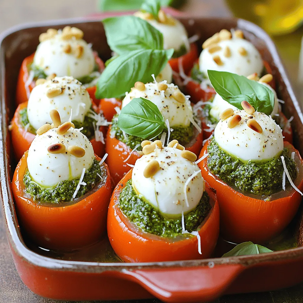 - 4 large, ripe tomatoes - 1 cup fresh mozzarella balls (bocconcini) - 1/2 cup basil pesto, fresh or store-bought - 1/4 cup grated Parmesan cheese - 1/4 cup pine nuts, toasted for added flavor - Salt and pepper, to taste - Fresh basil leaves, for garnish How to choose ripe tomatoes: Look for tomatoes that are firm but slightly soft to touch. Their color should be bright and even. Smell the stem end; it should have a sweet, fresh scent. Selecting high-quality cheese: Choose mozzarella that is fresh and creamy. For Parmesan, look for aged cheese with a nutty flavor. Always buy from trusted brands for the best taste. Recommended brands for basil pesto: If you go for store-bought, I recommend brands like Buitoni or Barilla. They offer great flavor without any preservatives. If you have the time, making your own pesto at home adds freshness and taste. Check out the Full Recipe for more details on how to use these ingredients effectively in your dish! Start by preheating the oven to 375°F (190°C). Preheating is key. It ensures even cooking and helps the cheese melt just right. Next, grab your tomatoes. Cut off the tops carefully. Use a sharp knife for a clean cut. Now, take a spoon and gently scoop out the insides. Aim to leave about a 1/4-inch thick shell. This keeps the tomatoes sturdy. You can toss the seeds and pulp or save them for another tasty recipe. In a medium-sized bowl, mix together the fresh mozzarella balls, basil pesto, grated Parmesan cheese, and toasted pine nuts. Use a spatula or spoon to blend everything well. Make sure every bite has a bit of each flavor. After mixing, taste the filling. Add salt and pepper to season it. Proper seasoning makes a big difference in flavor. Once your tomatoes are filled, place them upright in a baking dish. Make sure they stand securely without wobbling. This helps them cook evenly. Now, pop the dish in the preheated oven. Bake for about 20-25 minutes. You want the tomatoes to be tender and the cheese to be bubbly and golden. Keep an eye on them during baking to avoid overcooking. For the full recipe, check out the details above. To boost the flavor of your pesto mozzarella stuffed tomatoes, try adding some spices or herbs. A pinch of red pepper flakes can add a nice kick. Fresh thyme or oregano can also give a lovely aroma to the dish. If you want a different texture, consider mixing in some finely chopped sun-dried tomatoes or even artichoke hearts. These additions can change the whole vibe of the dish while keeping it fresh. Pair your stuffed tomatoes with a crisp side salad or some garlic bread. A light, tangy vinaigrette complements the rich flavors of the tomatoes. For garnishing, sprinkle some extra grated Parmesan cheese on top after baking. Fresh basil leaves not only add color but also enhance the taste. You could even drizzle some high-quality balsamic glaze for a touch of sweetness. One common mistake is overstuffing the tomatoes. This can lead to a mess and uneven cooking. Make sure to leave enough space for the filling to expand. Another error is not preheating the oven properly. This step is crucial for even cooking. If the oven is not hot enough, your tomatoes may end up soggy instead of tender and flavorful. {{image_4}} You can switch up the filling for your pesto mozzarella stuffed tomatoes. Try different cheeses for new flavors. Creamy goat cheese or tangy feta can add a nice twist. If you want protein, add cooked chicken or turkey for a heartier dish. For vegetarians, consider adding diced bell peppers or zucchini for a fresh crunch. Vegan options are also easy! Use dairy-free cheese and a nut-free pesto made from sunflower seeds. This way, everyone can enjoy a tasty treat. When it comes to serving, you have options. You can enjoy these stuffed tomatoes warm or cold. Warm tomatoes are comforting, while cold ones are refreshing on a hot day. If you want a fun twist, you can turn them into a salad. Simply chop the stuffed tomatoes and mix them with greens, olives, and a light dressing. This is a great way to serve them as an appetizer or a side dish. No matter how you serve them, these tomatoes will impress at any meal. To keep your pesto mozzarella stuffed tomatoes fresh, place them in an airtight container. Refrigerate them right away after they cool down. They stay good for about three days. If you notice any moisture, dab it with a paper towel. This helps avoid soggy tomatoes and keeps flavors intact. When it comes to reheating, you have two great options: the microwave or the oven. The microwave is quick but can make the tomatoes soft. Heat them in short bursts of 30 seconds. Check often to avoid mushiness. Using the oven is better for keeping texture. Preheat it to 350°F (175°C). Place the tomatoes in a baking dish and cover them loosely with foil. Heat for about 10-15 minutes. This method warms them up without losing that lovely taste. Enjoy your meal, whether fresh or reheated! To keep your tomatoes firm, start by choosing the right tomatoes. Look for ripe, meaty ones. Before stuffing, scoop out the seeds and excess pulp. This removes extra moisture. You can also sprinkle the insides with salt. Let them sit for 10-15 minutes. This draws out more liquid, helping to keep your filling intact. Yes, you can use canned tomatoes if fresh ones aren't available. Canned tomatoes are often more convenient. However, they can be more watery and less flavorful. If using canned, drain them well. Pat them dry with a paper towel to reduce moisture. These stuffed tomatoes pair well with many dishes. Serve them with a fresh salad for a light meal. Garlic bread or crusty bread also complements them nicely. For a heartier option, try pairing with grilled chicken or fish. You could even serve them over pasta for a filling dinner. To check if the tomatoes are ready, look for a few signs. They should be tender and slightly wrinkled. The cheese on top should be bubbly and golden brown. If you insert a fork, it should glide in easily. This indicates they are perfectly cooked and ready to enjoy. In summary, we explored the ingredients needed for delicious stuffed tomatoes, including fresh tomatoes, quality cheeses, and the right basil pesto. I shared tips on selecting ripe tomatoes and making flavorful fill-ups. We discussed baking and serving techniques to enhance your dish. Remember, variations are key; you can try different fillings and serving styles based on your taste. Keep these tips in mind to create a dish that impresses. Enjoy your cooking adventure!