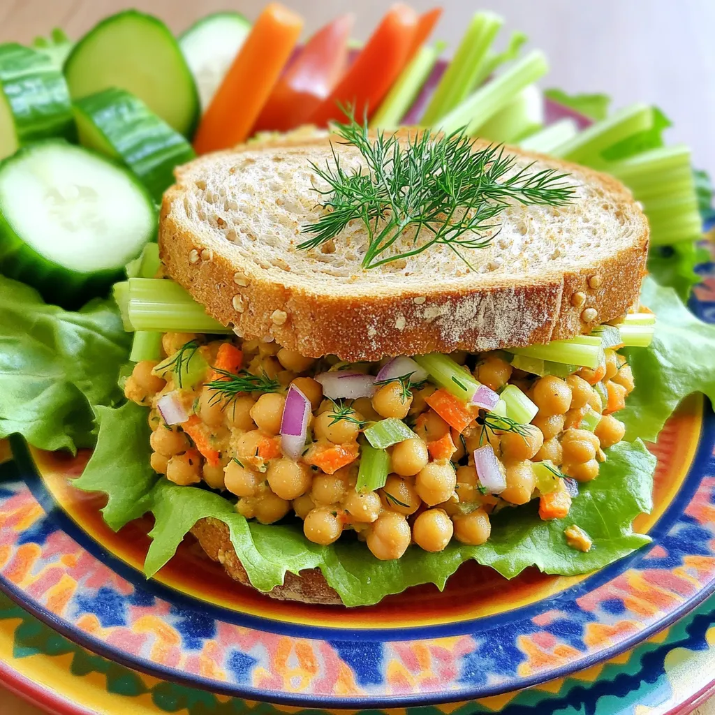 To make a tasty chickpea salad sandwich, you need simple ingredients. Here’s what you will need: - 1 can (15 oz) chickpeas, thoroughly drained and rinsed - 2 tablespoons mayonnaise (or a plant-based alternative) - 1 tablespoon Dijon mustard - 1 celery stalk, finely diced - 1 small red onion, finely chopped - 1 small carrot, grated for texture - 1 tablespoon fresh dill, finely chopped (or 1 teaspoon dried dill) - 1 tablespoon freshly squeezed lemon juice - Salt and black pepper to taste - 4 slices of whole grain bread - Fresh lettuce leaves for garnish These items blend well together, creating a creamy and crunchy sandwich filling. If you have dietary needs, you can easily swap some ingredients. Here are some ideas: - Chickpeas: You can use canned white beans or lentils. - Mayonnaise: Try avocado or tahini for a different taste. - Dijon Mustard: Use yellow mustard if you prefer milder flavors. - Celery: Cucumbers or bell peppers also add crunch. - Dill: Fresh parsley or cilantro can give a fresh twist. These swaps keep the dish tasty while meeting your needs. Choosing fresh produce makes a big difference. Here are my tips: - Chickpeas: Look for canned varieties with no added salt. - Celery: Choose stalks that are crisp and bright green. - Onions: Select firm onions with a smooth skin. - Carrots: Pick carrots that are firm and not soft. - Dill: Fresh dill should smell strong and be vibrant in color. Fresh ingredients enhance flavor and nutrition in your sandwich. Enjoy making your Easy Chickpea Salad Sandwich with these tips! For the full recipe, check out the Chickpea Delight Sandwich. Start by gathering your ingredients. You will need one can of chickpeas, mayonnaise, Dijon mustard, a celery stalk, red onion, a small carrot, fresh dill, lemon juice, salt, and pepper. 1. Open the chickpeas and drain them well. Rinse them under cold water. This helps remove extra salt. 2. Put the chickpeas in a large bowl. Use a fork or potato masher to mash them. It’s okay to leave some whole for texture. 3. Next, add the mayonnaise and Dijon mustard to the bowl. This will keep the salad creamy and flavorful. 4. Chop the celery, onion, and grate the carrot. Add these to the bowl along with the dill and lemon juice. 5. Mix everything together until well combined. Taste your mixture and add salt and pepper as needed. Now that your mixture is ready, it’s time to build your sandwich. 1. Take two slices of whole grain bread. Lay them flat on a clean surface. 2. Spread a generous amount of the chickpea salad on each slice. Make sure to cover the bread evenly. 3. Add a handful of fresh lettuce on top of the chickpea spread. This adds a nice crunch. 4. Place the remaining slices of bread on top to complete your sandwich. If you like a warm sandwich, follow these steps. 1. Toast the bread in a toaster or a skillet until golden brown. This gives the sandwich a nice crunch. 2. Once toasted, slice each sandwich diagonally for easy handling. 3. Serve your sandwiches on a colorful plate. Pair them with fresh vegetable sticks like cucumbers or bell peppers for a bright and healthy meal. 4. For a nice touch, sprinkle some extra dill on top of the sandwiches before serving. Enjoy your Easy Chickpea Salad Sandwich, a quick and healthy meal that tastes great! For the full recipe, check out the earlier section. To get the best texture, mash the chickpeas gently. You want some whole pieces to add bite. If you mash them too much, the salad may become too creamy. Use a fork or masher for control. Aim for a mix of chunky and smooth. This balance gives your salad a nice mouthfeel. For a tasty kick, add spices like garlic powder or paprika. These flavors mix well with the chickpeas. Also, fresh herbs can brighten the dish. Try parsley or cilantro for a fresh twist. Don’t forget to adjust salt and pepper. Taste as you go to find your perfect blend. A squeeze of extra lemon juice can also enhance the freshness. Using the right tools makes cooking fun and easy. A sturdy mixing bowl is key for combining ingredients. A good masher helps you get that perfect consistency. Keep a sharp knife handy for chopping veggies. A cutting board is essential for safe prep. If you love cooking, consider a food processor for quick mixing. It speeds up the process and makes cleanup easier. Check out the Full Recipe for more tips! {{image_4}} You can easily boost this chickpea salad sandwich with more protein. Consider adding diced cooked chicken, turkey, or even tofu for a plant-based option. Each of these choices adds flavor and texture. You can also mix in some cooked quinoa or lentils for a twist. These additions make the sandwich heartier and more filling. You can change up the spreads and breads to keep things exciting. Instead of mayonnaise, try using hummus or avocado for creaminess. These options add unique flavor and nutrition. For bread, you can use sourdough, pita, or even lettuce wraps for a lighter choice. Each option gives the sandwich a new spin while still tasting great. You can easily make this sandwich vegan and gluten-free. Use a plant-based mayonnaise to keep it vegan. For a gluten-free version, choose gluten-free bread or lettuce wraps. This way, everyone can enjoy the sandwich without missing out. These options ensure that your meal is inclusive and delicious for all diets. Feel free to explore the Full Recipe for more ideas on how to customize your chickpea salad sandwich! If you have leftover chickpea salad, store it in an airtight container. This keeps it fresh. Place it in the fridge. It will last for about three days. Make sure to cover it well to avoid drying out. The flavors will blend and improve as it sits. To keep your chickpea salad sandwiches fresh, wrap them tightly in plastic wrap. You can also use aluminum foil for extra protection. Store them in the fridge. Try to eat them within two days for the best taste. If you notice the bread getting soggy, consider packing the salad and bread separately. You can freeze the chickpea salad if you want to save it for later. Use a freezer-safe container or bag. It will stay good for up to three months. When you are ready to eat it, thaw it in the fridge overnight. Then, mix it again before serving. However, I do not recommend freezing the assembled sandwich. The bread may get mushy after freezing. For the best results, always prepare the sandwiches fresh. For the full recipe, check the earlier sections. You can use plain yogurt or mashed avocado. Both options add creaminess and flavor. If you want a lighter choice, try hummus or tahini. These alternatives keep the sandwich tasty while being healthier. Yes, you can make this sandwich ahead of time. Store the chickpea mixture in the fridge for up to three days. Just keep the bread separate until you're ready to eat. This helps to keep the bread from getting soggy. Fresh veggie sticks are great. Try carrot, cucumber, or bell pepper sticks for crunch. A simple green salad is also a good option. You can even add some fruit like apples or grapes for a sweet touch. For a fun twist, serve with baked chips or whole grain crackers. These sides balance the meal and add variety. This blog post walks you through making an easy chickpea salad sandwich. We covered the ingredients needed, tips for fresh produce, and how to mix and serve your salad. You learned about variations, storage tips, and answers to common questions. Enjoy this healthy and tasty meal any day. Feel free to get creative with flavors and ingredients. Trust your choices, and make it your own. You’ll love the results!