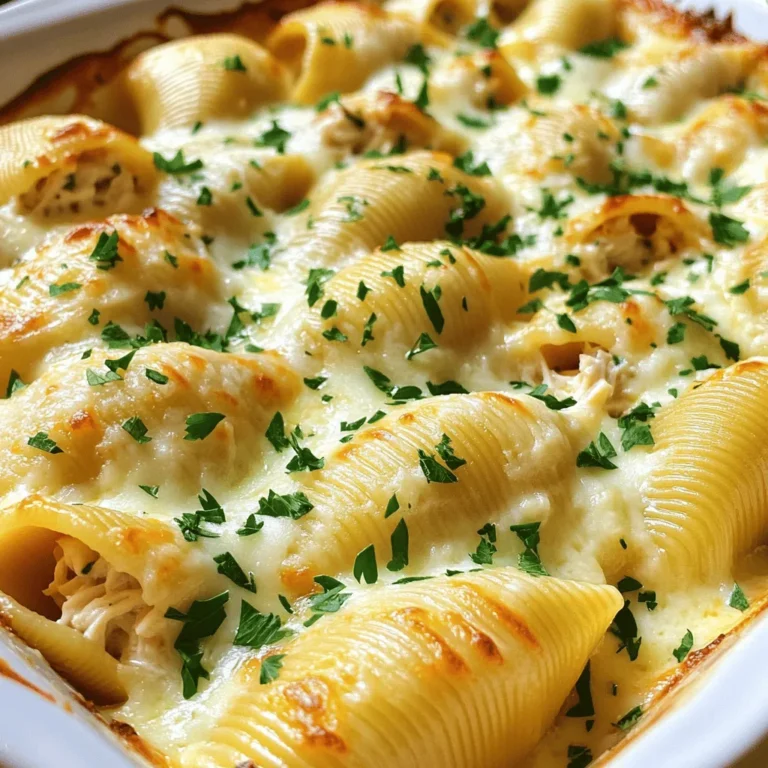 - 12 large pasta shells - 2 cups cooked chicken, shredded - 1 cup ricotta cheese - 1 cup shredded mozzarella cheese (plus additional for topping) - 1/2 cup grated Parmesan cheese - 2 cups Alfredo sauce (store-bought or homemade) - 1 teaspoon garlic powder - 1 teaspoon Italian seasoning - Salt and pepper to taste - Fresh parsley, chopped (for garnish) For this Chicken Alfredo stuffed shells recipe, you need a few key ingredients. First, the large pasta shells are the perfect size to hold all that creamy goodness. You also need cooked chicken. I usually use rotisserie chicken because it saves time. The ricotta cheese gives a nice, creamy texture. Next, add shredded mozzarella and grated Parmesan for that cheesy flavor. The Alfredo sauce, which you can buy or make, is a must for that rich taste. For seasoning, garlic powder and Italian seasoning bring out the flavors. Don't forget to add a bit of salt and pepper to taste. Finally, sprinkle fresh parsley on top for a pop of color. You can find the full recipe to see how everything comes together. - Preheat the oven: Set your oven to 375°F (190°C). This step helps cook the dish evenly. - Cook the pasta shells: Boil a pot of salted water. Add the large pasta shells carefully. Follow the package's cooking time until they are just slightly firm, or al dente. Drain them in a colander and let them cool for a bit. - Prepare the filling mixture: In a big bowl, mix together shredded chicken, ricotta cheese, 1 cup of shredded mozzarella, grated Parmesan, garlic powder, and Italian seasoning. Add salt and pepper to taste. Stir until the mix is smooth and well blended. - Stuff the shells with filling: Take a spoon and gently fill each pasta shell with the chicken and cheese mix. Place them in a greased 9x13 inch baking dish. Make sure they are in a single layer to help them cook right. - Add the sauce: Pour the creamy Alfredo sauce over the stuffed shells. Cover each shell well to keep them moist during baking. - Top with cheese: Sprinkle the remaining mozzarella cheese over the sauce. This adds a nice cheesy finish. - Bake the dish: Cover the dish with aluminum foil. This helps prevent the cheese from burning. Bake for 20 minutes. After that, take off the foil and bake for another 10 minutes, or until the cheese is bubbly and golden brown. After baking, let the dish cool for a few minutes. Enjoy your delicious Chicken Alfredo Stuffed Shells! For the complete details, check the Full Recipe. To make stuffed shells right, you need the best pasta. I like large pasta shells. They hold lots of filling and look great on the plate. When cooking the shells, aim for al dente. This means they should be firm but not hard. Overcooked shells will break when you stuff them. For a great taste, you can make your own Alfredo sauce. It’s simple and fresh. You just need butter, cream, and cheese. If you want extra flavor, add garlic or nutmeg. You can also mix in fresh herbs like basil or parsley. A sprinkle of red pepper flakes adds a nice kick too. Pair your Chicken Alfredo stuffed shells with a fresh green salad. The crispness of the salad balances the creamy pasta. Garlic bread is another great side; it’s perfect for scooping up any extra sauce. For a nice touch, serve the shells on a large platter. Add some chopped parsley on top for color. This makes the dish look even more appetizing. Follow the [Full Recipe](#) for all the details! {{image_4}} You can switch up the protein in Chicken Alfredo Stuffed Shells easily. Ground turkey or beef works well. Both give a rich taste and fit well in the shells. If you want a lighter option, ground chicken is great too. For vegetarian options, you can use mushrooms or spinach. They add flavor and nutrients without meat. Tofu is also a good choice. It soaks up the sauce nicely and adds protein. You can play with the sauce to create different flavors. Try adding garlic or herbs to the Alfredo sauce. This gives it a fresh taste. You might also enjoy a white wine cream sauce for a twist. Adding roasted vegetables to the sauce works wonders too. Think peppers, zucchini, or even spinach. This makes the dish colorful and healthy. Cheese can change the whole vibe of your dish. You can mix in different cheeses like fontina or gouda. These cheeses melt beautifully and add a new flavor. If you want a lighter option, try part-skim mozzarella. For those who avoid dairy, vegan cheese is a great alternative. Look for brands made from nuts or soy. They can also melt well and taste great. To store Chicken Alfredo stuffed shells in the fridge, let them cool first. Place them in an airtight container. Keep them in the fridge for up to three days. For best freshness, cover the top with a bit of extra Alfredo sauce. This keeps the shells moist and tasty. To freeze stuffed shells, first let them cool completely. Then, place them in a single layer on a baking sheet. Freeze until solid, about two hours. After that, pack them in a freezer-safe container or bag. They can last for up to three months in the freezer. When you’re ready to eat, thaw them in the fridge overnight. Reheat in the oven at 350°F (175°C) for about 25 minutes. Cover with foil to avoid drying out. Enjoy your delicious meal again! Can I use non-dairy substitutes? Yes, you can! Use non-dairy cheese and a plant-based Alfredo sauce. This keeps the dish creamy without dairy. How long does it take to cook from frozen? If you cook from frozen, add about 15 to 20 minutes to the baking time. This ensures everything heats through well. What can I serve with Chicken Alfredo Stuffed Shells? These shells pair great with a fresh green salad or warm garlic bread. Both options add balance to your meal. Why are my shells falling apart? Overcooking the pasta shells can cause this. Make sure to cook them just until al dente. How can I prevent the filling from spilling out? Don’t overfill the shells. Fill them just enough, but leave some space at the top. This helps keep the filling secure. What's the best way to know when it's fully cooked? Check if the cheese on top is bubbly and golden brown. You can also insert a knife to see if it’s hot inside. Can I make this dish ahead of time? Absolutely! You can prepare the shells and store them in the fridge. Just bake them when you're ready to eat. For details, check the Full Recipe. In this article, we explored how to make Chicken Alfredo Stuffed Shells. We covered the key ingredients, including pasta shells, chicken, and cheeses. I shared clear steps for preparation, filling, and baking. We also discussed tips for perfecting your dish and variations to suit your taste. Remember, cooking is fun and can be creative. Don't hesitate to try new flavors or ingredients. Enjoy your delicious stuffed shells and share them with friends and family!