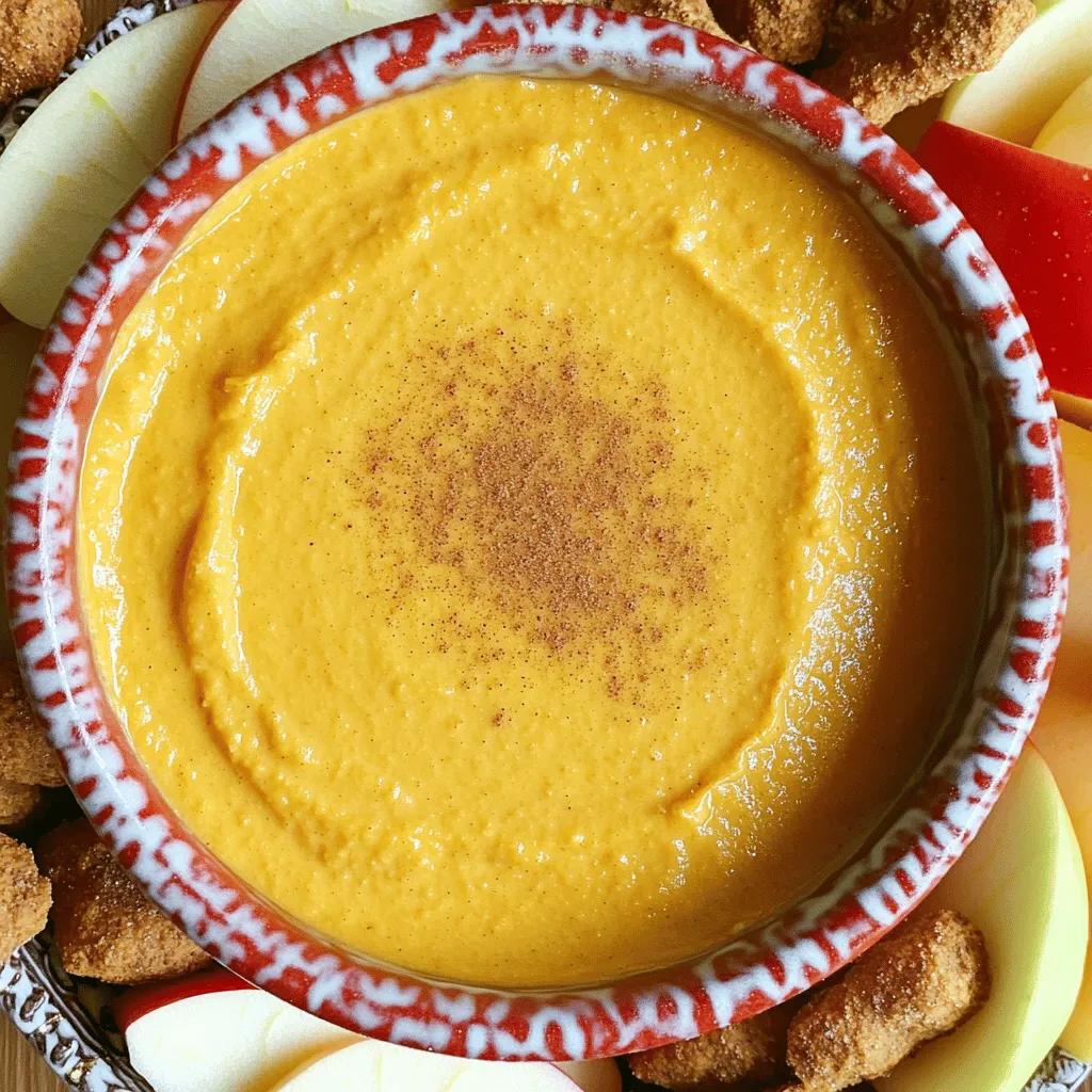 To make your Cookie Butter Pumpkin Dip, you need a handful of simple ingredients. Here's what you'll need: - 1 cup pumpkin puree - 1/2 cup cookie butter - 1/2 cup cream cheese, softened - 1/4 cup powdered sugar - 1 teaspoon vanilla extract - 1/2 teaspoon ground cinnamon - 1/4 teaspoon ground nutmeg - 1/4 teaspoon ginger powder - A pinch of salt - Ginger snaps or apple slices for dipping Each ingredient plays a role in creating a rich and creamy dip. The pumpkin puree brings a smooth texture and a hint of fall flavor. Cookie butter adds sweetness and spice, while cream cheese gives the dip its creamy base. The powdered sugar sweetens the mix, and vanilla extract enhances the flavor. Ground cinnamon, nutmeg, and ginger powder add warmth and depth. A small pinch of salt balances everything out. For dipping, ginger snaps give a nice crunch, while apple slices add a fresh taste. You can find the full recipe [here](#). Enjoy mixing these ingredients for an easy and delicious treat! Start by placing the softened cream cheese and cookie butter into a mixing bowl. Use an electric mixer to beat them together on medium speed. You want the mixture to be smooth and creamy. This base creates a rich and tasty dip. Next, add the pumpkin puree to the bowl. Blend everything together on low speed. This helps to combine the flavors well. You should see a uniform texture. Gradually sift in the powdered sugar. Add it in small amounts to avoid lumps. Mix after each addition until fully incorporated. This step ensures your dip is just sweet enough without being overpowering. Now, stir in the vanilla extract, ground cinnamon, nutmeg, ginger powder, and a pinch of salt. Mixing these ingredients together makes the dip fragrant and flavorful. Keep blending until everything is well combined. Taste your dip. If you want it sweeter or spicier, adjust it to your liking. You can add a bit more powdered sugar or spices. Blend again until mixed well. Finally, scoop the dip into a serving bowl. Cover it with plastic wrap. Place it in the fridge for at least 30 minutes. Chilling enhances the flavors and makes it even better. For the full recipe, check out the details provided earlier. Softened cream cheese is key. It makes mixing easy and helps avoid lumps. If your cream cheese is cold, it won’t blend well. Leave it out for about 30 minutes before you start. When you mix, use an electric mixer on medium speed. This helps create a smooth and creamy dip. To prevent lumps, combine the cream cheese and cookie butter first. Mix until the texture is silky. Then, add the pumpkin puree slowly. Mixing on low speed at this stage helps keep the dip smooth. You might want to tweak the sweetness. If you like it sweeter, add more powdered sugar. Remember to mix well each time you add sugar. Taste as you go! Spices can also be adjusted. If you love cinnamon, add a bit more. For a spicy kick, try adding more ginger. Personalizing the flavors makes the dip your own. Serving bowl choice matters. Use a fall-themed bowl to match the season. It makes your dip look festive. For a fun twist, try a bowl with patterns or colors that pop. When arranging dippers, think about color and texture. Place ginger snaps on one side and apple slices on the other. This contrast creates a beautiful display. For a touch of elegance, use the back of a spoon to swirl the dip. This simple detail makes the dip look gourmet. For the complete recipe, check out the Full Recipe. {{image_4}} You can make Cookie Butter Pumpkin Dip even more exciting with different flavors. Adding extra spices can really enhance the taste. Try a dash of allspice or cloves for a warm kick. If you want a sweeter note, a bit of brown sugar will do the trick. You can also add a splash of maple syrup for a rich flavor. Seasonal flavors can change the game too. Consider mixing in some finely chopped cranberries or pecans for texture. These add a nice crunch and a burst of flavor. You can also fold in some caramel sauce for a sweet twist. Each of these suggestions creates a unique dip that is fun to explore. When it comes to dipping, the options are endless! For a healthy twist, try fresh vegetable sticks like carrots or celery. These add a nice crunch and balance the sweet dip. You can also use rice cakes for a low-calorie choice. For sweet pairings, think about using pretzels or graham crackers. Their saltiness pairs well with the dip’s sweetness. You might even enjoy chocolate-covered strawberries for a fun treat. Mixing sweet and savory dippers creates a fun tasting experience. If you have dietary needs, there are great options! For gluten-free dippers, use apple slices or gluten-free cookies. These are tasty and safe for everyone. You can also swap in gluten-free graham crackers for a sweet treat. For a vegan version, use dairy-free cream cheese. Many brands offer great options that taste just as good. You can also use coconut whipped cream instead of regular cream cheese. These swaps keep the dip creamy and delicious, while fitting various diets. For the full recipe, check out the Cookie Butter Pumpkin Dip recipe to create your own delightful version! To store your leftover Cookie Butter Pumpkin Dip, place it in an airtight container. This keeps it fresh and prevents it from absorbing other fridge smells. Use a glass or plastic container with a tight lid for the best results. Make sure to let the dip cool to room temperature before sealing it. This helps avoid condensation inside the container. If you want to save some dip for later, freezing works well. First, scoop the dip into a freezer-safe container. Leave some space at the top, as the dip may expand when frozen. Seal it tightly and label it with the date. To thaw, move it to the fridge for several hours or overnight before you serve it again. Stir well after thawing to restore the smooth texture. In the fridge, your dip can last about four to five days. Look for any changes in color or smell as signs of spoilage. If it has a watery layer on top or smells off, it's best to toss it. Enjoy this dip while it’s fresh for the best taste! Yes, you can make this dip ahead of time. Just prepare the dip and place it in a bowl. Cover it tightly with plastic wrap or a lid. Store it in the fridge for up to two days. This allows the flavors to blend well. It also makes your party prep easier. Just remember to give it a good stir before serving. If you need a substitute for cookie butter, try sunflower seed butter or almond butter. They add a nutty flavor. For a sweet touch, mix in some brown sugar or maple syrup. These options are great for those with nut allergies. Each choice will give the dip a unique twist! You can serve the dip warm if you prefer. To heat it, place the dip in a microwave-safe bowl. Heat it in short bursts, stirring in between. This helps keep the texture smooth. Warm dip pairs well with dippers like pretzels or warm bread. The best dippers include: - Ginger snaps - Apple slices - Graham crackers - Soft pretzels - Carrot sticks These options bring a nice mix of flavors and textures. You can even try cookies or biscotti for a fun twist! This dip is perfect for parties! It serves about 6 to 8 people. You can easily double the recipe for larger gatherings. Guests love the creamy texture and sweet flavor. Arrange the dip with a variety of dippers for a colorful spread. This will please any crowd! For the full recipe, check out the earlier sections. This dip brings great flavors and fun for everyone. By mixing pumpkin, cookie butter, and spices, you create a delicious treat. Remember to chill for the best taste. Get creative with dippers and toppings to impress your guests. Explore variations and alternatives based on your needs. With easy storage tips, you can enjoy this dip later. Now, you're ready to delight friends and family at any gathering!
