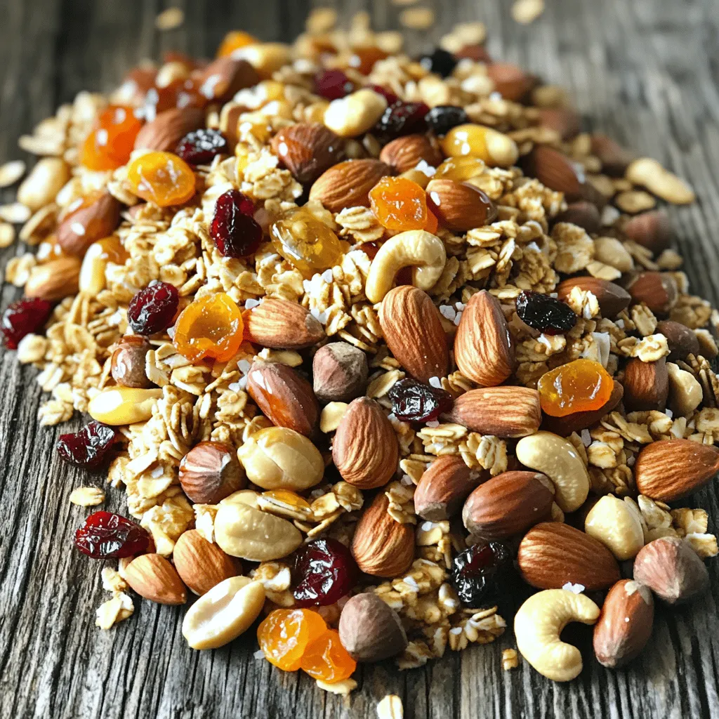 - Mixed nuts: Use 2 cups of mixed nuts like almonds, cashews, and pecans. These add a crunchy texture and healthy fats. You can switch the types based on your taste or what you have at home. - Sweeteners: Choose between ½ cup of honey or ¼ cup of pure maple syrup. Honey gives a floral taste, while maple syrup has a rich flavor. You can mix both for a unique taste, but keep the total amount the same. - Additional components: Add 1 cup of rolled oats and 1 cup of puffed rice cereal for more crunch. These ingredients help bind the mix and add fiber. You can also sprinkle in 1 teaspoon of ground cinnamon for warmth and flavor. This blend of ingredients creates a tasty and satisfying snack. Each component plays a role in making the Honey Nut Snack Mix both delicious and healthy. For the complete recipe details, check the Full Recipe for step-by-step instructions. 1. Preheat the Oven: Start by setting your oven to 350°F (175°C). This ensures a proper bake for your mix. Line a large baking sheet with parchment paper. This will keep the mix from sticking. 2. Mix Dry Ingredients: In a big bowl, combine 2 cups of mixed nuts, 1 cup of rolled oats, and 1 cup of puffed rice cereal. Use a spatula or your hands to mix them well. You want everything evenly spread. 3. Prepare the Liquid Mixture: In a small saucepan, add ½ cup of honey and ¼ cup of pure maple syrup. Heat this mixture on low. Stir it for about 2-3 minutes until it becomes smooth. 1. Flavor the Syrup: After warming, take the saucepan off the heat. Add 1 teaspoon of cinnamon and ½ teaspoon of fine sea salt. Stir this until the spices mix in well. 2. Combine Wet and Dry: Pour the warm syrup over the nut and oat mixture. Use a spatula or wooden spoon to mix it all together. Make sure every piece gets the sticky goodness. 1. Spread on Baking Sheet: Transfer the mix to your prepared baking sheet. Use a spatula to spread it out into a single layer. This helps it toast evenly. 2. Bake to Perfection: Place the baking sheet in the oven. Bake for 15-20 minutes. Stir it every 5 minutes to ensure even toasting. Look for a golden brown color and a nice smell. 3. Cool the Mixture: After baking, take the sheet out of the oven. Let the snack mix cool completely on the sheet. This helps it crisp up. 4. Add Finishing Touches: Once cooled, fold in ½ cup of dried fruit and ½ cup of chocolate chips, if you want. This recipe is not just tasty; it’s easy too! For the complete details, check the Full Recipe. To boost the taste of your honey nut snack mix, try adding spices. Cinnamon is a great start, but you can also use nutmeg or vanilla extract. If you want a kick, add a pinch of cayenne pepper for a bit of heat. Adjust the sweetness to fit your taste. If you like it sweeter, add more honey or maple syrup. If you prefer less sweetness, cut back on the sweeteners. Meal prepping this snack mix is easy and smart. You can mix the dry ingredients ahead of time and store them in a jar. Keep the wet ingredients in a separate container. This way, all you have to do is mix and bake when you’re ready. For freshness, store your nuts and dried fruits in airtight containers. This keeps them crunchy and tasty longer. Get creative when serving your snack mix. You can use small mason jars for a fun and cute presentation. Fill each jar with the mix and tie a ribbon around it for gifts or parties. You can also serve it in bowls for family movie night. Pair the mix with yogurt or fruit for a tasty snack. It’s perfect for any occasion, from picnics to game days. For the full recipe, check out the Honey Nut Snack Mix 🥜 recipe section! {{image_4}} If you want a nut-free mix, try seeds like pumpkin or sunflower. These give a nice crunch and add nutrition. You can also use roasted chickpeas for a different texture. For flavor, consider using different nuts. Walnuts, hazelnuts, or macadamia nuts can change things up. Each nut has a unique taste that can make your mix special. While honey and maple syrup are great, there are other sweet options. Agave nectar or brown rice syrup can work well too. If you want to cut sugar, try stevia or monk fruit sweetener. These natural sweeteners can still give you that sweet taste without extra calories. Adjust the amount to match your taste. Get creative with dried fruits! Options like raisins, apricots, or even banana chips can add flavor. You can also try adding seeds like chia or flax. They boost the nutrition and add a nice crunch. Want a sweet touch? Toss in some dark chocolate or yogurt-covered raisins. For a kick, sprinkle in some cinnamon or nutmeg. This way, you can make your mix truly yours. For the complete recipe, check out the Full Recipe. To keep your honey nut snack mix fresh, use an airtight container. Glass jars or plastic bins work well. Make sure the lid seals tightly. This helps keep moisture out and preserves the mix's crunch. When stored correctly, your snack mix can last up to two weeks. After this, it may lose its taste and texture. If you notice a soft or chewy feel, it’s time to toss it. Staleness can also show in a dull color or off smell. Freezing is a great way to extend the life of your snack mix. Place it in an airtight freezer bag or container. Keep it in the freezer for up to three months. When ready to eat, take it out and let it thaw at room temperature. If it feels a bit soft, pop it in the oven at 350°F for a few minutes to crisp it up. This helps refresh the flavors and texture. Honey nut snack mix is a tasty treat packed with nutrients. Here’s a breakdown of its key ingredients: - Mixed nuts: Nuts provide healthy fats, protein, and fiber. They can help keep you full and satisfied. - Rolled oats: Oats are rich in fiber, which aids digestion. They also help lower cholesterol. - Puffed rice cereal: This adds a light crunch. It's low in calories and can provide some carbs for energy. - Honey: Honey is a natural sweetener. It offers antioxidants and may soothe a sore throat. - Maple syrup: This adds a unique flavor and more antioxidants. It can help regulate blood sugar levels. - Cinnamon: This spice may help lower blood sugar. It also adds a warm, sweet flavor to the mix. - Dried fruit: Fruits like cranberries or apricots add vitamins and minerals. They also provide a natural sweetness. Yes, you can easily make this snack mix gluten-free. Here are some tips: - Use gluten-free oats: Make sure to check the label. Some oats may be processed with gluten products. - Puffed rice cereal: Choose a gluten-free brand. Many puffed rice cereals are naturally gluten-free. - Mixed nuts: Ensure the nuts are raw or roasted without gluten-containing seasonings. Adjusting this snack mix is simple. Here are some ideas: - Vegan: Replace honey with agave syrup or maple syrup. Both work well and keep it sweet. - Nut-free: Use seeds like pumpkin or sunflower seeds. They offer a similar crunch and nutrition. - Low-sugar: Cut back on honey and maple syrup. You can also use a sugar substitute like stevia or monk fruit. You can find the full recipe for Honey Nut Snack Mix by following this link to the complete recipe details. Enjoy making this delicious snack! In this blog post, we explored how to create a tasty honey nut snack mix. We covered ingredients, preparation steps, and helpful tips for flavor and storage. You learned about variations to meet your own taste and dietary needs. With simple adjustments, you can easily tailor this mix for any occasion. Remember, it’s about having fun and enjoying the process. Now, gather your ingredients and start making your perfect snack mix today!
