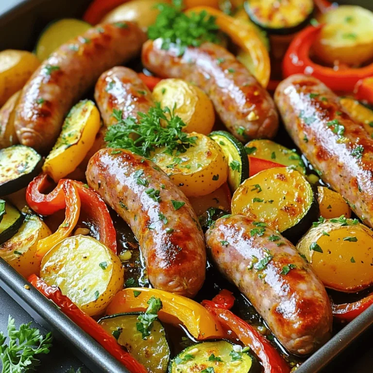 To make the One-Pan Roasted Sausage and Veggies, you need a few simple ingredients. Here’s what you will need: - 4 Italian sausages (choose from chicken, turkey, or pork for your preference) - 1 red bell pepper, sliced into strips - 1 yellow bell pepper, sliced into strips - 1 medium zucchini, sliced into half-moons - 1 red onion, cut into wedges - 2 cups baby potatoes, halved or quartered for even cooking - 4 cloves garlic, minced - 3 tablespoons extra virgin olive oil - 1 teaspoon dried oregano - 1 teaspoon smoked paprika for a hint of warmth - Salt and black pepper to taste - Fresh parsley, chopped, for garnish (optional) These ingredients create a colorful and tasty meal. You can mix and match the vegetables based on what you have at home. This flexibility makes the recipe fun and easy to adapt. Using fresh herbs or spices can boost the flavor, too. For more details on how to prepare this dish, check out the Full Recipe. Set your oven to 425°F (220°C). This high heat helps the dish roast well. Wash your red and yellow bell peppers well. Slice them into strips. Next, take the zucchini and cut it into half-moons. Cut the red onion into wedges. Halve or quarter the baby potatoes for even cooking. Put all these veggies into a large mixing bowl. Drizzle three tablespoons of olive oil over the veggies. Add minced garlic, oregano, smoked paprika, salt, and black pepper. Toss everything together. Make sure the veggies are well-coated with oil and seasoning. Spread the veggies on one half of a large baking sheet. Place four Italian sausages on the other half of the baking sheet. Ensure enough space between the sausages and veggies for proper roasting. Roast everything in the preheated oven for 25-30 minutes. Flip the sausages halfway through cooking. This helps them brown evenly. The sausages should reach 165°F (74°C) inside. When the cooking time is up, take the baking sheet out of the oven. Let it cool for a few minutes. If you like, sprinkle chopped fresh parsley on top. This adds color and freshness to your dish. For the full recipe, refer to the details above. Enjoy your delicious and easy meal! To get an even roast, set your oven to 425°F (220°C). This temperature helps the sausages and veggies cook well. Spread the veggies out in a single layer on the pan. This space allows hot air to circulate, and they roast better. If you crowd the pan, they may steam instead of roast. Flip the sausages halfway through cooking for a nice brown color. This simple step makes a big difference. Want to boost the flavor? Try adding more herbs. Fresh thyme or rosemary works great here. A touch of red pepper flakes can add heat. For a zesty twist, squeeze some lemon juice over the dish before serving. You can also sprinkle some cheese, like feta or Parmesan, on top for a rich finish. These small tweaks can make your dish pop! This dish pairs well with a fresh salad or crusty bread. A side of creamy mashed potatoes complements the textures. You can also serve it with a dipping sauce, like mustard or a light vinaigrette. This adds an extra layer of flavor. For a fun twist, try serving it over rice or quinoa. Each option brings a new taste to your meal. For the complete recipe, check the Full Recipe section. {{image_4}} You can change up the sausage for fresh flavors. Try chicken or turkey for a leaner option. If you want a spicy kick, go for chorizo. Veggie sausages also work well for a meat-free meal. Each type adds its own taste and texture. Feel free to swap in your favorite veggies. Carrots add sweetness, while broccoli brings a nice crunch. Sweet potatoes can give a hearty touch. Toss in asparagus or green beans for bright color and taste. The key is to use what you love. For gluten-free diets, choose gluten-free sausages. You can also skip the sausage and go plant-based. For low-carb diets, focus on non-starchy veggies like zucchini and bell peppers. Cauliflower can replace potatoes for a great texture. Enjoy the dish while meeting your needs. To keep your One-Pan Roasted Sausage and Veggies fresh, store leftovers in an airtight container. Place the container in the fridge within two hours of cooking. This keeps the food safe and tasty. You can enjoy the leftovers for up to three days. If you notice any strange smells or colors, it's best to toss it out. To reheat the dish, use an oven or microwave. For the oven, preheat it to 350°F (175°C). Place the leftovers in a baking dish and cover it with foil. Warm it for about 15-20 minutes or until hot. If using a microwave, place a serving on a microwave-safe plate. Heat it for 1-2 minutes, stirring halfway through. Check to ensure it's warm all the way through. Freezing is a great option if you want to save some for later. First, let the dish cool completely. Then, put it in a freezer-safe container or a heavy-duty freezer bag. Remove as much air as possible to prevent freezer burn. You can freeze it for up to three months. When you're ready to eat, thaw it in the fridge overnight. Reheat it using the methods above for the best taste. For the full recipe, check out One-Pan Roasted Sausage and Veggies Delight. Yes, you can use frozen vegetables. They save time and cut prep work. However, they may change the cooking time and texture. Frozen veggies often release more water while cooking. This can make your dish a bit soggy. To avoid this, increase the cooking time by 5 to 10 minutes. Check if the veggies are tender before taking them out. You can pair this dish with many tasty sides. Here are some great options: - Rice: White or brown rice adds a nice base. - Salad: A fresh green salad can balance the meal. - Bread: Crusty bread is perfect for soaking up juices. - Wine: A glass of red wine complements the sausage well. These choices elevate your dinner and make it more complete. Spicing up this dish is easy and fun! Here are some tips: - Red pepper flakes: Sprinkle some on before roasting. - Hot sauce: Drizzle it on top before serving. - Spicy sausage: Choose a spicy sausage for extra heat. - Fresh jalapeños: Add sliced jalapeños to the veggies. These ideas will bring warmth and flavor to your meal. For the full recipe, check out One-Pan Roasted Sausage and Veggies Delight. This blog post gave you a simple guide for making One-Pan Roasted Sausage and Veggies. We looked at the key ingredients, like different sausages and fresh vegetables. You now know how to prepare, cook, and serve this dish, plus tips for flavor and storage. Experiment with your favorite ingredients to make it your own. Enjoy the process, and share your tasty results with friends!
