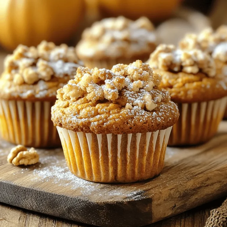 - 1 cup pumpkin puree - 1/2 cup brown sugar - 1/4 cup granulated sugar - 1/2 cup vegetable oil - 2 large eggs These main ingredients make your muffins moist and tasty. Pumpkin puree adds great flavor and a soft texture. The sugars bring sweetness and a slight crunch. Vegetable oil keeps muffins rich and tender. Eggs bind everything together, giving structure. - 1 1/2 cups all-purpose flour - 1 teaspoon baking powder - 1 teaspoon baking soda - 1 teaspoon ground cinnamon - 1/2 teaspoon ground nutmeg - 1/4 teaspoon ground ginger - 1/4 teaspoon salt The dry ingredients create the base of the muffins. All-purpose flour provides the needed structure. Baking powder and baking soda help the muffins rise and become fluffy. Spices like cinnamon, nutmeg, and ginger add warmth and depth to the flavor. Salt enhances all the tastes. - 1/2 cup walnuts or pecans, chopped - 1/2 cup streusel topping (see recipe below) You can add chopped nuts for crunch and flavor. They add a nice texture to the muffins. The streusel topping gives a sweet and crumbly finish. It adds a touch of indulgence to each bite. If you want a little more flavor, feel free to mix in your favorite add-ins. For the Full Recipe, check the previous sections for detailed instructions and tips. First, set your oven to 350°F (175°C). This is the perfect temperature for baking. While the oven warms up, prepare your muffin tin. You can line it with paper liners or grease it lightly with non-stick spray. This helps your muffins come out easily later. For the streusel topping, you need a few simple ingredients: - 1/2 cup all-purpose flour - 1/4 cup brown sugar - 1/2 teaspoon ground cinnamon - 1/4 cup cold butter, cubed Mix these in a small bowl. Use a fork or a pastry cutter to blend until it looks like coarse crumbs. This texture adds a nice crunch to your muffins. Next, it’s time to mix the wet ingredients. In a large bowl, combine: - 1 cup pumpkin puree - 1/2 cup brown sugar - 1/4 cup granulated sugar - 1/2 cup vegetable oil - 2 large eggs - 1 teaspoon vanilla extract Whisk these together until smooth. In another bowl, prepare your dry ingredients: - 1 1/2 cups all-purpose flour - 1 teaspoon baking powder - 1 teaspoon baking soda - 1 teaspoon ground cinnamon - 1/2 teaspoon ground nutmeg - 1/4 teaspoon ground ginger - 1/4 teaspoon salt Whisk these together as well to mix the spices and leavening agents. Then, gently stir the dry mix into the wet mix. Be careful not to overmix. This keeps your muffins light and fluffy. Now, take a spoon or a cookie scoop to fill each muffin cup. Fill them about two-thirds full. This gives them room to rise. After that, sprinkle the streusel topping over each muffin. Make sure it covers well for that delightful crunch. Place the muffin tin into your preheated oven. Bake for 20-25 minutes. You know they are done when a toothpick comes out clean from the center of a muffin. Once baked, let them cool in the tin for 5-10 minutes. Then, move the muffins to a wire rack to cool completely. Avoiding Overmixing Overmixing can make your muffins tough. Mix just until you see no dry flour. This keeps your muffins light and fluffy. Ingredients at Room Temperature Using room temperature ingredients helps create a smooth batter. It mixes better and bakes evenly. Take your eggs and oil out ahead of time. Use of Muffin Liners Muffin liners make cleanup easy and help muffins hold their shape. They also keep the muffins from sticking to the pan. Ensuring Even Baking To bake evenly, place your muffin tin in the center of the oven. Rotate the tin halfway through baking for even heat. Spice Variations You can change the spices to suit your taste. Try adding allspice or cardamom for a unique twist. Each spice adds its own flavor depth. Additional Toppings For extra crunch, top your muffins with nuts or a drizzle of glaze. Chocolate chips also add a sweet touch. Explore different toppings to find your favorite! For the complete recipe, check the Full Recipe section. {{image_4}} Gluten-Free Options You can easily make these muffins gluten-free. Substitute all-purpose flour with a gluten-free blend. Make sure your blend has xanthan gum for better texture. Dairy-Free Substitutions For a dairy-free version, replace the butter in the streusel topping with coconut oil. Use almond milk or oat milk instead of regular milk if your recipe calls for it. Adding Chocolate Chips Chocolate chips add a sweet twist to these muffins. Use semi-sweet chocolate chips or dark chocolate for a richer taste. Simply fold in about half a cup of chips into your batter before baking. Different Nuts or Fruits Switch up the nuts or fruits for more flavor. Chopped pecans or almonds can give a nice crunch. You can also add dried cranberries or fresh blueberries for a fruity touch. Holiday Theme Ideas For the holidays, add spices like cloves or allspice for warmth. You can also top the muffins with a light glaze of maple syrup for a festive look. Adapting for Different Occasions Make these muffins for any special event! For Halloween, add a sprinkle of orange zest or colored sprinkles on top. For Thanksgiving, serve them with a side of spiced cream cheese frosting. Explore these variations for a delightful twist on your Coffee Cake Pumpkin Muffins! For the Full Recipe, check out the detailed instructions above. Room Temperature Tips You can store your Coffee Cake Pumpkin Muffins at room temperature. Place them in an airtight container. This keeps them fresh for up to three days. Make sure they cool completely before sealing. Refrigerator Storage If you want to keep them longer, place the muffins in the fridge. Store them in a sealed container. They can last about a week in the fridge. Just remember, they may dry out a bit. Freezing Instructions Freezing is a great option for long-term storage. Wrap each muffin tightly in plastic wrap. Place them in a freezer bag or a container. They can last up to three months frozen. Thawing Process To thaw, simply take out a muffin and leave it at room temperature. This usually takes about an hour. You can also microwave them for about 20 seconds. This helps to keep them warm and soft. How to Keep Muffins Moist To keep your muffins moist, avoid overmixing the batter. Overmixing can lead to dry muffins. Use fresh ingredients, and store them in an airtight container. This helps maintain their moisture. Signs of Spoilage Check for mold or unusual smells. If the muffins feel dry or hard, they are likely spoiled. Always trust your senses when it comes to food safety. Yes, you can use canned pumpkin. It saves time and works well. Just ensure it is pure pumpkin, not pumpkin pie filling. Canned pumpkin gives the muffins a nice, moist texture. I often keep a few cans in my pantry for quick baking. To check if the muffins are done, insert a toothpick in the center. If it comes out clean, they are ready. The tops should look golden brown. You can also gently press on the top; it should spring back. Yes, you can make the batter ahead of time. Store it in the fridge for up to 24 hours. When you are ready to bake, give it a gentle stir. This method can save you time on busy mornings. Absolutely! You can use whole wheat flour instead of all-purpose flour. You can also reduce the sugar or use a natural sweetener. Adding applesauce can replace some oil, making them lighter. These changes still keep the flavor delicious. These muffins pair perfectly with coffee or tea. You can also serve them with cream cheese spread for a rich flavor. A sprinkle of powdered sugar on top makes them look fancy, too. To reheat your muffins, place them in the microwave for about 10-15 seconds. You can also warm them in the oven at 350°F for about 5 minutes. This will make them taste fresh and tasty again. You can find the Full Recipe for Coffee Cake Pumpkin Muffins in the earlier sections of this article. Enjoy baking and savoring these delightful treats! To sum up, we covered the essential ingredients and steps to make delicious Coffee Cake Pumpkin Muffins. You learned about key components like pumpkin puree and spices, and how to mix them just right. The tips for moist muffins and variations will help you customize your bake. Remember, you can easily store leftovers for later enjoyment. Enjoy your baking journey and share these treats with others—they're sure to impress!