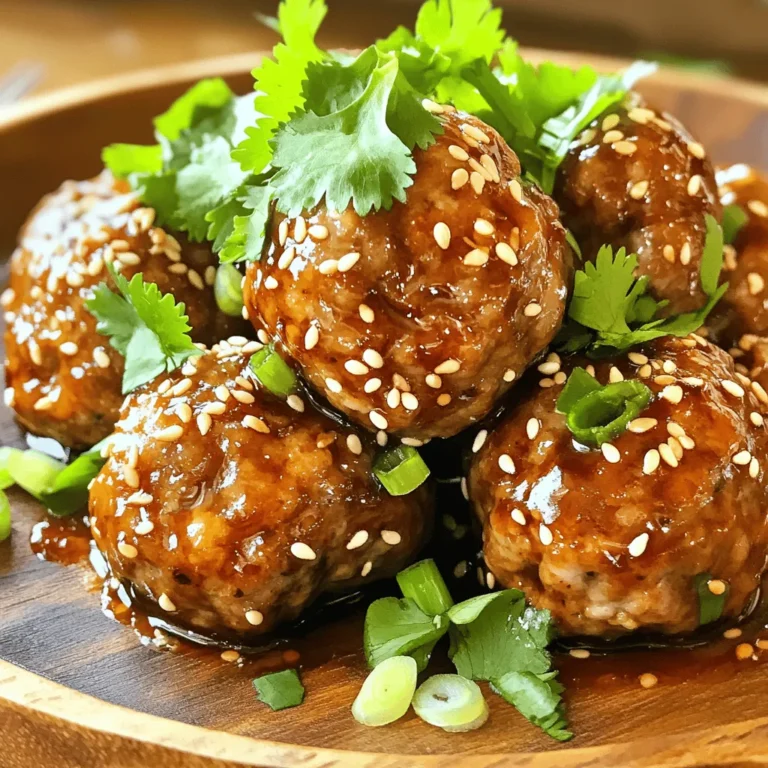 - Ground meat options: You can use ground chicken or turkey. Both are lean and perfect for meatballs. - Breadcrumbs: I recommend panko. It gives the meatballs a great crunchy texture. - Flavor enhancers: Garlic, ginger, and green onions add depth to the meatballs. They make the dish pop with flavor. - Soy sauce: This is the heart of teriyaki sauce. It brings a salty, umami flavor that enhances the meatballs. - Brown sugar: It adds a sweet touch, balancing the saltiness of the soy sauce. Rice vinegar also adds a nice tang. - Sesame oil: This oil gives a rich, nutty flavor. Toss in sesame seeds at the end for a crunchy finish. For the full recipe, check the recipe section. 1. First, preheat your oven to 400°F (200°C). This step is key for even cooking. 2. Next, line a baking sheet with parchment paper. This keeps the meatballs from sticking. 3. In a large bowl, mix the ground chicken or turkey, panko breadcrumbs, and chopped green onions. 4. Add minced garlic, grated ginger, and a pinch of salt and pepper. 5. Use your hands or a spatula to blend everything well. This ensures all the flavors combine. 1. Now, shape the mixture into small meatballs. Make each one about one inch in size. 2. Place the meatballs on the lined baking sheet. Make sure they have space between them. 3. Bake the meatballs for about 20 minutes. They should turn golden brown and reach 165°F (75°C) inside. 1. While the meatballs bake, let’s make the teriyaki sauce. 2. In a small saucepan over medium heat, mix soy sauce, brown sugar, rice vinegar, sesame oil, and sesame seeds. 3. Stir the sauce until the sugar dissolves. Cook for 2-3 minutes until it simmers. 1. After the meatballs are done, transfer them to a large bowl. 2. Pour the warm teriyaki sauce over the meatballs. Gently toss them to coat. 3. To serve, plate the meatballs neatly. Drizzle extra sauce on top for added flavor. 4. Garnish with sesame seeds and fresh cilantro or sliced green onions for a pop of color. For the full recipe, check out the detailed instructions. Enjoy your cooking! To get the best meatball texture, use ground chicken or turkey. Both meats keep them moist. Panko breadcrumbs are key for crunch. They soak up juices but stay light. Mix the meat and breadcrumbs well. This helps bind them together. When shaping, keep them about one inch wide. This size cooks evenly and stays juicy. Seasoning is important. Use salt, pepper, garlic, and ginger for flavor. Balance the taste to keep it interesting. You can boost teriyaki flavor with extra ingredients. Try adding pineapple juice for sweetness. A dash of chili flakes brings heat. You can also mix in sesame seeds for crunch. Let the meatballs sit in the sauce for a few minutes. This step helps the flavors blend. The longer they sit, the better they taste. For a beautiful plate, use a large platter. Arrange the meatballs in a circle or a line. Drizzle extra teriyaki sauce over the top. Garnish with sesame seeds and green onions. Fresh cilantro adds a nice touch. Offer small bowls for extra sauce. Serve with rice or steamed vegetables on the side. This will create a complete meal. You can find the full recipe in the earlier section for more tips. {{image_4}} You can switch up the protein in your teriyaki meatballs. Ground beef or pork works well. If you prefer a plant-based option, try lentils or chickpeas. When using beef or pork, you may need to cook longer. Always check the internal temperature to reach 165°F for safety. Want to make your meatballs more fun? Add chopped bell peppers or carrots to the mix. You can also incorporate fruits, like pineapple, for a sweet twist. If you like heat, try adding chili paste to the teriyaki sauce. It gives a spicy kick that balances the sweetness. You can bake your meatballs, but frying them on the stovetop gives a nice crust. If you’re short on time, use a slow cooker or an instant pot. Both methods keep the meatballs juicy and tender. Adjust the cooking time to ensure they are fully cooked through. Check out the Full Recipe for more details on making these delicious teriyaki meatballs. To keep your teriyaki meatballs fresh, follow these steps: - Refrigeration: Place the meatballs in an airtight container. They last up to four days in the fridge. - Freezing: For longer storage, freeze them. Use freezer-safe bags or containers. They can last up to three months. Make sure to label your containers with the date. This helps you know when to use them. When reheating, you want to keep your meatballs moist. Here’s how: - Microwave: Place meatballs on a microwave-safe plate. Cover them with a damp paper towel. Heat in 30-second intervals until warm. This method is quick but can dry them out if overcooked. - Oven: Preheat your oven to 350°F (175°C). Place the meatballs on a baking sheet. Cover with foil to keep them moist. Bake for about 10-15 minutes or until heated through. This method helps maintain their texture better. With these storage and reheating tips, you can enjoy your teriyaki meatballs anytime! Check out the Full Recipe for more delicious details. You can use regular breadcrumbs, crushed crackers, or even oats. If you need gluten-free options, try ground almonds or gluten-free breadcrumbs. Regular breadcrumbs will make your meatballs softer and less crunchy. Panko gives a nice crunch and texture. Yes, you can! Prepare the meatballs and store them in the fridge for up to two days. You can also freeze them for later. When ready to eat, thaw in the fridge overnight. Reheat them in the oven at 350°F (175°C) for 15-20 minutes. This keeps them juicy and warm. Not all teriyaki sauces are gluten-free. Many use soy sauce, which contains gluten. Look for gluten-free soy sauce brands, like tamari. You can also make homemade gluten-free teriyaki sauce. Combine gluten-free soy sauce, brown sugar, rice vinegar, and sesame oil. This way, you can enjoy teriyaki safely! Teriyaki meatballs are a delicious dish that you can easily make at home. We covered key ingredients like ground meat, panko breadcrumbs, and flavor enhancers. You learned step-by-step instructions for prepping, baking, and making the sauce. We also explored tips for perfect texture and ways to enhance flavor. These meatballs are not only tasty but also customizable. Try different proteins or cooking methods to suit your taste. Enjoy your cooking adventure!
