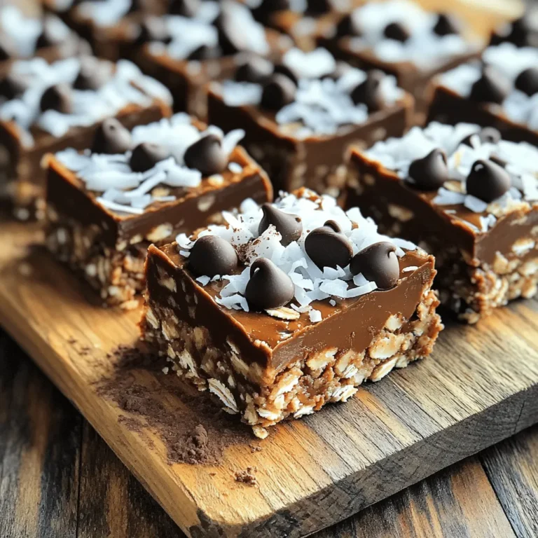 To make these No-Bake Chocolate Oat Bars, you need simple ingredients that pack a punch. Here’s what you’ll need: - 2 cups rolled oats - 1 cup almond butter (or peanut butter) - 1/2 cup honey or maple syrup - 1/4 cup unsweetened cocoa powder - 1/2 cup dark chocolate chips - 1/4 cup shredded coconut (optional) - 1/4 teaspoon salt - 1 teaspoon vanilla extract - Handful of chopped nuts (optional) These ingredients work together to create a chewy, crunchy, and tasty treat. The oats provide great texture, while the nut butter gives a rich flavor. Honey or maple syrup adds just the right sweetness. Cocoa powder and dark chocolate chips bring that chocolatey goodness you love. You can even add shredded coconut or nuts if you want an extra crunch! Using the Full Recipe, you can easily whip these up in your kitchen. The best part? You don’t need to bake anything! Just mix, press, and chill. Enjoy your delicious bars as a snack or dessert. To start, grab a large mixing bowl. Combine 2 cups of rolled oats, 1/4 cup of unsweetened cocoa powder, and 1/4 teaspoon of salt. Stir these dry ingredients well. If you like, add 1/4 cup of shredded coconut to the mix. This gives a nice flavor and crunch. Next, take a microwave-safe bowl. Warm 1 cup of almond butter and 1/2 cup of honey for about 20-30 seconds. This makes it easy to mix. After warming, add 1 teaspoon of vanilla extract. Stir until smooth. Now, pour the warm almond butter mix over the dry ingredients. Mix everything thoroughly. Ensure the dry ingredients get coated well. Then, gently fold in 1/2 cup of dark chocolate chips and a handful of chopped nuts if you want some extra crunch. Prepare an 8x8 inch square baking dish by lining it with parchment paper. Let some paper hang over the edges. This helps with easy removal later. Transfer the oat mixture into the dish. Press it down firmly with a spatula to create an even layer. Finally, place the baking dish in the refrigerator. Let it chill for at least 1 hour. This helps the bars firm up. After chilling, lift the bars out using the parchment paper. Cut them into squares or bars as you like. For the full recipe, check out the detailed instructions above. Using fresh ingredients makes a big difference in taste. Fresh oats and nut butter add rich flavor. If you want a twist, try different nut butters like cashew or sunflower. Each one brings its own unique taste. This keeps your treats exciting and new. For a lovely touch, dust your bars with cocoa powder or coconut before serving. This adds a nice look and extra flavor. Arrange the bars on a decorative platter. Pair them with tea or coffee for a cozy snack time. This small detail elevates your treat’s appeal. One key mistake is not pressing the mixture firmly enough into the dish. This can lead to crumbly bars. Make sure you press down hard to help them stay together. Another mistake is overheating the almond butter mixture. Heat it just enough to mix well. Too much heat can change the texture, making it less smooth. Following these tips ensures your no-bake chocolate oat bars turn out perfectly every time. For the full recipe, check out the detailed guide. {{image_4}} You can change the taste of your No-Bake Chocolate Oat Bars easily. First, try adding dried fruits like cranberries or raisins. They give a sweet, chewy bite. You can also mix in spices like cinnamon or sea salt. Cinnamon adds warmth, while sea salt enhances the chocolate flavor. If you need a vegan version, use maple syrup instead of honey. This will keep it sweet and tasty. For those with nut allergies, substitute almond butter with sunflower seed butter. This keeps the bars creamy and adds a nice nutty flavor. Explore these options to make the bars fit your needs! For the full recipe, check out the detailed instructions earlier. To keep your no-bake chocolate oat bars fresh, store them in an airtight container in the fridge. This helps maintain their texture and flavor. If you want to keep them longer, you can freeze them. Just wrap each bar tightly in plastic wrap before placing them in a freezer-safe bag. These bars taste best when eaten within one week if kept in the fridge. If you freeze them, they can last up to two to three months. Just remember to let them thaw in the fridge before enjoying. This way, you will always have a tasty treat ready for snacking! Yes, but the texture will differ slightly. Quick oats are more processed. They will blend in better but may lose that chewy bite. Rolled oats give a nice, hearty crunch. Use certified gluten-free oats and ensure all other ingredients are gluten-free. Check labels closely. Not all honey or sweeteners are gluten-free, so be cautious. Absolutely, you can use agave nectar or other liquid sweeteners. Brown rice syrup works too. Each sweetener has its own flavor, so feel free to experiment! Pair them with yogurt or serve with fresh fruit for a balanced snack. They also taste great with a glass of milk. You can even crumble them over ice cream for a treat! You learned how to make tasty no-bake chocolate oat bars. Gathering simple ingredients like oats, nut butter, and cocoa powder is easy. Following step-by-step instructions helps you mix and chill the bars perfectly. Remember to press the mixture firmly for the best texture. Don’t forget about fun flavor variations and clever storage tips! Enjoy these bars as snacks or desserts, and feel free to share them with friends and family. Making these bars can add joy to your day.
