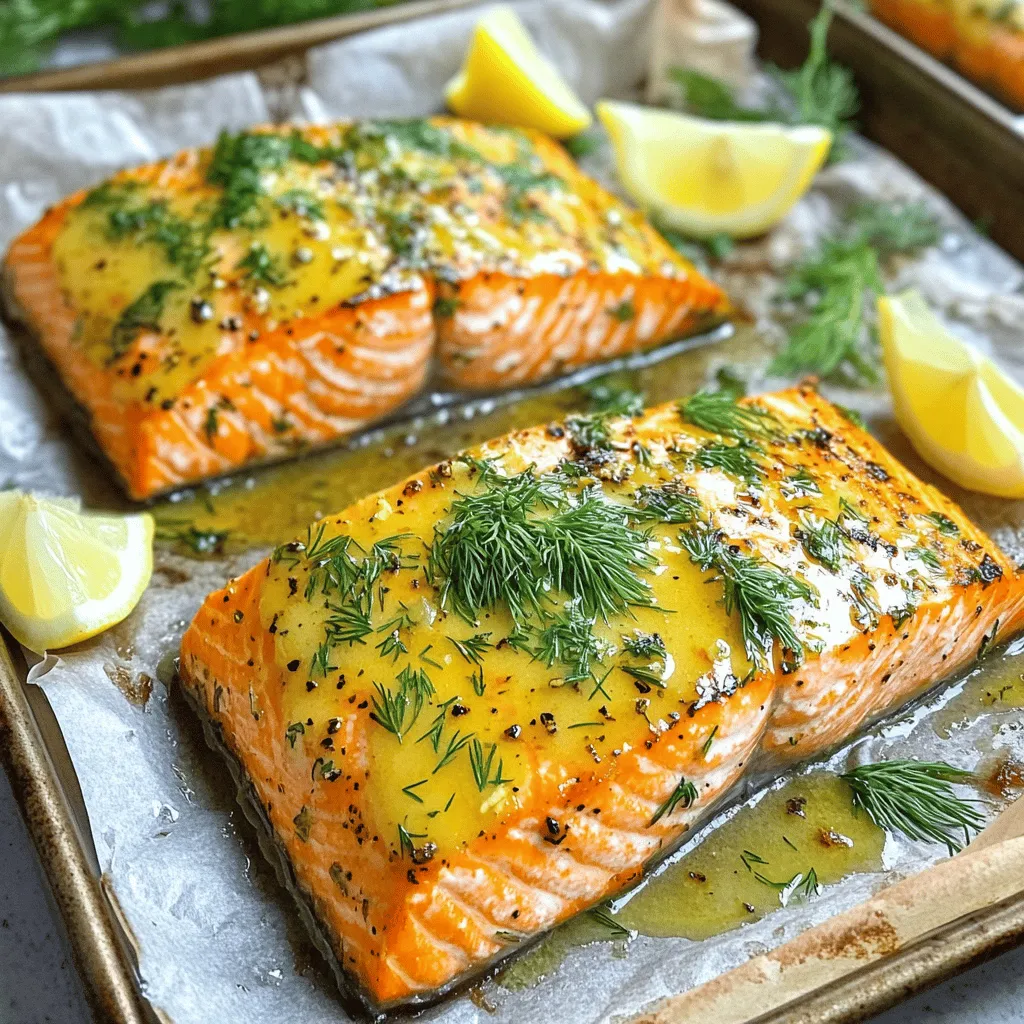 - 4 salmon fillets (6 oz each, skin-on for added flavor) - 4 tablespoons unsalted butter, softened to room temperature - 4 cloves garlic, finely minced - 2 tablespoons fresh parsley, finely chopped - 1 tablespoon fresh dill, finely chopped - 1 tablespoon freshly squeezed lemon juice - Salt and freshly ground black pepper, to taste - Lemon wedges (for serving) - Optional: additional fresh herbs (like basil or chives) for garnish When you prepare garlic herb butter salmon, quality ingredients matter. I always choose skin-on salmon fillets. The skin adds rich flavor and helps keep the fish moist while cooking. For the butter, use unsalted. This lets you control the salt level, making a big difference in taste. Garlic is the star here. I like to finely mince the garlic cloves. This ensures the flavor spreads evenly. Fresh herbs bring brightness to the dish. Parsley and dill work well together. They add freshness that balances the richness of the salmon. Lemon juice adds a zesty kick. I always use fresh lemon juice for the best flavor. The seasoning is simple. Just salt and black pepper to taste. I recommend tasting as you go to find your perfect balance. For serving, I often add lemon wedges. They brighten up the plate and give a fresh burst of flavor when squeezed on top. If you want to impress, add extra fresh herbs like basil or chives for garnish. This not only looks beautiful but enhances the flavor too. For the full recipe, check out the detailed instructions to bring this dish to life. - Preheat your oven to 400°F (200°C). - Line a baking sheet with parchment paper or aluminum foil. - In a mixing bowl, combine softened butter, minced garlic, chopped parsley, and dill. - Add lemon juice and seasoning. - Blend the ingredients until smooth. - Place salmon fillets skin-side down on the baking sheet. - Season the fillets with salt and pepper. - Spread the garlic herb butter mixture generously over the fillets. - Bake for 12-15 minutes until the salmon is opaque and flakes easily. This method ensures rich flavor in every bite. For the full recipe, check out the details. To get the best salmon, start with dry fillets. Pat them down with a paper towel. This helps the fish brown nicely and gives it a great texture. If your fillets are thick, you may need to cook them a bit longer. Thin fillets will bake faster, so keep an eye on them. You can make your meal even better by adding sides. Steamed veggies or rice pair well with the salmon. For a beautiful touch, use fresh herbs to garnish your dish. They not only look nice but also add extra flavor. Enjoy your meal with a squeeze of lemon for a bright finish. For the full recipe, check out the complete details above. {{image_4}} You can change the herbs in this recipe for a twist. Try using basil, chives, or tarragon. Each herb brings a unique taste to the dish. If you like a little heat, sprinkle in some red pepper flakes. This small addition can make a big difference. There are more ways to cook this salmon. Grilling it gives a nice smoky flavor. You can also pan-sear it for a crisp finish. Another fun method is using a foil packet. This method locks in moisture and infuses the salmon with flavor. It keeps the fish juicy and tender. Try these variations to create your perfect dish. For the full recipe, check out the details above. You can store any leftover salmon in the fridge. Place it in an airtight container. It stays fresh for up to 3 days. Before you store it, let the salmon cool down. This helps keep it moist and tasty. When it’s time to eat your leftovers, you have a couple of options. You can use a microwave set on low power. This warms it up without drying it out. Another way is to gently reheat the salmon in the oven. Just avoid cooking it too long. Overheating can make the salmon tough. Enjoy your meal again with that rich garlic herb flavor! For the full recipe, check out the main article. The best types of salmon for this recipe are King salmon and Sockeye salmon. King salmon offers a rich flavor and a buttery texture. Sockeye salmon is also flavorful and has a firm, deep red flesh. Both types enhance the dish's taste and make each bite special. Yes, you can use frozen salmon fillets. However, it is important to thaw them before cooking. This helps the salmon cook evenly. To thaw, place the fillets in the fridge overnight or run them under cold water for faster results. You can tell salmon is cooked when it flakes easily with a fork. The flesh should also be opaque throughout. If you see any translucent areas, the salmon needs a bit more time. Keep an eye on it while it cooks for the best results. This post covered all the steps to make tasty baked salmon. We started with fresh ingredients like salmon, garlic, and herbs. I shared tips on baking, seasoning, and serving. Remember, the right herbs can change the flavor. You can use alternatives or different cooking methods for fun twists. Store leftovers properly for easy reheating. With these details, you’ll create delicious salmon every time. Enjoy your cooking adventures and feel free to experiment!